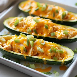 To make Buffalo Chicken Zucchini Boats, gather these key items: - 4 medium zucchinis - 2 cups cooked shredded chicken - 1/2 cup buffalo sauce (adjust for heat preference) - 1/2 cup cream cheese, softened - 1/2 cup shredded cheddar cheese - 1/4 cup green onions, chopped - Salt and pepper to taste - Olive oil for drizzling These ingredients create a bold and flavorful dish that everyone will enjoy. The zucchini acts as a great base, while the buffalo sauce brings the heat. The cream cheese makes everything creamy and rich. You can swap some ingredients if needed. Here are some ideas: - Use ground turkey or beef instead of chicken for a different taste. - Swap cream cheese for Greek yogurt for a lighter option. - Try mozzarella cheese in place of cheddar for a milder flavor. - Use different hot sauces if you want to change up the spice level. - Chives or parsley can replace green onions for a fresh twist. These substitutions can help you cater to your taste or dietary needs while keeping the dish delicious. Each serving of Buffalo Chicken Zucchini Boats typically contains: - Calories: 350 - Protein: 30g - Carbohydrates: 10g - Fat: 20g - Fiber: 3g This dish is not only tasty but also packed with protein, making it a filling meal. The zucchini adds fiber and keeps the dish light. Enjoy this healthy option that satisfies your cravings! {{ingredient_image_1}} First, gather your zucchinis. You need four medium zucchinis for this dish. Slice each zucchini in half lengthwise. Use a spoon to scoop out the centers. Make sure to leave about 1/4-inch of zucchini along the edges. This keeps the boats stable. Place the zucchini halves on a baking sheet lined with parchment paper. Drizzle them lightly with olive oil. This adds flavor and helps with cooking. In a medium bowl, combine two cups of cooked shredded chicken with 1/2 cup of buffalo sauce. Adjust the sauce based on how spicy you want the filling. Next, add 1/2 cup of softened cream cheese. This makes the filling creamy and rich. Then, mix in 1/4 cup of chopped green onions and half of the shredded cheddar cheese. Stir everything until it&rsquo;s well mixed. Season with salt and pepper to taste. This step is key for flavor. Now it's time to fill the zucchini boats. Spoon the buffalo chicken mixture into each boat, filling them generously. Make sure to pack the filling well. Sprinkle the remaining cheddar cheese on top of each filled zucchini boat. Preheat your oven to 375&deg;F (190&deg;C). Bake the zucchini boats for about 25 to 30 minutes. They should be tender, and the cheese should be melted and bubbly. Once done, let them cool slightly before serving. Enjoy your bold and flavorful dish! To get the best texture, choose firm zucchinis. They should not be too soft. Cut them in half lengthwise. Scoop out the center, but leave some flesh for strength. This helps them hold the filling well. Bake them long enough to make them tender, but not mushy. Check them around 25 minutes. If they are tender and the cheese is golden, they are ready. Buffalo sauce can be spicy. Start with half a cup, but taste as you go. If you like it hot, add more sauce. If you want it milder, mix in some cream cheese. This will calm the heat. Adjusting the sauce lets you make it just right for your taste. To make your dish look great, use a nice platter. Place the zucchini boats side by side. Top them with extra green onions for color. Drizzle more buffalo sauce over the top for flair. This makes it pop and look inviting. You can also add a side of ranch or blue cheese for dipping. Pro Tips Choose Fresh Zucchini: Opt for firm zucchinis that are bright in color for the best flavor and texture. Customize the Heat: Adjust the amount of buffalo sauce based on your heat tolerance; you can also mix in some ranch dressing to mellow it down. Cheese Variations: Try using different types of cheese like mozzarella or pepper jack for a unique twist on flavor. Make Ahead: You can prepare the filling in advance and assemble the zucchini boats right before baking for a quick weeknight meal. {{image_2}} You can make a vegetarian version of these zucchini boats. Swap the chicken for cooked quinoa or lentils. Mix them with buffalo sauce and cream cheese. You can also add black beans for a hearty texture. This makes a filling dish packed with protein. You still get the great flavors of buffalo sauce without meat. Feel free to get creative with toppings. Consider adding diced tomatoes or avocado for freshness. You could sprinkle some crumbled feta or blue cheese on top. These toppings add more flavor and texture. Don't forget a drizzle of ranch dressing for a creamy finish. Each bite will be a tasty surprise. You can adjust this recipe for different diets. For a dairy-free option, use vegan cream cheese and cheese. If you're watching carbs, skip the cheese or use less. You can even make it gluten-free by checking the sauce label. This way, everyone can enjoy buffalo chicken zucchini boats! To keep your Buffalo Chicken Zucchini Boats fresh, store them in an airtight container. Let them cool to room temperature before sealing the container. Place the container in the fridge. They will stay good for about three days. When you are ready to enjoy the leftovers, preheat your oven to 350&deg;F (175&deg;C). Place the zucchini boats on a baking sheet. Cover them with foil to keep them moist. Heat in the oven for about 15-20 minutes. You can also use a microwave for quick reheating. Just heat them for 1-2 minutes, but the oven gives better results. If you want to save these tasty boats for later, freezing is a great option. Before freezing, make sure they are cool. Wrap each zucchini boat tightly in plastic wrap. Then, place them in a freezer bag or container. They can last for up to three months in the freezer. When you're ready to eat, thaw them overnight in the fridge before reheating. Yes, you can use fresh chicken. Start by cooking the chicken fully. You can grill, bake, or boil it. Once cooked, shred the chicken with two forks. This method works great for flavor and texture. To prevent watery zucchini boats, choose smaller zucchinis. Larger ones tend to have more water. When preparing, scoop out the centers gently, leaving enough flesh. You can also sprinkle salt inside the boats and let them sit for a few minutes. This draws out excess moisture. Pat them dry before filling. Many side dishes pair nicely with buffalo chicken zucchini boats. Here are some great options: - Coleslaw &ndash; The crunch adds a nice texture. - Corn on the cob &ndash; Sweet corn complements the spicy flavors. - Sweet potato fries &ndash; They offer a tasty contrast to the dish. - Garden salad &ndash; Fresh greens balance the richness of the boats. This blog post shared how to make tasty buffalo chicken zucchini boats. You learned about essential ingredients, helpful substitutes, and the nutritional facts. I explained the steps for preparing and baking the filling. Tips and tricks helped you achieve the right texture and flavor balance. I also shared variations for different diets and how to store leftovers. Remember, cooking can be fun and creative. Enjoy making these zucchini boats your own!