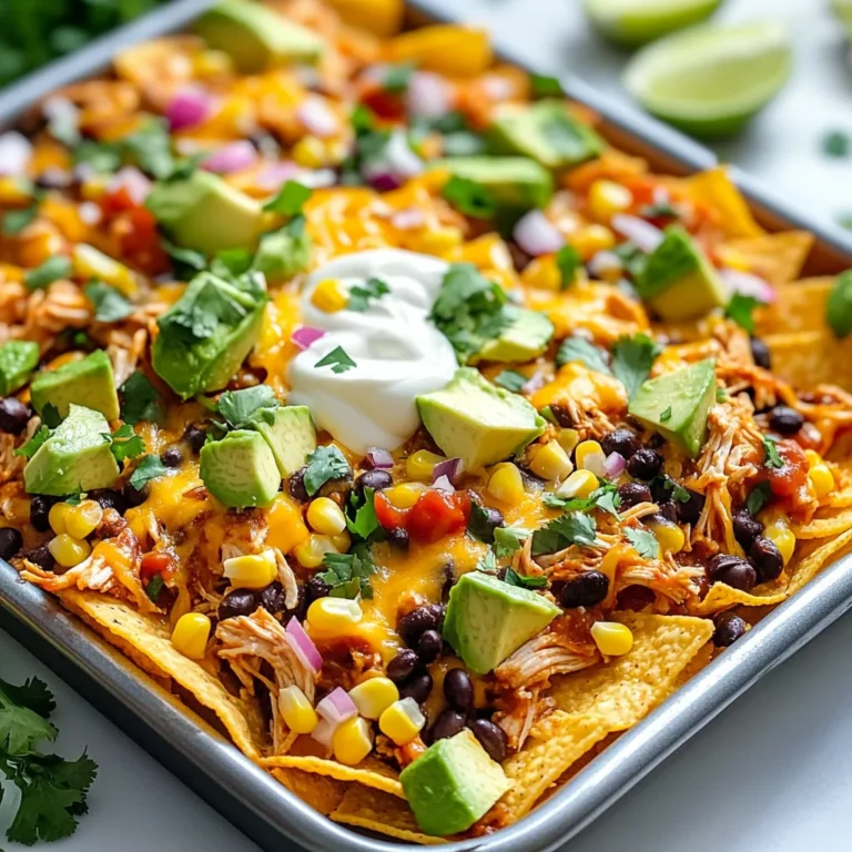 To make these tasty Sheet Pan BBQ Chicken Nachos, gather the following ingredients: - 1 lb cooked chicken, shredded - 1 cup BBQ sauce (your favorite brand) - 1 bag tortilla chips (10-12 oz) - 1 cup shredded cheddar cheese - 1 cup black beans, rinsed and drained - 1 cup corn kernels (fresh, frozen, or canned) - 1 jalapeño, sliced (optional for heat) - 1/2 red onion, diced - 1 avocado, diced - Fresh cilantro, chopped (for garnish) - Sour cream (for serving) - Lime wedges (for serving) You can swap some ingredients to fit your taste or needs: - Instead of cooked chicken, use shredded rotisserie chicken. This saves time and adds flavor. - If you don't like BBQ sauce, try ranch dressing or salsa. Both add a nice kick. - No black beans? Use pinto beans or skip them for a lighter dish. - For cheese, feel free to use pepper jack for extra spice or a dairy-free option. Using good brands can make a big difference. Here are some I recommend: - BBQ Sauce: Look for Sweet Baby Ray’s or Stubb’s for rich flavor. - Tortilla Chips: Try Tostitos or Late July for a delicious crunch. - Cheese: For cheddar, I love Cabot or Tillamook. They melt well and taste great. These choices can help you create the best Sheet Pan BBQ Chicken Nachos. Enjoy cooking! {{ingredient_image_1}} First, grab your cooked chicken. Shred it into small pieces with a fork or your hands. In a medium bowl, mix the shredded chicken with BBQ sauce. Use your favorite brand for the best taste. Make sure all the chicken is well coated. This step adds rich flavor to each bite. Now, take a large sheet pan. Spread out the tortilla chips in a single layer. This helps each chip get the right amount of toppings. Next, add the BBQ chicken mixture on top of the chips. Then, sprinkle black beans and corn over everything. Add the diced red onion for some crunch. Finally, top it all with shredded cheddar cheese. If you like spice, add jalapeño slices on top. Preheat your oven to 400°F (200°C). Place the loaded sheet pan in the oven. Bake for about 10-15 minutes. Watch for the cheese to melt and bubble. It should turn slightly golden. This step makes the nachos gooey and delicious. Once done, carefully remove the pan from the oven. Let it cool for a minute, then add diced avocado and chopped cilantro for fresh flavor. To get crispy nachos, use sturdy tortilla chips. Thin chips can break easily and get soggy. Spread the chips evenly on the sheet pan, leaving space between them. This helps them cook well. Bake the nachos in a hot oven. A good temperature is 400°F (200°C). Keep an eye on them, so they don’t burn. Layering is key for great nachos. Start with a base of chips. Then, add the BBQ chicken. After that, sprinkle the black beans and corn. Next, add the diced red onion. Finally, top with shredded cheddar cheese. This order helps the cheese melt well and keep everything in place. Don’t add too many toppings at once; it can weigh down the nachos. Timing is important for baking nachos. Bake them for about 10 to 15 minutes. Check them at 10 minutes. You want the cheese to be bubbly and golden. If you like your nachos extra crispy, leave them in a bit longer. Just watch closely to avoid burning. Once baked, let them cool for a minute before serving. This keeps everything together and makes them easier to eat. Pro Tips Choose Quality BBQ Sauce: The flavor of your nachos heavily depends on the BBQ sauce you choose. Opt for a sauce that complements the chicken and enhances the overall taste. Layer Wisely: For the best nacho experience, layer your toppings evenly. This ensures every chip gets a taste of the deliciousness, preventing any dry bites! Customize to Taste: Feel free to add other ingredients like diced tomatoes, olives, or even jalapeño poppers to elevate your nacho game and cater to your guests' preferences. Serve Immediately: Nachos are best enjoyed right out of the oven. Serve them hot for that perfect melty cheese and crispy chip combination! {{image_2}} You can swap the chicken for a plant-based protein. Use chickpeas or lentils. They add protein and flavor. Just mix them with the BBQ sauce like you would with chicken. This way, you get a tasty, meatless dish that everyone can enjoy. Feel free to get creative with your toppings. You can add diced tomatoes or sliced olives for a burst of flavor. Try adding pickled jalapeños for a tangy kick. If you love greens, throw on some spinach or arugula. Each topping changes the flavor and keeps things fun. Want a spicy kick? Use different peppers to change the heat. You can try serrano or habanero peppers instead of jalapeños. Decrease or increase the amount based on your taste. If you prefer no heat, skip the peppers altogether. Your nachos will still taste amazing! To store leftover nachos, first let them cool. Once cool, place them in an airtight container. You can keep them in the fridge for up to three days. Make sure to cover them well to avoid drying out. If you want to keep the toppings fresh, store them separately. This keeps the chips from getting soggy. For the best taste, reheat nachos in the oven. Preheat your oven to 350°F (175°C). Spread the nachos on a baking sheet. Heat them for about 10 minutes or until warm. You can also use the microwave, but this may make the chips soft. If you use a microwave, heat in short bursts of 30 seconds. You can freeze nachos, but it’s best to freeze the toppings separately. Place the chips in a freezer bag and seal it tightly. Store the chicken, beans, and other toppings in separate bags. You can freeze them for up to three months. When you’re ready to eat, thaw the toppings in the fridge overnight. Then, bake the nachos again for a fresh taste. No, you should not use raw chicken. Raw chicken needs to cook longer than nachos bake. Using cooked chicken makes this dish easier and faster. You can use rotisserie chicken or leftovers. Just shred it and mix it with BBQ sauce. It saves time and keeps your nachos tasty. You can use many things if you don’t have BBQ sauce. Some good options include hot sauce or salsa for spice. You can also try honey mustard or teriyaki sauce for a different flavor. Each choice gives a unique taste to your nachos. Experimenting can lead to fun new flavors. To make nachos ahead, prep the ingredients but do not bake them. Mix the chicken with BBQ sauce and layer everything on the sheet pan. Cover it with plastic wrap and store it in the fridge. When ready, just pop it in the oven for about 15 minutes. This way, you enjoy fresh nachos without all the work at serving time. In this article, I covered everything you need for great nachos. I shared important ingredients, step-by-step instructions, and helpful tips for perfect results. You can also find ways to mix it up with variations and storage advice. Nachos can be quick, fun, and delicious. Whether you eat them for a snack or meal, you now have the tools to impress. Enjoy making your nachos your way!