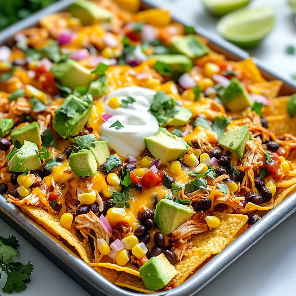 To make these tasty Sheet Pan BBQ Chicken Nachos, gather the following ingredients: - 1 lb cooked chicken, shredded - 1 cup BBQ sauce (your favorite brand) - 1 bag tortilla chips (10-12 oz) - 1 cup shredded cheddar cheese - 1 cup black beans, rinsed and drained - 1 cup corn kernels (fresh, frozen, or canned) - 1 jalapeño, sliced (optional for heat) - 1/2 red onion, diced - 1 avocado, diced - Fresh cilantro, chopped (for garnish) - Sour cream (for serving) - Lime wedges (for serving) You can swap some ingredients to fit your taste or needs: - Instead of cooked chicken, use shredded rotisserie chicken. This saves time and adds flavor. - If you don't like BBQ sauce, try ranch dressing or salsa. Both add a nice kick. - No black beans? Use pinto beans or skip them for a lighter dish. - For cheese, feel free to use pepper jack for extra spice or a dairy-free option. Using good brands can make a big difference. Here are some I recommend: - BBQ Sauce: Look for Sweet Baby Ray’s or Stubb’s for rich flavor. - Tortilla Chips: Try Tostitos or Late July for a delicious crunch. - Cheese: For cheddar, I love Cabot or Tillamook. They melt well and taste great. These choices can help you create the best Sheet Pan BBQ Chicken Nachos. Enjoy cooking! {{ingredient_image_1}} First, grab your cooked chicken. Shred it into small pieces with a fork or your hands. In a medium bowl, mix the shredded chicken with BBQ sauce. Use your favorite brand for the best taste. Make sure all the chicken is well coated. This step adds rich flavor to each bite. Now, take a large sheet pan. Spread out the tortilla chips in a single layer. This helps each chip get the right amount of toppings. Next, add the BBQ chicken mixture on top of the chips. Then, sprinkle black beans and corn over everything. Add the diced red onion for some crunch. Finally, top it all with shredded cheddar cheese. If you like spice, add jalapeño slices on top. Preheat your oven to 400°F (200°C). Place the loaded sheet pan in the oven. Bake for about 10-15 minutes. Watch for the cheese to melt and bubble. It should turn slightly golden. This step makes the nachos gooey and delicious. Once done, carefully remove the pan from the oven. Let it cool for a minute, then add diced avocado and chopped cilantro for fresh flavor. To get crispy nachos, use sturdy tortilla chips. Thin chips can break easily and get soggy. Spread the chips evenly on the sheet pan, leaving space between them. This helps them cook well. Bake the nachos in a hot oven. A good temperature is 400°F (200°C). Keep an eye on them, so they don’t burn. Layering is key for great nachos. Start with a base of chips. Then, add the BBQ chicken. After that, sprinkle the black beans and corn. Next, add the diced red onion. Finally, top with shredded cheddar cheese. This order helps the cheese melt well and keep everything in place. Don’t add too many toppings at once; it can weigh down the nachos. Timing is important for baking nachos. Bake them for about 10 to 15 minutes. Check them at 10 minutes. You want the cheese to be bubbly and golden. If you like your nachos extra crispy, leave them in a bit longer. Just watch closely to avoid burning. Once baked, let them cool for a minute before serving. This keeps everything together and makes them easier to eat. Pro Tips Choose Quality BBQ Sauce: The flavor of your nachos heavily depends on the BBQ sauce you choose. Opt for a sauce that complements the chicken and enhances the overall taste. Layer Wisely: For the best nacho experience, layer your toppings evenly. This ensures every chip gets a taste of the deliciousness, preventing any dry bites! Customize to Taste: Feel free to add other ingredients like diced tomatoes, olives, or even jalapeño poppers to elevate your nacho game and cater to your guests' preferences. Serve Immediately: Nachos are best enjoyed right out of the oven. Serve them hot for that perfect melty cheese and crispy chip combination! {{image_2}} You can swap the chicken for a plant-based protein. Use chickpeas or lentils. They add protein and flavor. Just mix them with the BBQ sauce like you would with chicken. This way, you get a tasty, meatless dish that everyone can enjoy. Feel free to get creative with your toppings. You can add diced tomatoes or sliced olives for a burst of flavor. Try adding pickled jalapeños for a tangy kick. If you love greens, throw on some spinach or arugula. Each topping changes the flavor and keeps things fun. Want a spicy kick? Use different peppers to change the heat. You can try serrano or habanero peppers instead of jalapeños. Decrease or increase the amount based on your taste. If you prefer no heat, skip the peppers altogether. Your nachos will still taste amazing! To store leftover nachos, first let them cool. Once cool, place them in an airtight container. You can keep them in the fridge for up to three days. Make sure to cover them well to avoid drying out. If you want to keep the toppings fresh, store them separately. This keeps the chips from getting soggy. For the best taste, reheat nachos in the oven. Preheat your oven to 350°F (175°C). Spread the nachos on a baking sheet. Heat them for about 10 minutes or until warm. You can also use the microwave, but this may make the chips soft. If you use a microwave, heat in short bursts of 30 seconds. You can freeze nachos, but it’s best to freeze the toppings separately. Place the chips in a freezer bag and seal it tightly. Store the chicken, beans, and other toppings in separate bags. You can freeze them for up to three months. When you’re ready to eat, thaw the toppings in the fridge overnight. Then, bake the nachos again for a fresh taste. No, you should not use raw chicken. Raw chicken needs to cook longer than nachos bake. Using cooked chicken makes this dish easier and faster. You can use rotisserie chicken or leftovers. Just shred it and mix it with BBQ sauce. It saves time and keeps your nachos tasty. You can use many things if you don’t have BBQ sauce. Some good options include hot sauce or salsa for spice. You can also try honey mustard or teriyaki sauce for a different flavor. Each choice gives a unique taste to your nachos. Experimenting can lead to fun new flavors. To make nachos ahead, prep the ingredients but do not bake them. Mix the chicken with BBQ sauce and layer everything on the sheet pan. Cover it with plastic wrap and store it in the fridge. When ready, just pop it in the oven for about 15 minutes. This way, you enjoy fresh nachos without all the work at serving time. In this article, I covered everything you need for great nachos. I shared important ingredients, step-by-step instructions, and helpful tips for perfect results. You can also find ways to mix it up with variations and storage advice. Nachos can be quick, fun, and delicious. Whether you eat them for a snack or meal, you now have the tools to impress. Enjoy making your nachos your way!