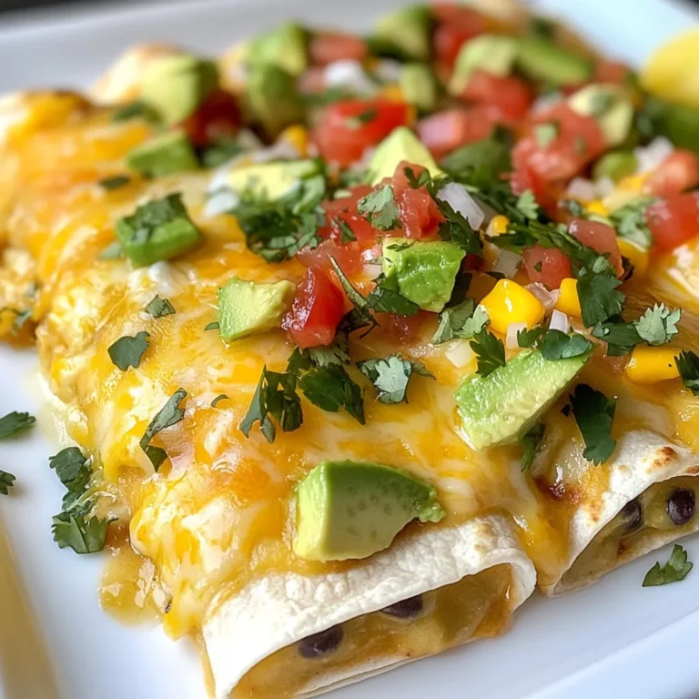 To make Sunrise Breakfast Enchiladas, gather these ingredients: - 6 large corn tortillas - 4 large eggs - 1/2 cup milk - 1 cup black beans, drained and rinsed - 1 cup diced bell peppers (red and yellow) - 1/2 cup diced onion - 1 cup shredded Monterey Jack cheese - 1/2 teaspoon cumin - 1/2 teaspoon chili powder - Salt and pepper to taste - 1 avocado, sliced - Fresh cilantro for garnish - Salsa for serving You will need a few key tools for this recipe: - A large skillet for cooking - A mixing bowl for the egg mixture - A baking dish to hold the enchiladas - Measuring cups and spoons for accuracy - A microwave for warming tortillas If you don't have certain ingredients, here are some easy swaps: - Use flour tortillas instead of corn if you prefer. - Swap black beans for pinto beans or kidney beans. - Use any cheese you like; cheddar works great too. - Instead of milk, try almond milk or oat milk. - Fresh herbs can replace cilantro for a different flavor. - Add spinach or zucchini for extra veggies. {{ingredient_image_1}} To make Sunrise Breakfast Enchiladas, gather your ingredients first. You need corn tortillas, eggs, milk, black beans, bell peppers, onion, and cheese. Don’t forget spices like cumin, chili powder, salt, and pepper. The prep takes about 15 minutes, and cooking will take around 30 minutes. Start by preheating your oven to 350°F (175°C). In a skillet, heat a splash of olive oil over medium heat. Add diced onion and bell peppers. Sauté these veggies for about 5 minutes. You want them soft and fragrant. Once they are ready, take them off the heat and set them aside. In a bowl, whisk together four large eggs and half a cup of milk. Add the sautéed veggies and one cup of black beans to this mix. Don't forget to sprinkle in half a teaspoon of cumin and chili powder, along with salt and pepper to taste. Mix it all well so the flavors blend nicely. Warm the corn tortillas in the microwave for about 20 seconds. This makes them easy to roll. Spoon a good amount of the egg and vegetable mix into the center of each tortilla. Top it with a sprinkle of shredded Monterey Jack cheese. Roll each tortilla tightly and place them seam-side down in a greased baking dish. Pour any leftover egg mixture over the rolled enchiladas. Then, sprinkle the remaining cheese on top. Cover the dish with foil and bake for 20 minutes. After that, take off the foil and bake for another 10 minutes. You want the cheese to be bubbly and golden. Once done, let them cool for a couple of minutes before serving. Enjoy with avocado slices, fresh cilantro, and salsa! To make Sunrise Breakfast Enchiladas shine, focus on your cooking method. Start by sautéing the onion and bell peppers in a bit of olive oil. This step builds sweet flavors. Remember, cook them until soft, about five minutes. Then, mix your eggs with spices. Whisk until well combined. This blend adds depth to the dish. Gently stir the egg mix and cooked veggies on low heat. You want them just set, not dry. This technique keeps the eggs tender. Keeping your enchiladas moist is key for a great breakfast. First, warm your corn tortillas for about 20 seconds in the microwave. This makes them soft and easy to roll. When you fill the tortillas, don’t overstuff them. A little filling goes a long way. After rolling, pour any leftover egg mixture on top. This moisture helps during baking. Also, cover the dish with foil for the first half of baking. This traps steam and keeps them fluffy. For a colorful plate, serve your enchiladas with fresh avocado slices and cilantro. The creaminess of the avocado balances the spice. Add a generous scoop of salsa on the side for a tasty kick. You can also serve these with a side of fresh fruit. A fruit salad adds a sweet touch. If you want a drink, serve with fresh orange juice. It pairs perfectly with the savory flavors of the enchiladas. Pro Tips Use Fresh Ingredients: Fresh vegetables and herbs can elevate the flavor of your enchiladas, making them taste vibrant and delicious. Customize Your Fillings: Feel free to add other ingredients like spinach, mushrooms, or different types of cheese to suit your taste preferences. Make Ahead: Prepare the enchiladas in advance and store them in the fridge. Just pop them in the oven when you're ready to eat! Perfect Tortilla Texture: Warming the tortillas before filling them makes them more pliable and reduces the risk of cracking during rolling. {{image_2}} You can easily make Sunrise Breakfast Enchiladas vegetarian. Just skip the eggs or add more veggies. Try using spinach, zucchini, or mushrooms. You can also add extra beans for protein. These changes keep the dish hearty and full of flavor. If you want more protein, add cooked chicken or turkey. Shredded meats work well. You can also try crumbled sausage or bacon. This will give your enchiladas a tasty twist. Just remember to adjust the spices to match the meat you choose. Do you love heat? Add diced jalapeños or hot sauce to the egg mix. You can also sprinkle crushed red pepper flakes on top. For a smoky taste, add some chipotle peppers. These additions will wake up your taste buds and make breakfast more exciting. To store your leftover Sunrise Breakfast Enchiladas, let them cool first. Place them in an airtight container. You can keep them in the fridge for up to four days. If you want them to last longer, freezing is a great option. When you're ready to enjoy the enchiladas again, preheat your oven to 350°F (175°C). Place the enchiladas in a baking dish. If they are cold, add a splash of water or salsa on top to keep them moist. Cover the dish with foil and bake for about 15-20 minutes. To freeze the enchiladas, wrap each one in foil or plastic wrap. Then place them in a freezer-safe bag. They can be frozen for up to three months. When you want to eat them, thaw overnight in the fridge. Then follow the reheating instructions above for best results. Sunrise Breakfast Enchiladas are a tasty morning dish. They combine corn tortillas with eggs, beans, and veggies. You fill each tortilla with a mix of sautéed onions, bell peppers, and black beans. Then, you roll them up with cheese and bake until golden. This dish is colorful and packed with flavor. Yes, you can make these enchiladas ahead of time. Prepare the filling and roll the enchiladas. Place them in a baking dish and cover tightly. Store them in the fridge for up to one day. When ready, just bake as instructed. This makes breakfast easy! Serve these enchiladas with fresh avocado slices and salsa. You can also add a side of fruit for a sweet touch. A dollop of sour cream adds creaminess. For a crunchy bite, consider tortilla chips. This adds fun and extra flavors to your meal. To spice up this recipe, add more chili powder. You can also use diced jalapeños in the filling. If you like heat, try adding hot sauce on top. Another option is to use pepper jack cheese instead of Monterey Jack. These changes will give you a flavorful kick! You learned how to make tasty sunrise breakfast enchiladas. We covered the needed ingredients, key tools, and swaps. I walked you through each cooking step. Tips helped you perfect your technique, keep enchiladas moist, and suggest sides. Remember, you can customize with proteins or spicy extras. Store leftovers properly to enjoy later. These simple methods make cooking fun and easy. You’ll impress friends and family with your skills and delicious meals. Dive into the kitchen and create your tasty masterpiece!