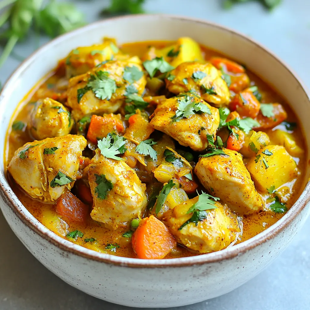 To make Irish Chicken Dhansak, you need a few simple ingredients. Each one contributes to the rich flavor of this dish. Here’s what you’ll need: - Chicken thighs and lentils - 500g boneless chicken thighs, cut into bite-sized pieces - 1 cup red lentils, rinsed - Vegetables and spices - 1 tablespoon vegetable oil - 1 large onion, finely chopped - 3 cloves garlic, minced - 1-inch piece of ginger, grated - 2 green chilies, slit lengthwise - 1 teaspoon mustard seeds - 1 teaspoon cumin seeds - 1 teaspoon turmeric powder - 2 teaspoons garam masala - 1 teaspoon coriander powder - 2 medium potatoes, diced - 1 carrot, diced - Salt to taste - 4 cups chicken stock - Garnishing ingredients - Fresh cilantro for garnish These ingredients come together to create a dish that is both hearty and comforting. Each spice adds depth, while the chicken and lentils provide protein and texture. The fresh cilantro on top gives a pop of color and freshness. Enjoy gathering these ingredients to start cooking this delightful meal! {{ingredient_image_1}} 1. Heating oil and cooking spices Start by heating 1 tablespoon of vegetable oil in a large pot over medium heat. Add 1 teaspoon of mustard seeds and 1 teaspoon of cumin seeds. Let them sizzle for a few seconds. This step wakes up the spices and fills your kitchen with great smells. 2. Adding and cooking chicken Next, add 500g of boneless chicken thighs, cut into bite-sized pieces. Cook the chicken for about 5 minutes. Make sure it is no longer pink. Stir the chicken so it cooks evenly and soaks up the spices. 3. Incorporating lentils and vegetables Once the chicken is ready, add 1 cup of rinsed red lentils, 2 medium diced potatoes, and 1 diced carrot. Pour in 4 cups of chicken stock. Bring this mix to a boil, then reduce the heat to a gentle simmer. This helps the lentils and veggies soften. 4. Final simmering and seasoning Cover the pot and let it cook for about 25-30 minutes. Stir occasionally. The lentils should become soft, and the chicken should be fully cooked. Finally, season with salt to taste. If needed, simmer for an extra 5 minutes. Garnish with fresh cilantro before serving. Enjoy your warm, hearty dish! Ingredient freshness is key. Fresh chicken and spices make a big difference in taste. Always choose bright vegetables. They add color and flavor. Adjust spice levels to suit your taste. You can add more green chilies for heat or reduce them for mildness. Taste as you cook. This way, you can find the right balance. Perfect lentil texture is vital. Rinse the lentils well before cooking. This removes dust and helps them cook evenly. Stir them gently while they simmer. This prevents them from becoming mushy. Serve in deep bowls for a nice look. Garnish with fresh cilantro for a pop of color. It also adds a fresh taste. Pair with naan or rice. These sides soak up the tasty sauce. They make your meal more filling. You can also serve a green salad for crunch. Pro Tips Fresh Ingredients: Always use fresh herbs and spices for the best flavor in your Dhansak. It makes a significant difference in taste. Cooking Lentils: Rinse the lentils well before cooking to remove any impurities and achieve a smoother texture. Adjusting Spice Levels: Modify the number of green chilies based on your spice tolerance. You can also remove the seeds for a milder dish. Leftover Variations: Use leftover Dhansak as a filling for wraps or serve it with different types of bread for a tasty twist. {{image_2}} For your Irish Chicken Dhansak, feel free to play with the ingredients! - Alternatives for chicken: You can use turkey or firm tofu. Both options work well and keep the dish tasty. - Different lentil varieties: While red lentils are great, yellow or green lentils can also be used. Just check their cooking times, as they may need more time. - Adding other vegetables: Try adding bell peppers, peas, or spinach. They add color and nutrition to the dish. You can serve Irish Chicken Dhansak in many fun ways! - Ways to serve as a main dish: Serve it in deep bowls, topped with fresh cilantro. Pair it with naan or steamed rice for a hearty meal. - Incorporating into other meals: Use the leftovers for wraps or sandwiches. You can also turn it into a filling for tacos or quesadillas. To store your Irish Chicken Dhansak, let it cool to room temperature first. Place the leftovers in an airtight container. This helps keep the flavors fresh. You can store it in the fridge for up to three days. If you want it to last longer, consider freezing. For freezing, use freezer-safe containers or zip-top bags. Make sure to remove as much air as possible. This prevents freezer burn and keeps it tasty. You can freeze the dish for up to three months. To reheat, simply thaw it overnight in the fridge. Then, warm it on the stove until hot. Stir occasionally to avoid sticking. Enjoy your meal without losing any flavor! Irish Chicken Dhansak blends Indian and Irish cooking styles. Dhansak comes from India, where it is a popular dish. It combines lentils and meat with spices. The Irish twist uses chicken thighs for a hearty meal. This dish reflects cultural flavors and creativity, making it unique. To make your Irish Chicken Dhansak spicier, add more green chilies. You can also use red chili powder for heat. For a milder dish, reduce the number of chilies. You can also omit the green chilies altogether. Adding coconut milk can cool the spice level, too, giving a nice balance. Yes, you can prepare Irish Chicken Dhansak ahead of time. Cook it fully and let it cool before storing. Place it in an airtight container in the fridge. It can last up to three days. Reheat it gently on the stove or in the microwave before serving. This can enhance the flavors, making it even better! This blog post shared a simple way to make Irish Chicken Dhansak with chicken thighs, lentils, and fresh veggies. You learned important cooking tips, like using fresh ingredients and adjusting spice levels. I also covered how to store leftovers and freeze the dish. As you try this recipe, think about your own twists and flavors. Enjoy experimenting with ingredient swaps and presentations. Cooking is fun, and I hope you’ll love this dish as much as I do. Happy cooking!