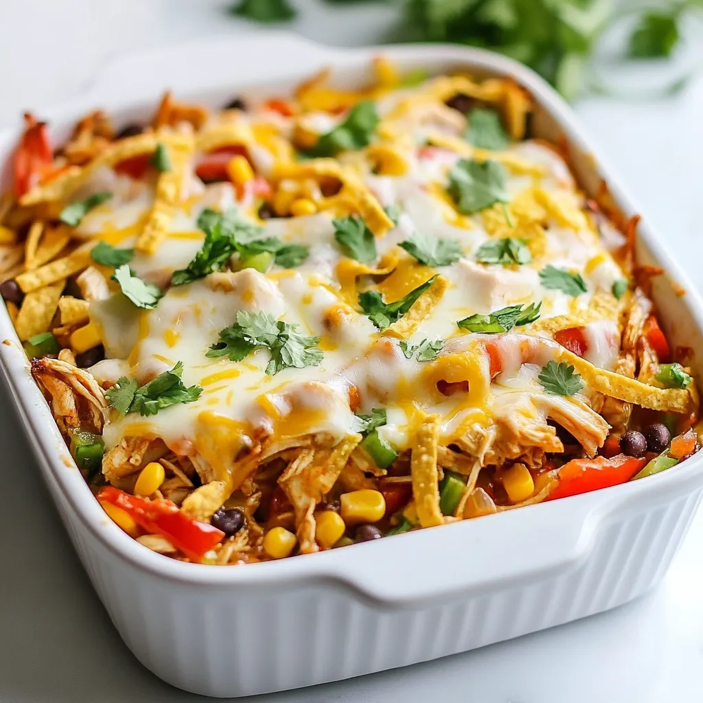 - 2 cups cooked shredded chicken - 1 bell pepper (red or green), sliced - 1 onion, sliced - 1 cup corn (fresh or frozen) - 1 can (15 oz) black beans, rinsed and drained - 1 cup salsa (mild or spicy based on preference) - 2 cups shredded cheese (cheddar or Mexican blend) - 1 teaspoon cumin - 1 teaspoon chili powder - Salt and pepper to taste - 8 small flour tortillas, cut into strips - Fresh cilantro for garnish (optional) Gathering the right ingredients is key to a great fajita chicken casserole. Start with your cooked shredded chicken. This gives you a tasty base. Then, grab a bell pepper and an onion. Slice these up, as they add color and crunch. Next, you need some corn. You can use fresh or frozen; both work well. Don't forget the black beans. They add protein and fiber to your meal. Salsa is a must for flavor. You can choose mild or spicy, based on your taste. For that cheesy goodness, prepare two cups of shredded cheese. Cheddar or a Mexican blend works best. Then, grab some cumin and chili powder for the spice. Salt and pepper are also important to season the dish just right. Finally, you will need small flour tortillas. Cut them into strips for a nice texture in the casserole. Fresh cilantro can be used for garnish, adding a fresh touch to your dish. Each ingredient plays a part in making this casserole a flavorful dinner delight. {{ingredient_image_1}} - Preheat the oven to 375°F (190°C). This step is key for even cooking. - Sauté sliced bell pepper and onion with a splash of olive oil. Cook them until soft, about 5-7 minutes. - Season with cumin, chili powder, salt, and pepper. This adds great flavor. - In a large bowl, combine shredded chicken, sautéed vegetables, corn, black beans, and salsa. - Mix thoroughly until everything is well combined. This creates a tasty filling. - In a greased 9x13 inch baking dish, layer half of the tortilla strips across the bottom. - Pour half of the chicken mixture over the tortillas. - Sprinkle with 1 cup of shredded cheese. - Repeat this layering with the remaining tortilla strips, chicken mixture, and cheese on top. - Cover the dish with aluminum foil and bake for 20 minutes. - Remove the foil and bake for another 10-15 minutes. You want the cheese to be bubbly and golden. - Remove from the oven and let it cool slightly. - If desired, garnish with fresh cilantro before serving. This adds a nice touch. To achieve a cheesy, golden-brown topping, bake the casserole uncovered for the last 10-15 minutes. This helps the cheese bubble and brown nicely. For preventing soggy tortillas, layer them with care. Place half the tortilla strips at the bottom and then add the filling. This keeps them crispier. To enhance the flavor, consider adding more spices like paprika or garlic powder. You can also mix in diced jalapeños for heat. When it comes to salsa, homemade is often fresher and tastier. However, store-bought can save time. Choose a brand that you enjoy. For efficient chopping, use a sharp knife and a cutting board. Cut the bell pepper and onion in thin strips. This makes cooking faster. You can save time by using pre-cooked or rotisserie chicken. Just shred it and add it to the mix. It cuts your prep time in half! Pro Tips Use Leftover Chicken: This recipe is perfect for using up leftover rotisserie chicken, saving you time and adding extra flavor. Customize Your Spices: Adjust the cumin and chili powder to your taste; add cayenne for extra heat or smoked paprika for a smoky flavor. Cheese Choices: Experiment with different cheeses like pepper jack for a spicy kick or Monterey Jack for a milder flavor. Add More Veggies: Feel free to include additional vegetables such as zucchini or mushrooms for added nutrition and texture. {{image_2}} To make the casserole gluten-free, use corn tortillas instead of flour ones. You can also find gluten-free salsa. This change keeps all the great flavors. For vegetarian or vegan options, swap chicken for plant-based proteins like tofu or chickpeas. Replace cheese with a dairy-free option. These swaps still make a tasty dish. You can change the vegetables too. Try zucchini, mushrooms, or spinach for a new taste. Black beans are a great choice, but pinto or kidney beans work well too. You can switch the cheese too! Use pepper jack for a spicy kick or a smoked cheese for a richer flavor. Pair this casserole with rice or a fresh salad for a balanced meal. You can also serve it with tortilla chips for extra crunch. For garnishing, add fresh cilantro or sliced avocado to brighten up the dish. A dollop of sour cream or a sprinkle of lime juice adds a nice touch. To keep your Fajita Chicken Casserole fresh, store it in the fridge. Use an airtight container. This helps prevent moisture loss and keeps flavors intact. Your casserole stays good for about 3 to 4 days in the fridge. You can freeze the casserole before or after baking. If you freeze it raw, wrap it well in foil. This keeps it from getting freezer burnt. If it’s baked, let it cool first. Then, wrap it tightly. To thaw, place it in the fridge overnight. For a quick method, use the microwave on low. For the best texture, reheat in the oven. Preheat it to 350°F (175°C). Cover the casserole with foil to keep it moist. Bake for about 20 minutes or until warm. You can also use a microwave. It’s faster but may make it soggy. If you use a microwave, heat it in short bursts. This way, it warms evenly. Yes, you can use raw chicken. Start by sautéing it in the skillet first. Cook it fully until it is no longer pink. Then, mix it with the other ingredients. This makes sure the chicken is safe to eat. You can swap tortillas for rice or quinoa. Try using crushed corn chips for a crunchy base. You can also use zucchini slices for a low-carb option. Each choice gives a new twist to the dish. To add heat, try using spicy salsa. You can also add diced jalapeños to the mix. For an extra kick, sprinkle in some cayenne pepper or hot sauce. Adjust the heat to fit your taste. Yes, you can prep this dish ahead. Mix the filling and layer it in the dish. Cover and store it in the fridge overnight. When ready, just bake it. This saves time on busy nights. This chicken casserole combines simple ingredients for a hearty meal. You start with chicken, veggies, and seasonings, then layer in tortillas and cheese. Keep the texture perfect by avoiding soggy tortillas and adjusting spices. You can adapt it for any dietary needs and store leftovers easily. In the end, this dish is flexible and tasty. Enjoy exploring your own variations. Happy cooking!