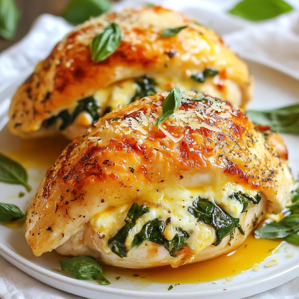 To make spinach stuffed chicken breasts, gather these simple ingredients: - 4 boneless, skinless chicken breasts - 2 cups fresh spinach, chopped - 1 cup ricotta cheese - 1/2 cup mozzarella cheese, shredded - 1/4 cup Parmesan cheese, grated - 2 cloves garlic, minced - 1 teaspoon dried oregano - 1/2 teaspoon salt - 1/4 teaspoon black pepper - Olive oil for cooking - Toothpicks or kitchen twine (for securing) Each ingredient plays a key role in the flavor and texture of the dish. The chicken gives a hearty base, while the fresh spinach adds a burst of color and nutrients. The mix of ricotta, mozzarella, and Parmesan brings creaminess and depth. Garlic and oregano provide a fragrant touch. A dash of salt and pepper rounds out the flavors, making every bite delicious. Choose quality ingredients for the best results. Fresh spinach will taste brighter than frozen. For the cheese, select a good brand for the creamiest filling. This dish is not only tasty but also a great way to impress friends and family with your cooking skills. {{ingredient_image_1}} 1. Preheat the oven and sauté garlic: Set your oven to 375°F (190°C). This helps the chicken cook evenly. In a medium skillet, heat 1 tablespoon of olive oil over medium heat. Add 2 cloves of minced garlic. Sauté for about 30 seconds until it smells great. 2. Cooking spinach and mixing the stuffing: Next, add 2 cups of chopped fresh spinach to the skillet. Cook for 2-3 minutes until the spinach wilts. Turn off the heat and let it cool a bit. In a bowl, mix the cooked spinach with 1 cup of ricotta cheese, 1/2 cup of shredded mozzarella cheese, 1/4 cup of grated Parmesan cheese, 1 teaspoon of dried oregano, 1/2 teaspoon of salt, and 1/4 teaspoon of black pepper. Stir well until everything blends together. 3. Stuffing the chicken breasts: Take 4 boneless, skinless chicken breasts and carefully slice a pocket into each one. Make sure not to cut all the way through. Spoon the spinach and cheese mix into each pocket. Use toothpicks or kitchen twine to seal the openings. 1. Searing chicken in skillet: Heat a couple of tablespoons of olive oil in an oven-safe skillet. Once the oil is hot, add the stuffed chicken breasts. Sear each side for 3-4 minutes until they turn golden brown. This adds flavor and keeps the juices inside. 2. Baking instructions in the oven: After searing, transfer the skillet to the preheated oven. Bake for 25-30 minutes. Make sure the chicken reaches an internal temperature of 165°F (75°C) for safe eating. 1. Resting time and presentation tips: After baking, let the chicken rest for about 5 minutes. This helps the juices settle. Remove toothpicks or twine before serving. For a great look, garnish with fresh herbs like basil or parsley. Serve on a bed of sautéed veggies or alongside a light salad for a colorful plate. - Securing the chicken properly To keep the filling inside, use toothpicks or kitchen twine. After stuffing, seal the pocket well. This helps the flavors blend and prevents any spills while cooking. - Ensuring the chicken is cooked through Check that the chicken reaches an internal temperature of 165°F (75°C). Use a meat thermometer for accuracy. This ensures your chicken is safe to eat and perfectly juicy. - Adding spices or herbs to the stuffing Experiment with spices like paprika or fresh herbs like basil. These can elevate the dish. Adding a pinch of nutmeg also brings depth to the flavors of the spinach and cheese. - Pairing suggestions with sides and sauces Serve with a fresh salad or roasted vegetables for balance. A drizzle of balsamic glaze or lemon sauce adds a bright kick that complements the rich stuffing. Pro Tips Use Fresh Spinach: Fresh spinach will provide the best flavor and texture for your stuffed chicken. If using frozen spinach, make sure to thoroughly drain any excess moisture to avoid a watery filling. Experiment with Cheeses: Feel free to mix different types of cheese in the filling, such as feta or goat cheese, for a unique flavor twist. Just keep the ratios similar to maintain the consistency. Secure the Filling: Ensure the chicken pockets are well-sealed with toothpicks or kitchen twine, as this will prevent the filling from leaking out during cooking. It also helps the chicken cook evenly. Check Chicken Temperature: Use a meat thermometer to check that the chicken has reached an internal temperature of 165°F (75°C) for safe consumption. This ensures that the chicken is juicy and fully cooked. {{image_2}} You can change the cheese in this recipe for more flavor. Feta cheese adds a tangy taste. Cream cheese makes the filling richer and creamier. Both options work well with spinach. If you want a lighter dish, try ricotta cheese. Each cheese brings a unique twist to the stuffed chicken, so feel free to experiment. Want to make the stuffing more exciting? Add sun-dried tomatoes for sweetness and texture. They give a nice contrast to the spinach. Artichokes also add a nice flavor and a bit of crunch. You can mix in other greens, too. Kale or Swiss chard can replace spinach for a different taste and texture. This way, you can create your own special version of spinach stuffed chicken. To store leftover spinach stuffed chicken breasts, let them cool first. Place the chicken in an airtight container. This keeps the chicken fresh. You can store it in the fridge for up to three days. When reheating, make sure it is hot throughout. You can use a microwave or an oven. If using the oven, cover the dish to keep it moist. You can freeze spinach stuffed chicken breasts for longer storage. First, let them cool completely. Wrap each stuffed chicken breast tightly in plastic wrap. Then, place them in a freezer-safe bag or container. Make sure to remove as much air as possible. They will stay good in the freezer for about three months. To reheat, first, thaw the chicken overnight in the fridge. Then, bake it in the oven at 350°F (175°C) until heated through. This method keeps the chicken juicy and tasty. Enjoy your flavorful meal anytime! You can serve many tasty sides. Roasted vegetables work well. A light salad adds freshness. Rice or quinoa makes it hearty. Garlic bread is always a hit too! Use a meat thermometer for best results. The chicken should reach 165°F (75°C) inside. You can also cut into it. The meat should be white, not pink. Juices should run clear. Yes, you can use frozen spinach! Just thaw it first. Squeeze out extra water before mixing it in. This keeps your stuffing from being watery. It’s a great time-saver too! This blog post covered how to make delicious spinach-stuffed chicken breasts. You learned about the key ingredients, preparation steps, and cooking methods. I shared tips for flavor and storage, plus variations for even more taste. In summary, cooking can be simple and fun! With the right techniques, you can impress anyone. Try out these ideas, and enjoy your tasty meals!