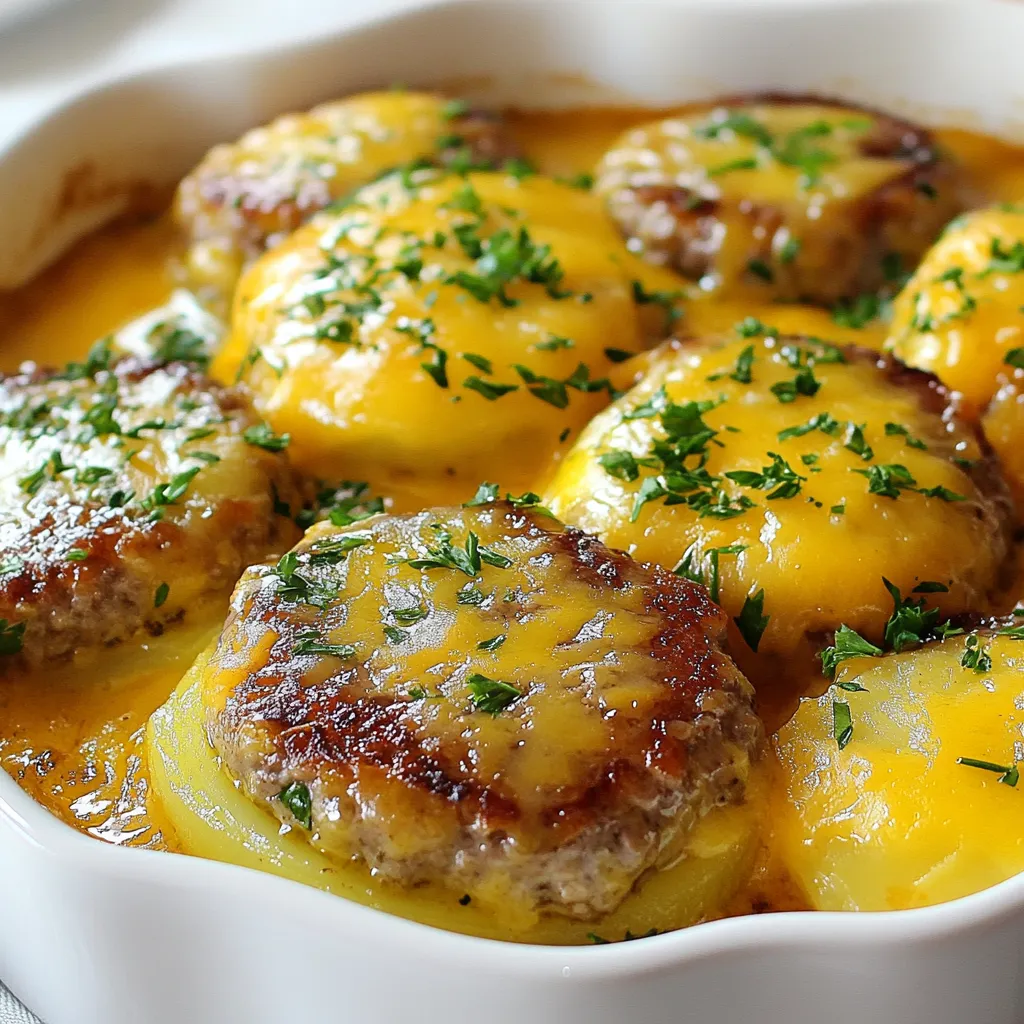 - 1 lb ground beef - 1 medium onion, chopped - 2 cloves garlic, minced - 1 cup breadcrumbs - 1 large egg The heart of this dish is the ground beef. It gives the meal its rich flavor. I like to use fresh beef for the best taste. The onion and garlic add depth and aroma. Chopping the onion finely helps it blend well. The minced garlic brings a strong kick. Breadcrumbs help bind the mixture, while the egg adds moisture. Together, these ingredients create a savory beef patty. - 1 teaspoon Worcestershire sauce - 1 teaspoon dried oregano - Salt and pepper, to taste - 1 cup shredded cheddar cheese - Fresh parsley, for garnish Worcestershire sauce adds a tangy twist to the beef. Dried oregano brings a classic herb flavor. I always add salt and pepper for balance. The cheese melts beautifully on top, making it extra tasty. Fresh parsley is not just for looks, it adds freshness too. - 4 large potatoes, thinly sliced - 2 cups beef broth Potatoes act as a hearty base for this dish. They soak up the broth's flavor, making them tender. I prefer using large potatoes for more texture. The beef broth is essential, giving moisture and richness. It helps cook the potatoes just right, ensuring they are soft and full of flavor. {{ingredient_image_1}} First, preheat your oven to 375°F (190°C). This step ensures even cooking. Next, take a large bowl and mix the ground beef, chopped onion, and minced garlic. Add breadcrumbs, the egg, Worcestershire sauce, and oregano. Don’t forget to add salt and pepper to taste. Mix everything until it is well blended. Form this mixture into four equal patties. Now, heat a skillet over medium heat. Sear each patty for about 3-4 minutes on each side. This step adds a nice brown crust. Once they are browned, remove them from the skillet and set them aside. In a greased 9x13 inch baking dish, layer the thinly sliced potatoes at the bottom. Season the potatoes with salt and pepper. Pour the beef broth over the potatoes. Make sure the potatoes are mostly submerged. Place the seared hamburger patties on top of the potato layer. Cover the baking dish with aluminum foil. Bake it in the preheated oven for 45 minutes. After 45 minutes, take off the foil. Sprinkle shredded cheddar cheese on top of the patties. Bake it for an additional 15 minutes. The cheese will melt and get bubbly, and the potatoes will be tender. When done, let it cool for a few minutes. Garnish with fresh parsley before serving. To make great patties, focus on texture. Use 80/20 ground beef for juiciness. Mix the beef gently with onions, garlic, breadcrumbs, egg, and seasonings. Don’t overwork the meat. This keeps your patties tender. Add flavor enhancements with Worcestershire sauce and dried oregano. These ingredients make each bite tasty. Adjust salt and pepper to your taste. For potatoes, I recommend using Yukon Gold or Russet. These types cook well and add creaminess. Slice them thinly for even cooking. This helps them become soft and tender in the bake. Layer the potatoes evenly at the bottom of the dish. This way, they soak up the beef broth flavor. Add salt and pepper before pouring on the broth. Serve Amish Hamburger Steak Bake with simple sides. Steamed green beans or a fresh salad work well. These sides add color and crunch to your plate. For garnishes, sprinkle chopped fresh parsley on top. It adds a nice pop of color and freshness. You can also serve with a dollop of sour cream for extra creaminess. Pro Tips Choose the Right Beef: Opt for ground beef with a higher fat content (around 80/20) for juicier patties that won't dry out during cooking. Season Generously: Don't skimp on seasoning your beef mixture. A well-seasoned patty is key to enhancing the overall flavor of the dish. Layering Potatoes: For even cooking, try to slice your potatoes uniformly. This ensures they cook through at the same rate and become perfectly tender. Let it Rest: After baking, let the dish rest for a few minutes before serving. This allows the juices to redistribute, making every bite more flavorful. {{image_2}} You can swap ground beef for turkey or chicken. This change makes the dish lighter. Ground turkey is leaner and still tasty. Ground chicken has a mild flavor that works well. For those who want a vegetarian option, try using lentils or black beans. Mash them to create a hearty base. You can even use a meat substitute like tempeh or tofu, crumbled to mimic the texture of meat. Spices can change the whole flavor of the dish. Try adding paprika for a smoky touch. A bit of cayenne can bring some heat if you like spice. Also, consider adding herbs like thyme or rosemary for a fresh twist. Seasonal vegetables can enhance the dish, too. In the fall, add carrots or parsnips for sweetness. In the summer, use zucchini or bell peppers for vibrant color. Cheddar cheese is classic, but you can explore other options. Try mozzarella for a creamy melt or pepper jack for a kick. If you want a sharper taste, go for gouda or gruyere. For non-dairy choices, use cashew cheese or almond-based cheese. These options can still provide that creamy texture. Always look for options that melt well to keep the dish satisfying. To keep your Amish Hamburger Steak Bake fresh, store leftovers in the fridge. Place the dish in an airtight container. It helps to cover it tightly with plastic wrap or foil. You can store it for up to three days. If you want to keep it longer, freezing is a great option. Use freezer-safe containers or bags. Make sure to label them with the date. This allows you to keep it for up to three months. When reheating, the best method is using the oven. Preheat your oven to 350°F (175°C). Place the bake in an oven-safe dish and cover it with foil. This keeps it from drying out. Heat for about 20-25 minutes. You can also use the microwave for quick reheating. Just cover the dish to keep moisture in, and heat in short bursts, checking often. This helps keep the dish flavorful and moist. In the fridge, your Amish Hamburger Steak Bake lasts about three days. If it’s frozen, it can stay good for about three months. Always check for signs of spoilage before eating. Look for any off smells, discoloration, or mold. If you see any of these signs, it’s best to throw it away. Keeping an eye on your food ensures you enjoy it safely. To make Amish Hamburger Steak Bake, start by gathering your ingredients. You will need: - 1 lb ground beef - 1 medium onion, chopped - 2 cloves garlic, minced - 1 cup breadcrumbs - 1 large egg - 1 teaspoon Worcestershire sauce - 1 teaspoon dried oregano - Salt and pepper, to taste - 4 large potatoes, thinly sliced - 2 cups beef broth - 1 cup shredded cheddar cheese - Fresh parsley, for garnish Steps: 1. Preheat your oven to 375°F (190°C). 2. In a large bowl, mix the ground beef, chopped onion, minced garlic, breadcrumbs, egg, Worcestershire sauce, oregano, salt, and pepper. 3. Form the mixture into 4 patties. 4. In a skillet, sear the patties on medium heat for 3-4 minutes on each side. 5. In a greased baking dish, layer the thinly sliced potatoes. Season the potatoes with salt and pepper. 6. Pour beef broth over the potatoes. 7. Place the seared patties on top of the potatoes. 8. Cover with foil and bake for 45 minutes. 9. Remove the foil, add cheese on top, and bake for another 15 minutes. 10. Once done, let it cool and garnish with parsley. Yes, you can prepare Amish Hamburger Steak Bake ahead of time. Here are some tips for meal prep: - Make the beef mixture: You can mix the ground beef and seasonings a day ahead. Store it in the fridge. - Slice the potatoes: Prepare and slice the potatoes in advance. Keep them in water to prevent browning. - Assemble and refrigerate: You can layer the dish with potatoes and beef broth in the baking dish. Cover it and keep it in the fridge. - Bake when ready: Just remember to add extra time for baking if starting from cold. Amish Hamburger Steak Bake pairs well with a variety of side dishes. Here are some great suggestions: - Green beans: Steamed or sautéed green beans add color and crunch. - Salad: A fresh garden salad balances the hearty dish. - Corn: Sweet corn complements the flavors nicely. - Biscuits: Soft biscuits are great for soaking up the juices. - Applesauce: A side of applesauce adds a sweet touch. These sides enhance your meal and make it even more comforting! This blog post covered the essentials for making a tasty Amish Hamburger Steak Bake. We discussed the key ingredients like ground beef and potatoes, and shared step-by-step cooking instructions. Tips on perfecting your patties and using various cheeses added extra flavor. Remember, you can customize the dish with different meats or veggies. Store leftovers properly to enjoy them later. Making this hearty meal is easy and rewarding, so gather your ingredients and start cooking!