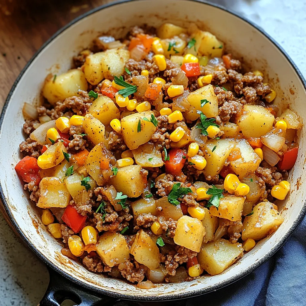 - 1 pound ground turkey - 2 large Yukon Gold potatoes, diced - 1 medium onion, chopped - 2 garlic cloves, minced - 1 bell pepper, diced - 1 cup corn (fresh or frozen) - 1 teaspoon paprika - 1 teaspoon cumin - 1 teaspoon dried oregano - Salt and pepper to taste - 2 tablespoons olive oil - Fresh parsley or cilantro for garnish Gathering the right ingredients is key to a great meal. I love using ground turkey because it is lean and tasty. Yukon Gold potatoes add a creamy texture. Chopped onion and bell pepper bring a sweet, savory base. Minced garlic adds a punch of flavor. Corn gives a nice crunch, whether fresh or frozen. The spices—paprika, cumin, oregano, salt, and pepper—transform the dish into something special. I always use olive oil to sauté the veggies; it enhances their taste and keeps everything moist. Finally, I like to top it with fresh parsley or cilantro for a burst of color and freshness. With these ingredients on hand, you are ready to cook a family meal that everyone will love. {{ingredient_image_1}} 1. Heating the olive oil Start by heating 2 tablespoons of olive oil in a large skillet over medium heat. You want the oil to shimmer but not smoke. This step helps to create a base for flavor. 2. Sautéing onion and bell pepper Next, add 1 medium chopped onion and 1 diced bell pepper. Sauté these for about 3 to 5 minutes. The goal is to soften them and get them fragrant. Stir them often to avoid burning. 3. Adding garlic After the onion and bell pepper are soft, stir in 2 minced garlic cloves. Cook for about 1 minute. Keep an eye on it; garlic can burn quickly and turn bitter. 1. Adding ground turkey to the skillet Now, it's time to add 1 pound of ground turkey. Break it up with your spatula as it cooks. This helps it brown evenly. 2. Browning the turkey Cook the turkey for about 6 to 8 minutes. You want it to be browned and cooked through. Stir it often to avoid clumps. This step adds a nice depth of flavor. 1. Adding diced potatoes and seasonings Toss in 2 large diced Yukon Gold potatoes. Season with 1 teaspoon of paprika, 1 teaspoon of cumin, 1 teaspoon of dried oregano, and salt and pepper to taste. Mix everything well to ensure the spices coat the potatoes. 2. Covering and cooking until tender Cover the skillet with a lid. Let it cook for about 10 minutes. Stir occasionally to check on the potatoes. You want them to be tender but not mushy. 1. Adding corn and mixing well After the potatoes are tender, add 1 cup of corn. This can be fresh or frozen. Mix it all together and cook for an additional 5 minutes until everything is heated through. 2. Garnishing with herbs Taste the dish and adjust the seasoning if needed. Once happy, remove it from the heat. Garnish with fresh parsley or cilantro for a pop of color. 3. Presentation tips Serve the skillet right from the pan for a rustic look. For a fancier touch, plate individual servings and add a dollop of sour cream on the side. Enjoy your meal! Choosing the right type of potatoes For this dish, I recommend using Yukon Gold potatoes. They have a creamy texture and hold their shape well when cooked. You could also use red potatoes if you prefer a firmer bite. Avoid starchy potatoes like Russets, as they can turn mushy. Cooking techniques for tender potatoes Cut your potatoes into small, even pieces. This ensures they cook evenly. You can parboil them for 5 minutes before adding them to the skillet. This extra step helps to make sure they are tender and cooked through. Adjusting spices to taste Feel free to play with the spices in this dish. If you like heat, add some cayenne pepper or chili powder. For a more aromatic flavor, try adding a pinch of cinnamon. Taste as you go to find your perfect mix! Adding optional veggies or proteins You can easily customize this skillet meal. Add veggies like zucchini, spinach, or mushrooms for more color and nutrition. If you're looking for extra protein, try adding black beans or chickpeas. They blend nicely with the other ingredients. Ideas for side dishes This skillet dish pairs well with a fresh green salad or crusty bread. You can also serve it with rice or quinoa for a heartier meal. Garnishing for visual appeal Garnish your dish with fresh parsley or cilantro for a pop of color. A squeeze of lemon juice right before serving adds brightness. You can also top it with a dollop of sour cream or Greek yogurt for creaminess. Pro Tips Use Fresh Herbs: Fresh parsley or cilantro not only adds color but also enhances the flavor of the dish. Add it just before serving for the best taste! Perfectly Cooked Potatoes: To ensure the potatoes cook evenly, cut them into uniform sizes. This will help them become tender at the same time. Adjust the Spice: Feel free to tweak the seasoning according to your preference. Adding a pinch of crushed red pepper flakes can give it an extra kick! Meal Prep Friendly: This dish can be made ahead of time and stored in the fridge for up to 3 days. Just reheat before serving for a quick meal! {{image_2}} You can swap ground turkey for other proteins. For a lighter meal, use ground chicken. It has a similar taste and texture. If you want something beefier, ground beef works well too. Just remember, beef may add more fat. Looking for a vegetarian option? Use beans or lentils. They add protein and fiber. Black beans or chickpeas are great choices. Just drain and rinse before adding them to the skillet. This change makes the dish hearty and filling. Mix up the veggies to keep things fresh. Instead of Yukon Gold potatoes, try diced zucchini or carrots. Both cook well and add unique flavors. Zucchini gives a nice crunch, while carrots add sweetness. You can also experiment with the seasonings. Swap paprika for chili powder for some heat. Or add Italian herbs like basil and thyme. This lets you create new flavor profiles that suit your taste. You can make this dish in different ways. For a one-pan oven-baked version, preheat your oven to 400°F. After browning the turkey and veggies, transfer everything to a baking dish. Cover it with foil and bake for about 25 minutes. If you prefer a slow cooker, brown the turkey and veggies first. Then add everything to the slow cooker with a bit of broth. Cook on low for 6-8 hours. This method will deepen the flavors and make the potatoes super tender. To keep your Ground Turkey and Potatoes Skillet fresh, you should store it properly. First, let the dish cool down to room temperature. This helps avoid condensation, which can make it soggy. Transfer the leftovers into airtight containers. Glass or plastic containers work well. Label them with the date so you know when to eat them. To safely reheat your skillet dish, place it in the microwave or on the stove. If using the microwave, cover the dish. Heat it in short bursts, stirring in between. This helps it warm evenly. On the stovetop, add a splash of water or broth to keep it moist. Stir often to avoid burning. To keep the potatoes from becoming mushy, reheat them gently. You can also freeze the Ground Turkey and Potatoes Skillet. First, let it cool completely. Then, scoop portions into freezer-safe bags or containers. Remove as much air as possible to prevent freezer burn. Label each bag with the date. When you're ready to eat, thaw it in the fridge overnight. Reheat it gently on the stove or microwave until hot. Can I make this dish ahead of time? Yes, you can make this dish ahead of time. Cook it fully and let it cool. Store it in an airtight container in the fridge. It will last for up to three days. When ready to eat, just reheat it in a skillet or microwave. How do I make it more nutritious? To add nutrition, include more veggies. Spinach, kale, or broccoli work great. You can also use brown rice or quinoa instead of potatoes to boost fiber and protein. What other vegetables can I add? You can add any vegetables you like! Zucchini, carrots, or green beans are excellent choices. Just chop them and toss them in with the other veggies. Can I use sweet potatoes instead of Yukon Gold potatoes? Yes, sweet potatoes are a great substitute! They add a nice sweetness and extra vitamins. Just dice them the same way and cook until tender. Is there a substitute for ground turkey? Absolutely! You can use ground chicken, beef, or even plant-based meat. Each will give a different flavor, so pick what you enjoy most. How to know when the turkey is fully cooked? The turkey is cooked when it is no longer pink inside. Use a meat thermometer to check. It should reach 165°F (75°C) for safety. What is the best way to ensure the potatoes are tender? To ensure tender potatoes, cut them into small, even pieces. Cook them covered in the skillet. Stir occasionally to help them cook evenly. If needed, add a splash of water to help steam them. This blog post covered a tasty ground turkey and potato skillet dish. You learned about the key ingredients, step-by-step cooking, and tips to enhance flavors. Consider customizing with different proteins or veggies to suit your taste. Storage tips can help you save leftovers for later. With this knowledge, you can create a hearty meal that's both easy and adaptable. Enjoy cooking and feel free to experiment with your ingredients!