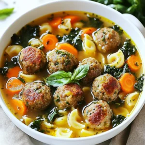 - 1 lb ground beef - 1/2 lb ground pork - 1/2 cup breadcrumbs - 1/4 cup grated Parmesan cheese - 1 large egg - 2 cloves garlic, minced - 1 teaspoon dried oregano - 1 teaspoon dried basil - Salt and pepper, to taste - 8 cups beef broth - 1 can (14 oz) diced tomatoes (with juice) - 2 cups sliced carrots - 2 cups chopped kale or spinach - 1 cup small pasta (like ditalini or orzo) - 2 tablespoons olive oil - Fresh basil leaves for garnish The heart of my Hearty Italian Meatball Soup lies in its main ingredients. I start with proteins: ground beef and pork. They blend well, offering rich flavors and moisture. The breadcrumbs and egg help bind the meatballs and keep them juicy. Garlic, oregano, and basil add depth and warmth to every bite. The beef broth and diced tomatoes create a savory base for the soup, while carrots and greens bring freshness and color. - Additional seasonings - Vegetarian substitutes - Garnishes You can add extra seasonings for more flavor. A pinch of red pepper flakes can spice things up. If you want a meatless option, try using lentils or chickpeas instead of meat. For garnishes, fresh basil leaves or a sprinkle of Parmesan cheese can make your soup look and taste amazing. - Large pot - Mixing bowl - Plate for meatballs - Ladle or serving spoon For this recipe, you will need a large pot to cook the soup and a mixing bowl for the meatballs. A plate helps hold the formed meatballs before cooking. A ladle or serving spoon is handy for serving. Having these tools ready will make your cooking easier and more fun. {{ingredient_image_1}} Mixing ingredients Start by taking a large mixing bowl. Add 1 pound of ground beef and 1/2 pound of ground pork. Next, mix in 1/2 cup of breadcrumbs and 1/4 cup of grated Parmesan cheese. Crack 1 large egg into the bowl. Then, add 2 minced garlic cloves, 1 teaspoon of dried oregano, and 1 teaspoon of dried basil. Season with salt and pepper to taste. Use your hands to mix everything until it is well combined. Forming meatballs Once your mixture is ready, take small portions and roll them into balls. Aim for about 1 inch in diameter. Place the formed meatballs on a plate. This step is fun and helps you feel connected to your food. Browning meatballs Heat 2 tablespoons of olive oil in a large pot over medium heat. Once the oil is hot, gently add the meatballs to the pot. Brown them on all sides for about 5 minutes. This adds great flavor and texture. After browning, remove the meatballs and set them aside. Building the soup base In the same pot, add 2 cups of sliced carrots. Cook them for about 3 minutes until they start to get soft. Then, pour in 8 cups of beef broth and a can of diced tomatoes (14 oz) with their juice. Bring this mixture to a simmer. The aroma will fill your kitchen and excite your taste buds. Adding vegetables and pasta After the soup base simmers, return the browned meatballs to the pot. Let them simmer for 15 minutes. Then, stir in 2 cups of chopped kale or spinach and 1 cup of small pasta, like ditalini or orzo. This adds color and nutrition to your soup. Simmering times Cook everything for an additional 10 to 12 minutes, or until the pasta is al dente. Taste the soup and adjust the seasoning with more salt and pepper if needed. This final step ensures every bite is packed with flavor. To make great meatballs, start with the right mix. I use both ground beef and ground pork. This blend adds depth and flavor. The pork keeps the meatballs moist, which is key for tenderness. - Techniques for flavor: - Add minced garlic and dried herbs like oregano and basil. These give your meatballs a tasty kick. - Grated Parmesan cheese adds a nice umami flavor. - Ensuring tenderness: - Don't overmix the meat. Mix until just combined. - Use a light hand when forming meatballs. Aim for about one inch in size. When cooking the soup, you want the right thickness and flavor. - Adjusting for thickness: - If you like a thicker soup, add less broth. You can also let it simmer longer to reduce it. - Use small pasta like ditalini or orzo to help thicken the soup as well. - Flavor enhancing tips: - Saut&eacute; the carrots before adding broth. This builds a richer flavor base. - Don&rsquo;t forget to taste! Add salt and pepper to enhance the soup's taste. How you serve this soup can make it even better. - Best accompaniments: - Pair it with crusty bread. It&rsquo;s perfect for dipping! - A simple salad on the side adds freshness. - Presentation ideas: - Garnish each bowl with fresh basil leaves. This adds a pop of color. - Serve in large bowls to show off the hearty meatballs and veggies. Pro Tips Use Fresh Herbs: Fresh basil adds a bright flavor to the soup. Consider adding it at the end of cooking to preserve its vibrant taste. Customize the Meatballs: Feel free to mix in other meats like turkey or chicken, or add spices such as red pepper flakes for a kick. Make it Ahead: This soup tastes even better the next day! Make a big batch and store leftovers in the refrigerator for easy meals. Perfect Pasta Cooking: To avoid mushy pasta, add it to the soup during the last 10-12 minutes of cooking so it remains al dente. {{image_2}} You can change the meat in the meatballs. Try turkey or chicken instead of beef and pork. These options make the soup leaner. They still taste great! You can also make meatless meatballs. Use lentils or chickpeas. You can blend them with spices. This will give you a hearty flavor without meat. If you need gluten-free options, use gluten-free breadcrumbs. They work just as well in the meatballs. You can also skip the pasta or use gluten-free pasta. This way, everyone can enjoy the soup. For low-carb diets, replace the pasta with zucchini noodles. You can spiralize zucchini into thin strips. This keeps the soup light yet filling. Want some heat? Add red pepper flakes to the soup. This gives it a nice kick. You can also try different herbs and spices. Swap basil for thyme or rosemary. Each one will change the flavor in a fun way. You can even mix and match herbs. This way, you create your own unique taste. To store leftovers, let the soup cool first. Then, place it in a container with a lid. Make sure to seal it tightly. You can keep the soup in the fridge for about three to four days. This way, you can enjoy it later. For freezing, pour the cooled soup into freezer-safe bags or containers. Leave some space at the top for expansion. Label your containers with the date. The soup stays good for about three months in the freezer. When you're ready to eat, remember to thaw it in the fridge overnight. When you reheat the soup, do it slowly over low heat. This keeps the flavors rich and the texture smooth. Stir often to avoid sticking. You can also use the microwave, but do it in short bursts. Always check the temperature to ensure it's hot throughout. Enjoy your comforting bowl of soup again! To boost flavor in your meatballs, use good seasoning. Salt and pepper are key. Add garlic for zest. You can also mix in grated cheese for richness. Try using fresh herbs like parsley or thyme for brightness. - Suggestions for seasoning: - Salt - Black pepper - Minced garlic - Additional herbs: - Fresh parsley - Thyme - Chopped basil Yes, you can use frozen meatballs. They save time and still taste good. Just add them directly to the soup. You may need to cook them a bit longer. - Recommendations and adjustments: - Add frozen meatballs straight to the soup. - Adjust cooking time by 5-10 minutes. - Cooking times for frozen meatballs: - Simmer for 20-25 minutes or until cooked through. You can pair this soup with bread or salads. A simple green salad adds freshness. Garlic bread makes a great side too. Top your soup with extra cheese for a nice touch. - Suggested side dishes: - Garlic bread - Green salad - Complementary toppings: - Grated Parmesan cheese - Fresh basil leaves This article shared how to create a tasty Italian meatball soup. We covered key ingredients, cooking steps, and helpful tips. I also included ways to vary the recipe and store leftovers properly. Remember, the right flavor and texture can make your soup shine. Use fresh herbs and adjust spices to fit your taste. Enjoy the warmth and comfort of your homemade creation. Cooking is fun, so explore and make it your own!