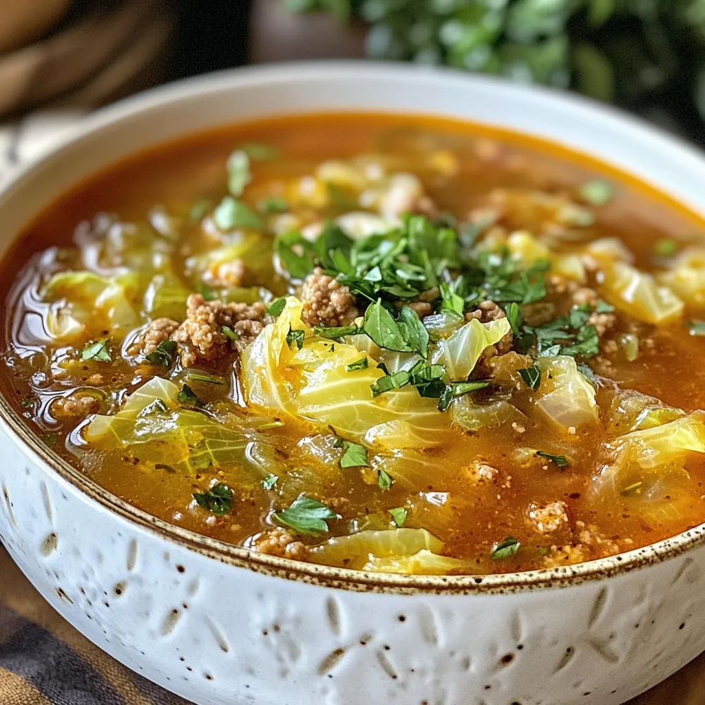 To make this warm and hearty soup, gather these ingredients: - 1 medium head of green cabbage, chopped - 1 lb ground beef (or turkey for a lighter option) - 1 cup cooked rice (white or brown) - 1 large onion, diced - 3 cloves garlic, minced - 1 can (14 oz) crushed tomatoes - 4 cups beef broth (or vegetable broth) - 1 tablespoon Worcestershire sauce - 2 teaspoons dried oregano - 1 teaspoon dried thyme - Salt and pepper to taste - 1 tablespoon olive oil - Fresh parsley for garnish You can make this soup your own. Here are some easy swaps: - Use ground chicken or pork instead of beef. - Swap cooked rice for quinoa or barley. - If you’re out of beef broth, try vegetable broth or chicken broth. - For a vegan version, use lentils or beans instead of meat and skip the broth. - Fresh herbs can replace dried ones. Use three times the amount of fresh herbs. This soup is not only tasty but also good for you. Here’s a quick look at the nutrition: - Calories: Approximately 250 - Protein: 18g - Carbohydrates: 30g - Fat: 8g - Fiber: 4g Each bowl of this cabbage roll soup gives you a great blend of flavors and nutrients. Enjoy every cozy bite! {{ingredient_image_1}} To make cabbage roll soup, gather all your ingredients first. This helps you stay organized. You need a medium head of green cabbage, ground beef, cooked rice, onion, garlic, crushed tomatoes, broth, Worcestershire sauce, herbs, salt, and pepper. Chopping the cabbage and dicing the onion ahead of time saves time. 1. Heat the Oil: Start by heating the olive oil in a large pot over medium heat. 2. Sauté the Aromatics: Add the diced onion and minced garlic. Cook them for about 5 minutes, until they smell great and soften. 3. Brown the Meat: Next, add the ground beef. Cook it until it turns brown. Use a spoon to break the meat apart. If there’s extra fat, drain it. 4. Add Cabbage: Now, stir in the chopped cabbage. Cook for 5-7 minutes until it starts to wilt. 5. Combine Ingredients: Mix in the cooked rice, crushed tomatoes, broth, Worcestershire sauce, oregano, thyme, salt, and pepper. Stir everything well. 6. Simmer: Bring the soup to a boil. Then, lower the heat and let it simmer without a lid for 20-30 minutes. This time lets all the flavors blend and the cabbage gets tender. 7. Taste and Adjust: After simmering, taste the soup. Adjust the seasoning if you need to. Ladle the soup into bowls. For a nice touch, sprinkle fresh parsley on top. This adds color and a fresh taste. Serve the soup hot with some crusty bread for dipping. The bread complements the soup nicely and makes it even more comforting. Enjoy this warm dish on a chilly day! To boost flavor, use fresh herbs. Fresh parsley adds brightness. You can also try adding a bay leaf while cooking. It adds depth to the broth. If you love spice, add a pinch of red pepper flakes. This brings warmth without overpowering the dish. One mistake is overcooking the cabbage. You want it tender, not mushy. Another error is not draining excess fat from the meat. Fat can make the soup greasy. Always taste your soup before serving. Adjust the salt and pepper to your liking. For a thicker soup, add more rice. You can also blend a portion of the soup. This gives a creamy texture without added dairy. Ensure all ingredients are cut evenly for even cooking. Stir the soup occasionally while it simmers to prevent sticking. Pro Tips Use Fresh Herbs: Fresh parsley not only adds color but also enhances the flavor profile of the soup. Consider adding basil or dill for an extra layer of freshness. Adjust the Broth: Customize the soup's richness by using a combination of beef and vegetable broth, or opt for low-sodium broth to control the saltiness. Make It Ahead: This soup tastes even better the next day! Prepare it in advance and store it in the fridge to allow the flavors to meld together overnight. Vegetarian Option: Substitute the ground beef with lentils or a meat substitute for a delicious vegetarian version of this comforting soup. {{image_2}} You can make a tasty vegetarian version of this soup. Start by using a mix of veggies. You can use mushrooms, bell peppers, and zucchini. Instead of meat, use 1 cup of lentils or chickpeas for protein. Replace beef broth with vegetable broth to keep it vegetarian. This soup stays rich and full of flavor. Add more spices like smoked paprika for depth. If you love spice, try adding red pepper flakes. Start with half a teaspoon and adjust to your taste. You can also add diced jalapeños for a fresh kick. For a smoky flavor, include a chipotle pepper in adobo sauce. This will add both heat and a nice smoky taste. Spice up your soup to warm you right up! You can switch the ground beef for other proteins. Ground turkey is a leaner option that works well. You can also use ground chicken if you prefer. For a plant-based choice, try crumbled tempeh or tofu. Both provide great texture and soak up the soup's flavors. Choose what you like best for your meal! To store your leftover cabbage roll soup, let it cool down first. Then, scoop it into an airtight container. This keeps the soup fresh. You can keep it in the fridge for about three to four days. If you plan to eat it later, store it in smaller portions. This way, you can take out just what you need. For long-term storage, freezing is best. Pour the cooled soup into freezer-safe containers. Leave some space at the top, as the soup will expand when frozen. You can freeze it for up to three months. Make sure to label the containers with the date. This helps you keep track of how long it has been frozen. When you're ready to eat, thaw the soup overnight in the fridge. If you need it faster, you can use the microwave. Heat on medium power until warm. Stir it a few times to help it heat evenly. You can also reheat it on the stove. Just put it in a pot over low heat. Stir often until it is hot throughout. Enjoy your delicious cabbage roll soup again! Cabbage roll soup is a warm, tasty dish inspired by traditional cabbage rolls. It combines ground meat, rice, and cabbage in a rich broth. You enjoy all the flavors of cabbage rolls without the fuss of rolling them. The soup is hearty and satisfying, perfect for chilly days. Plus, it uses simple ingredients you likely have at home. Yes, you can make cabbage roll soup in a slow cooker! Just brown the meat and onions first. Then, add all ingredients to the slow cooker. Cook on low for about 6-8 hours or high for 3-4 hours. This method allows the flavors to mix well over time. You will enjoy a delicious and easy meal with minimal effort. Cabbage roll soup lasts about 3-4 days in the fridge. Store it in an airtight container to keep it fresh. When you want to enjoy it again, just heat it on the stove or in the microwave. The flavors may deepen as it sits. This makes it even more tasty for your next meal! Cabbage roll soup is a hearty dish packed with flavor and nutrients. We explored its ingredients, preparation steps, and tips for cooking success. I shared how to enhance flavor and avoid common mistakes. This soup has adaptable variations, including vegetarian and spicy options. Proper storage helps keep it fresh, ensuring you enjoy it longer. Remember, this soup is versatile and can fit your taste. With these insights, you can make delicious cabbage roll soup each time. Enjoy your cooking journey!