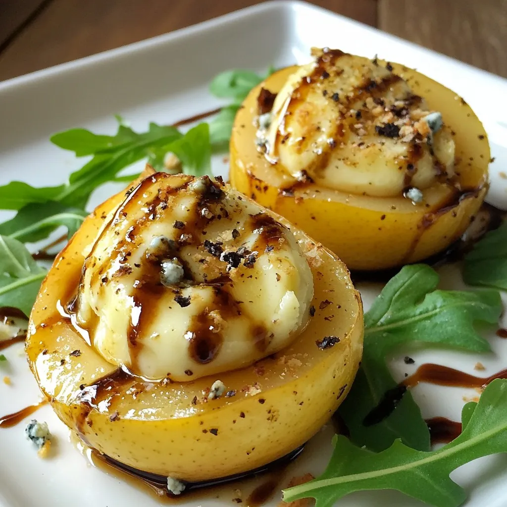 To make blue cheese stuffed pears, gather these tasty items: - 4 ripe pears, halved and cored - 100g blue cheese, crumbled - 50g cream cheese, softened - 1 tablespoon honey - 1 tablespoon chopped walnuts (optional) - Fresh arugula leaves for garnish - Balsamic glaze for drizzling - Salt and pepper to taste - Use four ripe pears for sweetness. Halve and core them for easy stuffing. - Crumble 100 grams of blue cheese for a rich flavor. - Soften 50 grams of cream cheese for a creamy blend. - Add one tablespoon of honey to balance the cheese's sharpness. - If you like nuts, use one tablespoon of chopped walnuts for crunch. - Season with salt and pepper to enhance flavors. If you can’t find blue cheese, try goat cheese for a milder taste. Cream cheese can be swapped with mascarpone for a different texture. For sweetness, maple syrup works well instead of honey. If walnuts aren’t your thing, pecans or almonds can add a nice crunch. Use spinach or mixed greens if arugula isn’t available. {{ingredient_image_1}} To start, gather your ingredients: - 4 ripe pears, halved and cored - 100g blue cheese, crumbled - 50g cream cheese, softened - 1 tablespoon honey - 1 tablespoon chopped walnuts (optional) - Salt and pepper to taste 1. First, preheat your oven to 375°F (190°C). 2. Cut each pear in half lengthwise. 3. Use a spoon to scoop out a bit of the core. This makes room for the filling. 4. Next, in a bowl, mix the blue cheese, cream cheese, honey, and walnuts. 5. Stir until the mixture is creamy and smooth. 6. Add salt and pepper to the cheese mix to taste. 1. Now, fill each pear half with the cheese mixture. Pack it in well. 2. Place the stuffed pears on a baking sheet lined with parchment paper. 3. Bake in the oven for 15-20 minutes. Look for tender pears and bubbly cheese. 4. Once baked, remove the pears and let them cool slightly. 1. Arrange the warm pears on a nice platter. 2. Add fresh arugula leaves for a pop of color. 3. Drizzle balsamic glaze over the top just before serving. 4. These pears are perfect as a starter or light dessert. Enjoy! When choosing pears, look for ripe ones. They should feel slightly soft near the stem. I love using Bartlett or Anjou pears for this recipe. Both are sweet and juicy, perfect for stuffing with rich cheese. Avoid pears that are too hard. They won’t soften well in the oven. For a creamy filling, mix blue cheese with softened cream cheese. The cream cheese helps to mellow the strong flavor of blue cheese. Add honey for sweetness and balance. I recommend tasting the mixture before adding salt and pepper. You want it to be flavorful but not overpowering. If you like crunch, include chopped walnuts. They add a nice texture. Presentation matters! Arrange the stuffed pears on a pretty platter. Garnish with fresh arugula leaves for a pop of color. Drizzle balsamic glaze over the top for a touch of sweetness. This not only enhances the look but also boosts the flavor. Serve warm for the best taste experience. Pro Tips Choose the Right Pears: Opt for firm, ripe pears that will hold their shape during baking. Bartlett or Bosc varieties work particularly well. Mix Cheese to Taste: Adjust the ratio of blue cheese to cream cheese based on your preference for a stronger or milder flavor. Enhance with Spices: Consider adding a pinch of nutmeg or cinnamon to the cheese mixture for a warm, aromatic twist. Serve with a Side: Pair the stuffed pears with a light salad or crusty bread for a complete appetizer experience. {{image_2}} You can change the cheese for different tastes. Try goat cheese for a tangy flavor. It gives a creamy texture and is a great match for pears. Feta cheese offers a salty snap. Mix it with cream cheese for smoothness. If you want a milder taste, use ricotta. Ricotta is light and fluffy, making it a good base. Walnuts add crunch and flavor. If you want something else, try pecans. Pecans are sweet and work well with pears. Almonds are another option. They add a nice crunch and a hint of sweetness. You can chop them or use them whole, depending on your preference. If you want to make it nut-free, skip the nuts entirely. To make this dish vegan, use a plant-based cheese. Look for brands that mimic blue cheese. You can also mix cashew cream with nutritional yeast. This gives a cheesy flavor without dairy. Instead of honey, use maple syrup for sweetness. This keeps the dish sweet and vegan-friendly. The result is a tasty treat for all diets. To store blue cheese stuffed pears, keep them in an airtight container. Use parchment paper to separate layers if stacking. Place the container in the fridge. This keeps them fresh and safe to eat. They will last for about three days in the fridge. To reheat stuffed pears, preheat your oven to 350°F (175°C). Place the pears on a baking sheet. Heat for about 10 minutes or until warm. You can cover them with foil to prevent drying. Enjoy them warm for the best flavor. Freezing blue cheese stuffed pears is not ideal. The texture may change after thawing. If you must freeze them, place them in a freezer-safe container. They can stay frozen for up to a month. To serve, thaw in the fridge overnight and reheat as mentioned. Blue cheese stuffed pears stay fresh for about three days in the fridge. Keep them in an airtight container. After three days, the pears may lose their texture and flavor. Always check for any signs of spoilage before eating. Yes, you can make blue cheese stuffed pears ahead of time. Prepare the pears and fill them with the cheese mixture. Then, cover and store them in the fridge for up to a day. Bake them just before serving for the best taste. This method saves time and makes for easy entertaining. Blue cheese stuffed pears pair well with many foods. Here are some great options: - Walnuts: Their crunch adds texture. - Honey: A drizzle enhances sweetness. - Balsamic glaze: It gives a tangy kick. - Fresh arugula: The peppery taste balances the sweetness. - Red wine: A glass complements the flavors nicely. Try these pairings to create a delightful taste experience! In this article, we explored the essential ingredients for blue cheese stuffed pears, including measurements and substitutes. We provided detailed steps for preparation, baking, and serving. I shared tips for selecting the best pears and perfecting your cheese mix. Variations covered different cheese and nut options, plus a vegan version. Finally, we discussed storage tips and common questions. Blue cheese stuffed pears are easy and fun to make. Try your own twist!