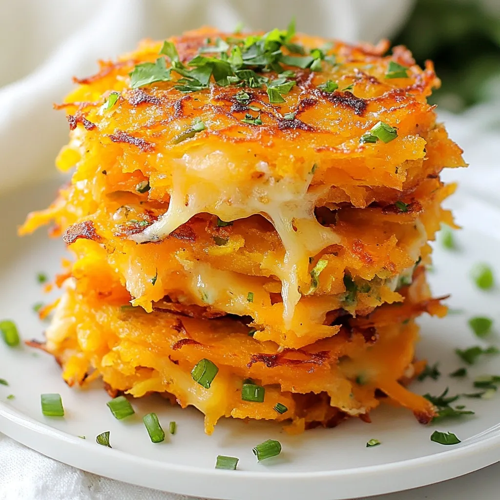 To make crispy sweet potato hash browns, you need the following: - 2 large sweet potatoes, peeled and grated - 1 cup shredded sharp cheddar cheese - 1/2 cup green onions, finely chopped - 1/4 cup all-purpose flour (or almond flour for a gluten-free option) - 1 large egg, beaten - 1 teaspoon garlic powder - 1/2 teaspoon smoked paprika - Salt and pepper to taste - 3 tablespoons olive oil or coconut oil for frying If you want to swap out some ingredients, here are some ideas: - Sweet Potatoes: You can use regular potatoes, but sweet potatoes add more flavor. - Cheese: Use mozzarella or pepper jack for a different taste. - Flour: Almond flour is great for a gluten-free option. You can also try oat flour. - Egg: If you need a vegan option, use a flax egg (1 tablespoon ground flaxseed mixed with 3 tablespoons water). When choosing sweet potatoes, look for these signs of freshness: - Firmness: Pick sweet potatoes that feel firm. Avoid any that are soft or have spots. - Skin: Choose those with smooth skin. Wrinkles can mean they are old. - Color: Look for vibrant, deep orange or purple colors. This shows good quality. - Size: Medium-sized sweet potatoes are often sweeter and more tender than larger ones. These tips can help you make the best sweet potato hash browns. Enjoy the cooking process! {{ingredient_image_1}} Start by peeling the sweet potatoes. Use a box grater or food processor to grate them. Grating helps them cook evenly. Next, put the grated sweet potatoes into a clean kitchen towel. Squeeze out the extra moisture. This step is very important. Less moisture means crispier hash browns. In a large bowl, combine the grated sweet potatoes with shredded cheese, chopped green onions, and flour. Add the beaten egg, garlic powder, smoked paprika, salt, and pepper. Mix well until everything is combined. Use your hands to form small patties. Each patty should be about the size of your palm. This size allows them to cook evenly and get crispy. Heat one tablespoon of olive oil in a large skillet over medium heat. Carefully place the patties in the hot oil. Be sure not to overcrowd the pan. Cook each side for about 4 to 5 minutes. You want them to be golden brown and crispy. Once they are done, transfer the hash browns to a paper towel-lined plate. This helps drain out any extra oil. Repeat with the rest of the mixture, adding more oil as needed. Serve warm and enjoy! To get crispy sweet potato hash browns, moisture control is key. After grating the sweet potatoes, place them in a clean kitchen towel. Squeeze out as much water as you can. This step helps the hash browns crisp up nicely. The less moisture, the better the texture. You can cook sweet potato hash browns in two ways: pan-frying or baking. - Pan-Frying: This method gives the hash browns a golden crust. Use olive oil or coconut oil for frying. Heat the oil in a skillet over medium heat. Cook the patties for about 4-5 minutes on each side. - Baking: For a healthier option, you can bake the hash browns. Preheat your oven to 425°F (220°C). Place the formed patties on a baking sheet lined with parchment paper. Brush them lightly with oil. Bake for about 20-25 minutes, flipping halfway through to get both sides crispy. If you have leftovers, store them properly for the best taste. Let the hash browns cool completely. Place them in an airtight container. You can keep them in the fridge for up to 3 days. For longer storage, freeze them in a single layer on a baking sheet. Once frozen, transfer them to a freezer bag. They will stay fresh for about 2 months. When ready to eat, reheat in the oven or on a skillet for the best texture. Pro Tips Drain Excess Moisture: Squeezing out as much moisture as possible from the grated sweet potatoes is essential for achieving that perfect crispy texture. Use a Non-Stick Skillet: A non-stick skillet can help prevent the hash browns from sticking, making it easier to flip and achieve a golden browning on both sides. Experiment with Cheese: While sharp cheddar adds a great flavor, feel free to experiment with other cheeses like pepper jack or gouda for a unique twist. Keep the Heat Steady: Maintaining medium heat is key. Too high and they may burn on the outside while remaining raw inside; too low and they won't crisp up. {{image_2}} You can change the flavor of your sweet potato hash browns by using different cheeses. Try using mozzarella for a mild taste. For a more robust flavor, use feta or pepper jack. Mixing cheeses can add depth. Just remember to keep the cheese shredded for easy melting. This will help create that crispy, cheesy crust that we all love. Adding veggies is a great way to boost nutrition. You can mix in grated zucchini or finely chopped bell peppers. Spinach or kale also works well. Fresh herbs like parsley or cilantro add a bright touch. Just make sure to chop them finely. This keeps your hash browns from getting too wet. The key is to balance flavors and textures while keeping them delicious. If you want a gluten-free version, use almond flour instead of regular flour. This keeps the texture right while making it gluten-free. For vegan options, skip the egg and add a bit of flaxseed meal mixed with water. This acts as a binding agent. You can also use nutritional yeast for a cheesy flavor without dairy. These changes keep your hash browns tasty and suitable for everyone, no matter their diet. You can store leftover sweet potato hash browns in the fridge. Place them in an airtight container. They will stay fresh for about 3 to 5 days. Make sure they cool down before you store them. This helps keep them crispy. If you want to save some for later, freezing is a great option. First, let the hash browns cool completely. Then, place them in a single layer on a baking sheet. Freeze them for about 1 to 2 hours. Once frozen, transfer them to a freezer-safe bag. They can last up to 2 months in the freezer. Just label the bag with the date. To reheat your hash browns, the oven works best. Preheat your oven to 400°F (200°C). Spread the hash browns on a baking sheet in a single layer. Bake for about 10 to 15 minutes until they are hot and crispy. You can also use a skillet. Heat a little oil, then add the hash browns. Cook on medium heat for about 5 minutes on each side. This gives you that nice crunch again. To make sweet potato hash browns crispy, remove excess moisture. After grating the sweet potatoes, place them in a clean kitchen towel and squeeze out the water. This step is key. A drier mixture fries better. When cooking, use enough oil in the skillet. Don’t overcrowd the pan; it can lead to steaming instead of frying. Fry each side until golden brown, which takes about 4-5 minutes. Yes, you can make sweet potato hash browns without eggs. Instead of using an egg, you can use a flaxseed meal or chia seed mixture. Mix 1 tablespoon of flaxseed meal or chia seeds with 2.5 tablespoons of water. Let it sit for a few minutes until it becomes gelatinous. This will help bind the sweet potato mixture together. Sweet potatoes are packed with nutrients. They are high in fiber, which helps digestion. They also contain vitamins A and C, which are good for your skin and eyes. Sweet potatoes have antioxidants, which protect your cells. Additionally, they are lower on the glycemic index compared to regular potatoes. This means they can help control blood sugar levels. Eating sweet potatoes can be a healthy choice in many dishes. This blog post covered the best ways to make sweet potato hash browns. We explored ingredients, cooking steps, and useful tips for great texture. You learned about variations and storage too. Sweet potatoes are versatile and tasty, making them a fun choice. Use these tips to enjoy delicious meals. With simple changes, you can customize this dish to your taste. Keep experimenting for the best results!