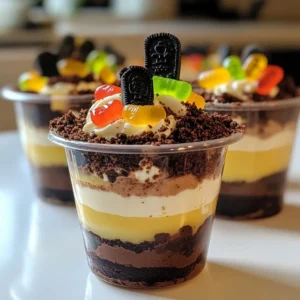 To make graveyard dirt cake cups, gather these key ingredients: - 1 package (15.25 oz) chocolate cake mix - 1 package (3.9 oz) instant chocolate pudding mix - 3 cups milk - 1 cup whipped topping - 1 package (8 oz) cream cheese, softened - 1 cup powdered sugar - 1 package (14 oz) Oreo cookies, crushed - Edible gummy worms You can make your cups look extra spooky with these fun extras: - Mini tombstone candies - Dark chocolate pieces (for gravestones) When choosing ingredients, look for these tips: - Select a well-known brand for cake mix and pudding to ensure taste. - Buy fresh cream cheese for the best texture. - Choose high-quality, dark chocolate for a rich flavor. - Find fresh gummy worms for a fun look. Check for vibrant colors and soft texture. By focusing on quality, you enhance the overall taste of your graveyard dirt cake cups. Enjoy the process and have fun creating this creepy treat! {{ingredient_image_1}} To start, preheat your oven as the cake mix package says. Grab a 9x13-inch pan and prepare it with cooking spray. Then, mix the chocolate cake batter according to the box. Pour the batter into the pan and bake it until a toothpick comes out clean. This usually takes about 30 minutes. Once baked, let the cake cool completely in the pan. In a large bowl, whisk together the instant chocolate pudding mix and 3 cups of milk. Keep whisking until the mix is smooth. Let it sit for about 5 minutes. It will thicken up nicely during this time. Next, crumble the cooled cake into small pieces. In a big bowl, mix half of the crumbled cake with the pudding until combined. Now it&rsquo;s time to layer! Grab clear plastic cups or small jars. Start with a layer of the cake and pudding mix at the bottom. Then, add a layer of the cream cheese mixture. Keep repeating these layers until the cups are full. Make sure to finish with the pudding mix on top. Finally, sprinkle crushed Oreo cookies on the last layer to make it look like dirt. Insert gummy worms into the top and use mini tombstone candies for decoration. For the best taste, chill the cups in the fridge for at least 2 hours before serving. Enjoy your spooky treat! Start with a clear cup. It shows off the layers. Use a spoon to scoop out the cake and pudding. This keeps the layers neat and pretty. Alternate layers for the best visual impact. Use about two tablespoons of each layer. The more layers, the better it looks! Crush the Oreo cookies finely. This gives a realistic dirt effect. Use a rolling pin or a food processor. Sprinkle the crushed cookies thickly on top. Add a few gummy worms peeking out. This adds fun and makes it look spooky! You can prepare these cups a day early. Just store them in the fridge. This allows the flavors to meld well. Keep the worms and decorations off until serving. This keeps everything fresh and fun. If you make them early, they will still taste great! Pro Tips Use Room Temperature Ingredients: For a smoother cream cheese mixture, make sure your cream cheese is at room temperature before mixing. Customize Your Layers: Feel free to add more layers or different flavors, such as vanilla pudding, to create a unique taste experience. Chill for Best Flavor: Letting the dessert cups chill for at least 2 hours enhances the flavors and allows the layers to set properly. Creative Toppings: Get creative with your decorations! Use different types of candy or edible glitter to make your graveyard dirt cake cups even spookier. {{image_2}} To make Graveyard Dirt Cake Cups gluten-free, switch the cake mix. Look for a gluten-free chocolate cake mix at your store. Make sure to read the label to confirm it is safe. You can also use gluten-free Oreo cookies for the "dirt" layer. This way, everyone can enjoy this spooky treat. You can change the flavor of the pudding. Try vanilla pudding for a different taste. Butterscotch pudding adds a sweet twist too. You can combine chocolate and vanilla for a layered effect. This gives your cups a fun look and more flavor. Get creative with decorations for your dirt cake cups. Instead of gummy worms, use candy eyeballs for a creepier look. You can also add edible flowers for a colorful touch. Use chocolate sprinkles to mimic dirt or crushed nuts for a crunchy layer. Let your imagination run wild! To keep your Graveyard Dirt Cake Cups fresh, store them in the fridge. Use an airtight container to prevent them from drying out. You can keep them for up to three days. If you plan to serve them later, wait to add the gummy worms and tombstone decorations. This keeps everything looking fresh and spooky. When you refrigerate your dessert cups, place them on a flat surface. This way, the layers stay neat. Avoid stacking the cups to prevent squishing. If you notice any condensation, wipe it off gently. This keeps the "dirt" looking nice and dry. You can freeze Dirt Cake Cups for longer storage. Just make sure to use freezer-safe containers. Wrap each cup tightly in plastic wrap before placing it in the freezer. They can last up to two months. When ready to enjoy, thaw them in the fridge overnight. Add your decorations after they thaw to keep them looking great! Yes, you can use other cake flavors. Vanilla, red velvet, or even lemon work well. Each flavor adds its own twist to the dessert. Just remember that the pudding flavor should match the cake. This way, all layers taste great together. To make it more fun for kids, skip the gummy worms if you want. Instead, add colorful sprinkles or candy eyes. Use cute cookie shapes for decoration. You can also let kids help layer the cups. This makes it a fun activity for everyone! Use a sturdy tray or a large box. Keep the cups upright to avoid spills. If you have a cooler, that works great too. Just make sure to chill them well before moving. This keeps them fresh and tasty for your guests. This blog post covered everything you need for making dirt cake cups. We explored the best ingredients and tips for sourcing them. You learned step-by-step instructions, plus tips and tricks for perfect layers. Variations like gluten-free options and storage tips help you adapt your dessert. When you try this recipe, have fun with flavors and decorations. You'll impress everyone with your tasty treats. Enjoy the process and share your cake cups with friends and family!