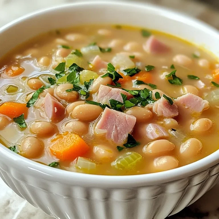 - 2 cups cooked ham, diced - 1 cup dry white beans (such as navy or great northern), soaked overnight and drained - 1 medium onion, chopped - 2 carrots, diced - 2 celery stalks, diced - 3 cloves garlic, minced - 6 cups chicken broth - 2 bay leaves - 1 teaspoon dried thyme - 1 teaspoon smoked paprika - Salt and pepper to taste - 2 tablespoons olive oil For this soup, I love using cooked ham. It adds great flavor and richness. The dry white beans give the soup its heartiness. Soaking the beans overnight makes them tender and easy to cook. I always use fresh vegetables: onions, carrots, and celery. They bring sweetness and texture to the dish. Garlic adds a nice kick, and I often use chicken broth for a savory base. Spices like thyme and smoked paprika enhance the flavor profile. Don’t forget salt and pepper to taste. They are key for balancing the dish. A bit of olive oil helps sauté the veggies and adds a hint of richness. - Fresh parsley, chopped (for garnish) - Additional toppings I enjoy adding fresh parsley on top for a burst of color and flavor. It brightens the soup and makes it look lovely. You can also add other toppings, like croutons or a sprinkle of cheese. These can add extra texture and taste. {{ingredient_image_1}} Start with the onion. Chop it into small pieces. Use a sharp knife for safe cutting. Next, take two carrots and dice them into tiny cubes. Then, grab two celery stalks and do the same. The more even the pieces, the better they cook. Soaking the beans is very important. Take one cup of dry white beans. Place them in a bowl and cover with water. Let them soak overnight. This step helps the beans cook faster and become tender. In a large pot, heat two tablespoons of olive oil over medium heat. Add the chopped onion, carrots, and celery to the pot. Sauté these for about five minutes. You want them to soften but not brown. Now, stir in three minced garlic cloves and cook for one more minute. The smell will be amazing! Then, add two cups of diced ham. Mix it well with the vegetables. Pour in six cups of chicken broth. Don’t forget to add the soaked and drained beans. Toss in two bay leaves, one teaspoon of dried thyme, and one teaspoon of smoked paprika. Season with salt and pepper to taste. Stir everything together to combine the flavors. Bring the soup to a boil. Then, reduce the heat to low. Cover the pot and let it simmer for about one and a half to two hours. This slow cooking allows the beans to become tender. After cooking, taste the soup and adjust the seasoning if needed. Remove the bay leaves before serving. Garnish each bowl with fresh, chopped parsley for a bright touch. Enjoy your hearty ham and bean soup! To get the right thickness for your soup, adjust the broth and beans. If you want a thicker soup, use less broth. You can also mash some beans after cooking. This adds creaminess and keeps the soup hearty. If you prefer a thinner soup, simply add more broth. Always stir well after adjusting to mix everything evenly. To boost flavor, add spices and herbs. I recommend thyme and smoked paprika. Thyme brings out the ham's taste, while smoked paprika adds a rich, smoky note. You can also try adding a pinch of cayenne pepper for heat. Fresh herbs like parsley make a great finishing touch. They add color and a burst of freshness. Timing is key to your beans. If you soak your beans overnight, they will cook faster. Check the beans after about an hour of simmering. Taste them to see if they are tender. If they are not, give them more time. Just be careful not to let them get mushy. Keeping an eye on them helps preserve their shape and texture. Pro Tips Soak Your Beans: Soaking the beans overnight helps them cook more evenly and reduces cooking time. Add Flavor with Broth: Using chicken broth instead of water adds a rich flavor to the soup. Adjust Seasoning: Taste the soup before serving and adjust the seasoning as needed to enhance the flavors. Storage Tips: This soup keeps well in the refrigerator for up to 3 days and freezes nicely for future meals. {{image_2}} You can switch up the beans in this soup for fun. While dry white beans are great, you might like black beans or pinto beans. These will add a new flavor twist. If you want a richer taste, try kidney beans. Just remember to soak them overnight, just like white beans. Adding more veggies makes this soup even better. You can use seasonal veggies like spinach or kale for a fresh touch. Potatoes or sweet potatoes add heartiness. Zucchini is also a great choice and cooks quickly. Don’t be shy; mix and match your favorites! If you want to cook this soup differently, a slow cooker works well. Just add all the ingredients, set it on low, and let it cook for 6-8 hours. For a faster option, the Instant Pot is perfect. Set it to manual for about 30 minutes. Both methods create a tasty, rich soup. You can store ham and bean soup in the fridge. Use an airtight container. It will stay fresh for about three to four days. If you plan to eat it later, cool it down first. This keeps the soup from getting too hot in the fridge. Always label your container with the date. This helps you track how long it's been stored. Freezing is a great option for longer storage. Let the soup cool completely before freezing. Use freezer-safe containers or bags. Leave some space at the top of the container. This allows the soup to expand as it freezes. When you want to eat it, take it out and thaw it in the fridge overnight. You can also use the microwave for quicker thawing, but be sure to stir it well. Reheating ham and bean soup is easy. You can use a pot on the stove or the microwave. If using the stove, heat it on medium-low. Stir often to avoid burning. If using the microwave, heat in short bursts. Stop and stir in between to ensure even heating. Always taste and adjust the seasoning if needed. Enjoy the rich flavors once again! Yes, you can use canned beans! Use about three cups of canned beans for this recipe. Rinse the beans to remove extra salt and liquid. This saves time and makes cooking easier. Just add them to the soup in the last 30 minutes of cooking. This way, the beans warm up without getting too soft. Ham & bean soup will last about three to four days in the fridge. Store it in an airtight container. Make sure it cools to room temperature before you put it in the fridge. If you notice any off smells or changes in color, it’s best to throw it away. Safety first! You can enjoy ham & bean soup with many sides! Here are a few ideas: - Crusty bread or rolls for dipping. - A fresh green salad for a crunchy contrast. - Cornbread for a sweet touch. - Pickles or relishes for a tangy bite. These sides make your meal even better and more filling! This blog post covered the essential aspects of making ham and bean soup. We discussed key ingredients, including ham, beans, and vegetables, and shared simple steps for preparation and cooking. I also provided tips for perfecting your soup’s consistency and flavor. Additionally, we explored variations and storage methods to ensure you enjoy this dish multiple times. In conclusion, making ham and bean soup is easy and satisfying. Experiment with flavors and ingredients to find your perfect bowl. Enjoy the process and the delicious results!