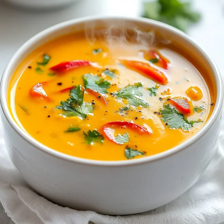 To make Coconut Butternut Red Pepper Soup, you need fresh and simple ingredients. Each one adds flavor and nutrition. Here’s what you’ll need: - 1 medium butternut squash, peeled and cubed - 2 large red bell peppers, chopped - 1 medium onion, diced - 2 cloves garlic, minced - 1 can (400 ml) coconut milk - 4 cups vegetable broth - 2 tablespoons olive oil - 1 tablespoon fresh ginger, grated - 1 teaspoon ground cumin - 1 teaspoon smoked paprika - Salt and pepper to taste - Fresh cilantro, for garnish (optional) Gather these ingredients before you start cooking. This helps you stay organized and makes cooking a breeze. The butternut squash brings a sweet flavor. The red bell peppers add a nice color and taste. Together, they create a warm and inviting soup. The coconut milk gives it a creamy texture, while the spices add warmth and depth. Enjoy preparing this delightful soup! {{ingredient_image_1}} 1. Sautéing the aromatics Heat olive oil in a large pot over medium heat. Add the diced onion. Sauté for about five minutes. The onion should soften and become translucent. Next, add minced garlic and grated ginger. Stir for one minute. You want to release their wonderful aromas. 2. Cooking the vegetables Now, add the chopped red bell peppers and cubed butternut squash. Mix everything well. Cook this mixture for about five to seven minutes. Stir occasionally to prevent sticking. The vegetables should become tender but not mushy. 3. Adding spices and broth Sprinkle in ground cumin and smoked paprika. Mix to coat the vegetables evenly. Cook for an additional minute. This toasts the spices and enhances their flavors. Pour in the vegetable broth and bring the mixture to a boil. Lower the heat and let it simmer for 20 to 25 minutes. The butternut squash needs to be tender for the next step. 1. Blending the soup until smooth Once the vegetables are cooked, blend the mixture until smooth. You can use an immersion blender for this. If you don’t have one, carefully transfer the soup to a blender in batches. Make sure to blend until creamy and smooth. 2. Stirring in the coconut milk Return the blended soup to the pot. Now, stir in the coconut milk. This adds richness and creaminess to your soup. Heat it through on low heat, but do not boil. 3. Seasoning to taste Finally, taste the soup and adjust with salt and pepper as needed. This step makes sure the flavors pop. You can also garnish with fresh cilantro if you like. Enjoy your delicious Coconut Butternut Red Pepper Soup! How to select ripe butternut squash and peppers Choose a butternut squash that feels heavy for its size. Look for a smooth, tan skin with no soft spots. For red bell peppers, pick ones that are firm and shiny. The brighter the color, the sweeter the flavor. Best techniques for sautéing vegetables Start with a hot pan and add olive oil. Let the oil heat before adding onions. Sauté until they are soft and translucent. This process builds great flavor. Stir occasionally to avoid burning. Tips for blending and achieving the perfect consistency When blending, let the soup cool slightly. If using a blender, fill it halfway to avoid spills. Blend in batches if needed. Aim for a creamy and smooth texture. You can adjust the consistency by adding more broth if it’s too thick. Suggestions for additional spices and herbs To add depth, try adding a pinch of nutmeg or cinnamon. Fresh herbs like thyme or basil can brighten the dish. For a touch of sweetness, you could even add a dash of maple syrup. How to customize the heat level If you like heat, add a pinch of cayenne pepper or red pepper flakes. For milder soup, skip these spices. You can also add a dollop of yogurt or sour cream to balance the spice. Pro Tips Use Fresh Ingredients: Whenever possible, opt for fresh butternut squash and red bell peppers to enhance the flavor and texture of your soup. Adjust Spice Levels: Feel free to add more smoked paprika or even a pinch of cayenne pepper if you prefer a spicier kick in your soup. Thicken as Desired: If you like a creamier soup, add more coconut milk or blend for a longer time to achieve your desired consistency. Garnish for Appeal: Fresh cilantro not only adds a pop of color but also enhances the flavor profile; consider other garnishes like toasted pumpkin seeds for added crunch. {{image_2}} You can swap out some veggies if you're feeling creative. Instead of butternut squash, try sweet potatoes. They add a nice sweetness and creaminess, too. If you want more color, use carrots or zucchini. These options keep the soup tasty and fun. For a dairy-free or vegan choice, you already have coconut milk here. This ingredient is perfect! You can also use cashew cream for an extra rich texture. Just blend soaked cashews with water until smooth, then mix it in. It’s a great way to keep things plant-based. This soup pairs well with crusty bread. A warm, fresh baguette is my favorite! You can also serve it with a simple green salad. The crunch of the salad complements the smooth soup nicely. For parties or gatherings, get creative! Serve the soup in small cups or shot glasses. This way, guests can enjoy it as a fun appetizer. You can also top it with a dollop of coconut cream and a sprinkle of cilantro for a fancy touch. It's perfect for impressing friends! To store leftover soup, let it cool first. Then, pour it into a container. A glass jar or a plastic container with a lid works best. This keeps the soup fresh and tasty. Make sure to seal it tightly. You can keep it in the fridge for about 3 to 4 days. When you're ready to eat, just reheat it on the stove or in the microwave. To freeze the soup, first cool it completely. Pour it into a freezer-safe container or a zip-top bag. Leave some space at the top, as soup expands when frozen. You can freeze it for up to 3 months. When you want to enjoy it, take it out of the freezer. Thaw it in the fridge overnight. For reheating, use the stove or microwave. Stir well to make sure it heats evenly. The best way to make this soup is to start with fresh ingredients. First, sauté onion, garlic, and ginger in olive oil. This brings out their flavors. Then, add chopped red bell peppers and butternut squash. Stir them well and cook until soft. Finally, blend everything with coconut milk for a creamy texture. Yes, you can make this soup in advance. Prepare it up to the blending step. Then, store it in the fridge for up to three days. When ready to serve, simply reheat and stir in the coconut milk. This keeps the flavor fresh and vibrant. To adjust for larger servings, simply double or triple the ingredients. For example, use two butternut squashes and four red bell peppers. Increase the broth and coconut milk too. This will ensure everyone gets a hearty serving of soup. Yes, you can make this soup in a slow cooker. Sauté the onion, garlic, and ginger first, then add all ingredients to the slow cooker. Cook on low for 6-8 hours or on high for 3-4 hours. Blend the soup when it's done cooking and stir in the coconut milk. This blog post shared a simple way to make Coconut Butternut Red Pepper Soup. We covered the essential ingredients, preparation steps, and key cooking tips. You learned how to enhance flavors and customize your soup. We explored different variations and provided storage information. In summary, you can enjoy this soup your way. It’s versatile, tasty, and perfect for sharing. Try it for your next meal and enjoy the warmth it brings. Happy cooking!