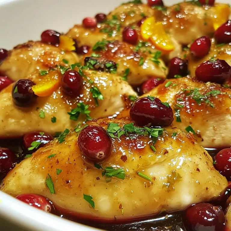 - 4 chicken breasts, boneless and skinless - 1 cup fresh cranberries - 1 large orange (zested and juiced) - 1/2 cup chicken broth The main ingredients create a balanced mix of flavors. Chicken breasts provide protein, while fresh cranberries add tartness. The orange gives a bright, citrusy zest. Chicken broth keeps the dish moist and rich. This combination shines in any meal. - 2 tablespoons honey - 1 teaspoon fresh thyme (or 1/2 teaspoon dried thyme) - 1 tablespoon olive oil - Salt and pepper to taste Honey brings sweetness to the dish. Fresh thyme adds an earthy note. Olive oil helps with cooking and adds flavor. Salt and pepper enhance all the ingredients. These additional ingredients make the dish come alive. - Fresh parsley, chopped Fresh parsley adds color and freshness. It brightens up the plate and adds a pop of flavor. This small touch makes your meal look beautiful and inviting. Garnishing elevates the whole dining experience. {{ingredient_image_1}} To make the sauce, start by boiling the cranberries and orange mixture. In a medium saucepan, combine 1 cup of fresh cranberries, the zest of 1 large orange, the juice of that orange, 1/2 cup of chicken broth, 2 tablespoons of honey, 1 teaspoon of fresh thyme, and a pinch of salt and pepper. Turn the heat to medium and bring the mixture to a gentle boil. Once it starts boiling, reduce the heat and let it simmer. Keep an eye on it for about 10 minutes. You want the cranberries to burst and the sauce to thicken slightly. This step is key to building flavor. While your sauce simmers, prepare the chicken. Take 4 boneless, skinless chicken breasts. Season both sides with salt and pepper. This adds depth to the flavor. Next, heat 1 tablespoon of olive oil in an oven-safe skillet over medium-high heat. Once the oil is hot, add the chicken. Sear each breast for about 3-4 minutes on each side. You want them golden brown. This step locks in moisture and adds a nice crust. Now, it’s time for the oven. Pour the cranberry-orange sauce over the seared chicken in the skillet. Make sure each piece is well-coated for maximum flavor. Transfer the skillet to your preheated oven at 375°F (190°C). Bake for 20-25 minutes. Check that the chicken reaches an internal temperature of 165°F (74°C). After baking, remove the skillet from the oven. Let the chicken rest for a few minutes before serving. This helps the juices redistribute. For the final touch, garnish with chopped fresh parsley. This adds color and freshness to your dish. Enjoy your Cranberry Orange Chicken Delight! To keep your chicken juicy, always sear it before baking. Searing locks in moisture and flavor. Use medium-high heat and a bit of olive oil. Cook each side for about 3-4 minutes until golden brown. If you want to try a different method, you can grill the chicken. Just marinate it in the cranberry-orange sauce for a few hours. Grilling adds a nice smoky flavor that pairs well with the sweet sauce. You can spice things up by adding a pinch of cinnamon or nutmeg. These spices blend well with the cranberries and orange. Fresh herbs, like rosemary or sage, can also add depth. Feel free to mix and match to find your favorite flavor. For pairing, serve this dish with rice or quinoa. Both grains soak up the sauce well. A simple green salad or steamed veggies also works nicely to balance the meal. Ideal side dishes include garlic mashed potatoes or roasted Brussels sprouts. Their flavors complement the sweet and tangy chicken. For presentation, slice the chicken and arrange it on a platter. Drizzle the sauce over the top and sprinkle fresh parsley for color. This makes for a beautiful and inviting meal. Pro Tips Use Fresh Ingredients: Fresh cranberries and a ripe orange will enhance the flavor of the dish significantly. Frozen cranberries can work in a pinch but won't have the same bright taste. Perfectly Sear the Chicken: Make sure the pan is hot enough before adding the chicken. This will create a beautiful golden crust and lock in moisture. Let it Rest: Allowing the chicken to rest after baking helps redistribute the juices, ensuring each bite is tender and juicy. Garnish for Presentation: Fresh parsley not only adds a pop of color but also a fresh flavor that complements the dish beautifully. {{image_2}} You can change the fruits in the sauce. Instead of cranberries, try using blueberries or cherries. They give a different taste but still pair well with chicken. If you want a sweeter sauce, consider using apples or pears. They add a nice fruity flavor too. For the chicken, you can use turkey breasts or even pork chops. These proteins work well with the sauce. Just adjust the cooking time as needed. To make this dish gluten-free, check your chicken broth. Some brands add gluten. Use a certified gluten-free broth instead. This small change keeps the dish safe for those with gluten issues. If you want a low-sugar option, skip the honey. You can also use a sugar substitute like stevia or monk fruit. These options help cut sugar but keep the meal tasty. Add global flavors to this recipe by mixing in spices. For a Mexican twist, add cumin and chili powder. This gives the dish a warm, spicy kick. If you want to go Asian, add soy sauce and ginger to the sauce. This change creates a unique flavor that blends sweet and savory. You can also top the chicken with sesame seeds for added crunch. To store leftovers, place them in an airtight container. This keeps the chicken fresh. You can store it in the fridge for up to three days. Make sure to let it cool before sealing. This helps prevent moisture buildup, which can make it soggy. For longer storage, you can freeze the chicken. Divide it into portions and place them in freezer bags. Squeeze out the air to prevent freezer burn. It can last in the freezer for up to three months. When you're ready to enjoy it, thaw it in the fridge overnight. This keeps the meat safe and tasty. For safe reheating, use the oven or microwave. If using an oven, set it to 350°F (175°C) and heat until warm. In the microwave, cover the dish to keep moisture in. This helps maintain flavor and texture. Avoid reheating more than once. This keeps the chicken juicy and delicious. Cranberry Orange Chicken Delight is a tasty dish that blends sweet and savory. The chicken has a nice, juicy flavor from the fresh cranberries and oranges. This dish is colorful and looks great on any plate. The sauce gives the chicken a lovely shine and a unique taste. You will enjoy the mix of tangy and sweet flavors, making it a big hit at dinner. Yes, you can make this recipe ahead of time. If you want to save time, cook the chicken and make the sauce earlier in the day. Store the sauce and chicken in separate airtight containers. Keep them in the fridge for up to three days. When you are ready to eat, reheat the chicken in the oven. Warm the sauce on the stove until it is hot. This method keeps the flavors fresh. You can check if the chicken is cooked by measuring its internal temperature. Use a meat thermometer to check the thickest part of the chicken. The safe temperature is 165°F (74°C). If you do not have a thermometer, cut into the chicken. The meat should be white, not pink. Juices should run clear. This way, you can be sure it is safe to eat. This recipe showcases how to make a flavorful cranberry orange chicken. You learned about the main and additional ingredients, along with step-by-step cooking instructions. We explored tips for enhancing flavor and serving suggestions. You can even try variations with different proteins or spices. Store your leftovers safely for tasty meals later. Cooking should be fun, so enjoy trying this dish. Trust me, you will love how delicious and easy it is!
