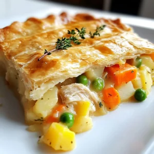 - 2 cups cooked chicken, shredded - 1 cup carrots, diced - 1 cup peas (fresh or frozen) - 1 cup potatoes, diced - 1 onion, chopped - 3 cloves garlic, minced I love using cooked chicken in this dish. It makes the pot pie hearty and filling. Diced carrots add a nice crunch. Peas add sweetness and color. Diced potatoes give a creamy texture. The chopped onion and minced garlic bring great flavor. - 1 cup chicken broth - 1 cup heavy cream The chicken broth makes the filling juicy. Heavy cream adds richness. Together, they create a smooth and thick sauce that coats the chicken and veggies well. - 1 tablespoon fresh thyme, chopped (or 1 teaspoon dried thyme) - 1 tablespoon olive oil - Salt and pepper to taste - 1 package of refrigerated pie crusts (2 crusts) - 1 egg, beaten (for egg wash) Fresh thyme gives a nice herb flavor. Olive oil helps saut&eacute; the veggies. Salt and pepper enhance every bite. Using refrigerated pie crusts saves time. An egg wash makes the crust golden and shiny. This mix of ingredients creates a cozy meal that warms the heart. Each bite brings comfort and joy. {{ingredient_image_1}} - Cook the Vegetables: Start by heating olive oil in a large skillet. Add chopped onion, minced garlic, diced carrots, and diced potatoes. Saut&eacute; these veggies for about 5 to 7 minutes. You want them to soften but not brown. - Add Chicken and Seasoning: Next, stir in 2 cups of shredded chicken and 1 cup of peas. Sprinkle in fresh thyme, salt, and pepper to taste. Cook this mix for another 2 to 3 minutes, letting the flavors combine. - Make the Creamy Filling: Pour in 1 cup of chicken broth and 1 cup of heavy cream. Stir well and bring this mixture to a simmer. Let it cook for 5 to 7 minutes until the sauce thickens. Once thick, take it off the heat and let it cool slightly. - Preheat the Oven: Set your oven to 425&deg;F (220&deg;C). This step is key for a golden crust. - Assemble the Pie: Roll out one pie crust and fit it into a 9-inch pie dish. Pour the chicken mixture into this crust, spreading it evenly. Roll out the second crust and place it over the filling. Seal the edges by crimping them together. Cut a few slits in the top crust to let steam escape. - Egg Wash: Brush the top crust with a beaten egg. This gives it a nice golden finish when baked. - Bake: Place the pot pie in your preheated oven. Bake for 30 to 35 minutes, or until the crust turns golden brown and the filling bubbles. - Cool and Serve: Let the pie cool for about 10 minutes before slicing. This helps the filling set and makes it easier to serve. Using homemade chicken broth gives your pot pie a rich taste. You can make it easily by simmering chicken bones with veggies. It adds depth to your dish. You can also try adding fresh herbs like rosemary or sage. These herbs can make your pie smell and taste amazing. Chill your pie crusts before you use them. A cold crust helps it turn out flaky. This small step makes a big difference. Be sure not to overfill your pie. If you add too much filling, it might leak while baking. Keep a little space at the top for best results. Cut some decorative slits in the top crust. This gives your pie a rustic look. It also allows steam to escape. You can serve your pot pie with fresh herbs on top. Adding a side salad brings color to your plate and makes it look more inviting. Pro Tips Use Rotisserie Chicken: For a quicker preparation, consider using store-bought rotisserie chicken. It adds flavor and saves cooking time! Customize Your Veggies: Feel free to add your favorite vegetables, such as corn or green beans, to the filling for extra flavor and nutrition. Thicken the Filling: If you prefer a thicker filling, you can add a cornstarch slurry (1 tablespoon cornstarch mixed with 1 tablespoon water) to the mixture before simmering. Let It Rest: Allow the pot pie to cool for about 10-15 minutes before slicing. This helps the filling set and makes serving easier. {{image_2}} You can make your chicken pot pie a bit lighter. Replace heavy cream with sour cream. This swap cuts fat while keeping it creamy. You can also choose whole grain pie crust. This option adds fiber and nutrients to your meal. If you want to change the protein, swap chicken for turkey. This choice works well, especially after a holiday. For a vegetarian option, use tofu instead. It soaks up flavors and adds protein. You can even add bacon or ham. These meats bring a smoky taste and extra richness. Get creative with your veggies! Add corn, mushrooms, or bell peppers. Each brings a new taste and texture. You can also mix in different cheese. Cheddar gives a creamy twist and a sharp flavor. Try these changes to make your pot pie truly unique! After enjoying your ultimate chicken pot pie, store any leftovers in the fridge. Make sure to use an airtight container. This keeps the pie fresh and tasty. You can safely eat it within 3-4 days. If you wait too long, it may spoil. If you want to save some for later, freeze the pie before baking. This gives you a quick meal for busy days. Wrap it well in plastic wrap and place it in a freezer bag. When ready to bake, thaw it in the fridge overnight. This ensures even cooking later. For the best texture, reheat your pot pie in the oven. Set it to 350&deg;F (175&deg;C) and bake until warm. This helps the crust stay flaky. If you're in a hurry, you can use the microwave. Just heat it for a few minutes, checking often to avoid overheating. To make a simple pie crust, you need: - 2 1/2 cups all-purpose flour - 1 teaspoon salt - 1 cup unsalted butter, cold and cubed - 6-8 tablespoons ice water Here&rsquo;s how to do it: 1. In a bowl, mix flour and salt. 2. Add cold butter. Use your hands or a pastry cutter to mix until it looks like crumbs. 3. Slowly add ice water, one tablespoon at a time, until the dough holds together. 4. Divide the dough in half, shape into discs, and wrap in plastic wrap. Chill for at least one hour before rolling out. Yes, you can make the pot pie a day ahead. Here&rsquo;s how: 1. Prepare the filling and let it cool. 2. Assemble the pie but do not bake it. 3. Cover it tightly with plastic wrap or foil. 4. Store it in the fridge. 5. When ready to bake, remove it from the fridge, brush with egg wash, and bake as directed. Several side dishes complement chicken pot pie well. Here are some ideas: - A light green salad with vinaigrette - Garlic bread or dinner rolls - Steamed broccoli or green beans - A simple coleslaw for crunch You know the pot pie is done when: - The crust is golden brown. - The filling is bubbling through the slits on top. - A knife inserted in the center comes out hot. These signs mean your pot pie is perfectly baked and ready to enjoy! This blog post covered how to create a delicious chicken pot pie. We looked at ingredients, from cooked chicken and veggies to seasonings and crust. I shared step-by-step instructions to prepare, assemble, and bake your pot pie. I also offered tips for flavor and presentation, along with variations and storage advice. In summary, you can enjoy a warm, hearty meal that fits your tastes. Happy cooking, and enjoy your pot pie!