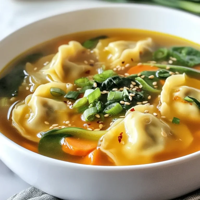 To make Easy Potsticker Soup, gather these key ingredients: - 1 packet of frozen potstickers (about 12-16 pieces) - 4 cups chicken or vegetable broth - 1 tablespoon soy sauce - 1 teaspoon sesame oil - 1 inch ginger, grated - 2 cloves garlic, minced - 1 cup bok choy, chopped - 1 cup baby spinach - 1 carrot, thinly sliced - 3 green onions, chopped - Salt and pepper to taste These ingredients work together to create rich and tasty soup. You can add a few optional items to enhance your soup: - Chili oil for drizzling - Sesame seeds for garnish These extras bring a touch of flavor and fun to the dish. If you don’t have some ingredients, here are some easy swaps: - Use tofu instead of potstickers for a vegetarian option. - Swap bok choy with kale or Swiss chard for a different green. - Any broth works; try beef broth for a bolder taste. These substitutions make the recipe flexible to your needs. {{ingredient_image_1}} Start by heating a drizzle of sesame oil in a large pot over medium heat. Add the minced garlic and grated ginger. Sauté them for about one minute. You will know they are ready when they smell amazing. This step creates a flavorful base for your soup. Next, pour in four cups of chicken or vegetable broth. Bring it to a gentle simmer. Stir in one tablespoon of soy sauce. Then add the thinly sliced carrots. Let everything cook for five minutes. This allows the carrots to soften and blend into the broth. Now, carefully add the frozen potstickers to the pot. Let them simmer for eight to ten minutes. This will heat them through and make them tender. After that, include one cup of chopped bok choy and one cup of baby spinach. Cook for another two to three minutes. The greens should be tender and bright. Taste your soup and season it with salt and pepper as needed. Ladle the soup into bowls. Top with chopped green onions for freshness. If you like spice, drizzle some chili oil on top. You can also sprinkle sesame seeds for a nice finish. Enjoy this colorful and tasty dish! To boost the flavor of your potsticker soup, consider adding extra ingredients. Here are some ideas: - Mushrooms: Sliced shiitake or button mushrooms add a nice umami taste. - Peppers: Diced bell peppers can add sweetness and color. - Cabbage: Shredded napa cabbage gives a nice crunch. - Fresh herbs: Cilantro or basil can brighten the soup. - Chili oil: A drizzle of chili oil adds heat and depth. Each ingredient adds a unique twist. Feel free to mix and match based on your taste. Cooking potstickers well is key to a great soup. Here are my top tips: - Sauté first: Sauté potstickers in a bit of oil before adding broth. This adds a crispy texture. - Simmer gently: Keep the heat low to avoid breaking the potstickers. A gentle simmer is best. - Don’t overcrowd: Cook in batches if needed. This ensures even cooking. Using these techniques makes for perfectly cooked potstickers in your soup. To make a full meal from your potsticker soup, consider these sides: - Rice: A bowl of steamed jasmine or brown rice complements the soup well. - Salad: A light Asian-style salad with sesame dressing adds freshness. - Spring rolls: These crispy treats are a tasty addition to the meal. These pairings round out your dining experience, making it satisfying and delicious. Enjoy! Pro Tips Use Fresh Ingredients: For the best flavor, opt for fresh garlic and ginger instead of pre-minced options. Fresh ingredients will enhance the aroma and taste of your soup. Customize Your Greens: Feel free to swap bok choy and spinach with other greens like kale or Swiss chard for a different flavor profile and added nutrition. Make It Spicy: If you enjoy heat, add some sliced fresh chili peppers or a splash of hot sauce along with the chili oil for an extra kick. Perfect Potsticker Cooking: Ensure not to overcrowd the pot with potstickers; this allows them to heat evenly and maintain their texture without becoming mushy. {{image_2}} You can easily make this soup vegetarian or vegan. Just swap the broth. Use vegetable broth instead of chicken broth. Check the potstickers too. Many brands offer vegetarian options. Look for ones filled with mushrooms, tofu, or veggies. This change keeps all the great flavors while making it plant-based. If you want meat, try different options. Ground pork is a classic choice and brings rich flavor. Chicken, turkey, or even beef potstickers work well too. You can also add cooked shrimp for a seafood twist. Just make sure to adjust the cooking time if you use raw meat. You want everything to cook evenly in the broth. For a gluten-free version, look for gluten-free potstickers. Many brands now offer this option. Use gluten-free soy sauce or tamari, which tastes great. Check the labels on your broth too. Some contain gluten, so read carefully. With these tweaks, you can enjoy a comforting bowl without gluten. After you enjoy your Easy Potsticker Soup, let it cool down. Pour the soup into an airtight container. This helps keep it fresh. Store the container in the fridge for up to three days. If you want to keep it longer, consider freezing it. To reheat your soup, pour it into a pot. Heat it on low to medium heat. Stir occasionally to avoid burning. If you find the soup too thick, add a splash of broth or water. You can also use the microwave. Heat it in a safe bowl. Stir halfway through to warm it evenly. If you want to freeze your soup, do it right after it cools. Use freezer-safe containers. Leave some space at the top. This allows for expansion when the soup freezes. It will stay good for up to three months. When you're ready to eat, thaw it in the fridge overnight. Then reheat as usual. To make potstickers from scratch, you need a few key items. First, prepare the dough. Mix flour and water, then knead until smooth. Let it rest for 30 minutes. Next, make the filling. Use ground meat, chopped vegetables, and seasonings like soy sauce and ginger. Roll out the dough into thin circles. Place a spoonful of filling in the center of each circle. Fold the dough over and pinch the edges to seal. You can pan-fry, steam, or boil them until cooked. This way, you can enjoy fresh potstickers in your soup! Yes, you can use fresh vegetables! Fresh bok choy, spinach, and carrots add great flavor and texture. Just chop them to the same size as the frozen ones. Cook them slightly longer to ensure they’re tender. Fresh veggies give your potsticker soup a bright and crisp taste. The best sides to serve with potsticker soup are light and fresh. Here are some ideas: - Steamed edamame: Simple to prepare and packed with protein. - Cucumber salad: A refreshing crunch that balances the soup's warmth. - Fried rice: Perfect for a filling meal alongside the soup. - Spring rolls: Add an extra layer of flavor and texture. These sides enhance your meal and create a delightful dining experience! In this blog post, we explored how to make potsticker soup. I shared essential ingredients, optional garnishes, and substitutions to suit your taste. The step-by-step instructions cover preparing aromatics, simmering broth, and cooking potstickers. We also looked at tips for enhancing flavor, cooking techniques, and pairing suggestions. You can try variations like vegetarian options or gluten-free adjustments. Finally, I provided storage and reheating tips for leftovers. Enjoy your cooking adventure!