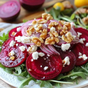 - 3 medium-sized beets - 4 oz feta cheese, crumbled - 2 cups arugula or mixed salad greens - 1/4 cup walnuts, toasted and roughly chopped - 1/4 cup red onion, thinly sliced - 3 tablespoons olive oil - 2 tablespoons balsamic vinegar - 1 tablespoon honey - Salt and black pepper to taste When I make Fresh Beet Feta Salad, I love using fresh, colorful ingredients. The beets are the star of the show. I choose medium-sized beets for the best taste and texture. They roast well and become sweet and tender. I use feta cheese for a salty kick. Crumbled feta adds a creamy touch that balances the beets. For greens, I prefer arugula. Its peppery taste lifts the salad. Mixed salad greens work too, for extra crunch. I always add walnuts for a nice crunch. Toasted walnuts bring out the flavor and add richness. Red onion gives the salad a sharp taste. I slice it thinly, so it blends well with the other ingredients. To dress the salad, I mix olive oil, balsamic vinegar, and honey. This dressing is simple yet bright. It adds depth to the salad. Don't forget salt and black pepper for flavor. Adjust to your taste, and enjoy! {{ingredient_image_1}} Roasting Beets First, preheat your oven to 400&deg;F (200&deg;C). Wash and dry the beets. Wrap each beet in aluminum foil. Place them on a baking sheet. Roast them for 45-60 minutes. They should be fork-tender when done. Cooling and Peeling Once cooked, take the beets out of the oven. Let them cool slightly. Use your hands or a paper towel to peel off the skin. It should come off easily. Slicing Techniques Now, slice the beets into thin rounds or half-moons. This will help them blend well in the salad. Whisking the Dressing In a large bowl, combine olive oil, balsamic vinegar, honey, salt, and black pepper. Whisk these ingredients together until you achieve a smooth mixture. Adjusting Seasoning Taste your dressing and adjust the seasoning if needed. You want it to be just right. Combining Greens and Onions In a separate bowl, mix the arugula or mixed greens with sliced red onion. Drizzle a bit of the dressing over the greens. Toss gently to coat every leaf. Layering Ingredients On a serving platter, place the dressed greens. Next, arrange the beet slices on top. Sprinkle the crumbled feta and chopped walnuts over everything. Final Touches Drizzle more dressing over the salad if you like. Finish with a sprinkle of black pepper for extra flavor. Enjoy your fresh beet feta salad! How to Select Fresh Beets When picking beets, choose ones that feel firm and heavy. Look for smooth skin with no soft spots. The leaves should be fresh and green, showing the beet is young. Smaller beets are often sweeter and more tender. Alternative Cooking Methods While roasting beets is popular, you can boil or steam them too. Boiling takes about 30 minutes. Just place them in water and simmer until tender. Steaming is quicker and keeps more nutrients. Use a steamer basket over simmering water for about 20 minutes. Serving Suggestions For a rustic look, serve your salad on a large wooden platter. If you want a more refined touch, use individual bowls. This allows each guest to enjoy their own portion. Garnishing Ideas Add extra chopped walnuts for crunch and a sprinkle of feta for color. You can also use fresh herbs like parsley or dill to brighten the dish. A few edible flowers can add a beautiful touch as well. Best Accompaniments for Beet Feta Salad This salad pairs well with grilled chicken or fish. It also goes great with quinoa or lentils for more protein. Serve it next to a warm crusty bread for a complete meal. Recommended Dressings The dressing made from olive oil and balsamic vinegar is perfect. You can also try lemon juice for a zesty twist. A creamy dressing like tahini or yogurt adds richness and balance. Pro Tips Use Fresh Beets: Fresh, unblemished beets will yield the best flavor and texture. Look for beets that are firm and vibrant in color. Toast Your Walnuts: Toasting walnuts enhances their flavor and adds a delightful crunch to your salad. Simply place them in a dry skillet over medium heat for a few minutes. Adjust the Dressing: Feel free to tweak the dressing ingredients to suit your taste. Add more honey for sweetness or a splash of lemon juice for acidity. Serve Fresh: For the best taste and texture, serve the salad immediately after assembling. This ensures the greens remain crisp and vibrant. {{image_2}} Vegan Alternatives You can make a vegan version of this salad by swapping feta cheese for a plant-based option. Try using crumbled tofu or cashew cheese. These alternatives will give you a similar creamy texture without dairy. Nut-Free Options If you have nut allergies, simply leave out the walnuts. You can replace them with seeds like pumpkin or sunflower seeds. They add crunch and flavor without any nuts. Other Cheeses to Use Feta cheese brings a tangy taste to the salad. If you want a different flavor, try goat cheese, blue cheese, or even ricotta. Each cheese gives a unique twist to your Beet Feta Salad. Different Types of Greens While arugula is a favorite, you can use other greens. Spinach, kale, or mixed salad greens work well too. Each green adds its own flavor and texture, allowing you to customize your salad. Summer Freshness In summer, use fresh herbs like basil or mint for a refreshing touch. You can also add ripe tomatoes or cucumbers to enhance the lightness of the dish. Winter Heartiness For winter, add roasted root vegetables like carrots or sweet potatoes. These ingredients will add warmth and richness to your salad, making it hearty and satisfying. - Storing Leftovers in the Fridge: After enjoying your Fresh Beet Feta Salad, store leftovers in an airtight container. This keeps the salad fresh for about three days. Make sure to keep the dressing separate. This helps prevent the greens from wilting. - How to Keep Ingredients Fresh: If you have extra beets, wrap them in a damp cloth and place them in the fridge. Store the feta cheese in its brine or in a covered container. Keep walnuts in a cool, dark place to maintain their crunch. - Making Ahead of Time: You can roast the beets a day in advance. Once cooled, slice them and store them in the fridge. Prepare the dressing ahead too. This saves time on busy days! - Ideal Serving Timeframes: Serve the salad within 24 hours for the best taste. The flavors blend well, but the greens stay crispest within that time. Enjoy it fresh for a vibrant meal! Can I use canned beets instead of fresh? Yes, you can use canned beets. They are ready to eat. Just rinse them well. Fresh beets give a better flavor and texture. How do I know when beets are fully cooked? Beets are cooked when they are fork-tender. Insert a fork or knife into the beet. If it goes in easily, they are done. Can I use a different type of vinegar? Absolutely! You can try apple cider vinegar or red wine vinegar. Each will add its own unique flavor. What are the health benefits of beets? Beets are rich in vitamins and minerals. They are high in fiber. Beets may help lower blood pressure and improve stamina. How many calories are in the Fresh Beet Feta Salad? This salad has about 200 calories per serving. The calories come from beets, feta, and walnuts. What goes well with Beet Feta Salad? Grilled chicken or fish pairs well. You can also serve it with crusty bread. A light soup can be a nice side. How to serve for a crowd? Make a big bowl of salad. Arrange it on a large platter. Let guests serve themselves for a fun, casual vibe. In this blog post, we explored the delightful Fresh Beet Feta Salad. We covered key ingredients like beets, feta cheese, and walnuts. You learned how to prepare, dress, and assemble this tasty dish step by step. I shared helpful tips on cooking, presentation, and variations for different diets. We also discussed proper storage and answered common questions. This salad is not just delicious; it's healthy, too. Enjoy making it your own, and remember, the joy of cooking comes from experimenting with flavors!