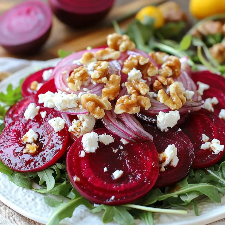 - 3 medium-sized beets - 4 oz feta cheese, crumbled - 2 cups arugula or mixed salad greens - 1/4 cup walnuts, toasted and roughly chopped - 1/4 cup red onion, thinly sliced - 3 tablespoons olive oil - 2 tablespoons balsamic vinegar - 1 tablespoon honey - Salt and black pepper to taste When I make Fresh Beet Feta Salad, I love using fresh, colorful ingredients. The beets are the star of the show. I choose medium-sized beets for the best taste and texture. They roast well and become sweet and tender. I use feta cheese for a salty kick. Crumbled feta adds a creamy touch that balances the beets. For greens, I prefer arugula. Its peppery taste lifts the salad. Mixed salad greens work too, for extra crunch. I always add walnuts for a nice crunch. Toasted walnuts bring out the flavor and add richness. Red onion gives the salad a sharp taste. I slice it thinly, so it blends well with the other ingredients. To dress the salad, I mix olive oil, balsamic vinegar, and honey. This dressing is simple yet bright. It adds depth to the salad. Don't forget salt and black pepper for flavor. Adjust to your taste, and enjoy! {{ingredient_image_1}} Roasting Beets First, preheat your oven to 400°F (200°C). Wash and dry the beets. Wrap each beet in aluminum foil. Place them on a baking sheet. Roast them for 45-60 minutes. They should be fork-tender when done. Cooling and Peeling Once cooked, take the beets out of the oven. Let them cool slightly. Use your hands or a paper towel to peel off the skin. It should come off easily. Slicing Techniques Now, slice the beets into thin rounds or half-moons. This will help them blend well in the salad. Whisking the Dressing In a large bowl, combine olive oil, balsamic vinegar, honey, salt, and black pepper. Whisk these ingredients together until you achieve a smooth mixture. Adjusting Seasoning Taste your dressing and adjust the seasoning if needed. You want it to be just right. Combining Greens and Onions In a separate bowl, mix the arugula or mixed greens with sliced red onion. Drizzle a bit of the dressing over the greens. Toss gently to coat every leaf. Layering Ingredients On a serving platter, place the dressed greens. Next, arrange the beet slices on top. Sprinkle the crumbled feta and chopped walnuts over everything. Final Touches Drizzle more dressing over the salad if you like. Finish with a sprinkle of black pepper for extra flavor. Enjoy your fresh beet feta salad! How to Select Fresh Beets When picking beets, choose ones that feel firm and heavy. Look for smooth skin with no soft spots. The leaves should be fresh and green, showing the beet is young. Smaller beets are often sweeter and more tender. Alternative Cooking Methods While roasting beets is popular, you can boil or steam them too. Boiling takes about 30 minutes. Just place them in water and simmer until tender. Steaming is quicker and keeps more nutrients. Use a steamer basket over simmering water for about 20 minutes. Serving Suggestions For a rustic look, serve your salad on a large wooden platter. If you want a more refined touch, use individual bowls. This allows each guest to enjoy their own portion. Garnishing Ideas Add extra chopped walnuts for crunch and a sprinkle of feta for color. You can also use fresh herbs like parsley or dill to brighten the dish. A few edible flowers can add a beautiful touch as well. Best Accompaniments for Beet Feta Salad This salad pairs well with grilled chicken or fish. It also goes great with quinoa or lentils for more protein. Serve it next to a warm crusty bread for a complete meal. Recommended Dressings The dressing made from olive oil and balsamic vinegar is perfect. You can also try lemon juice for a zesty twist. A creamy dressing like tahini or yogurt adds richness and balance. Pro Tips Use Fresh Beets: Fresh, unblemished beets will yield the best flavor and texture. Look for beets that are firm and vibrant in color. Toast Your Walnuts: Toasting walnuts enhances their flavor and adds a delightful crunch to your salad. Simply place them in a dry skillet over medium heat for a few minutes. Adjust the Dressing: Feel free to tweak the dressing ingredients to suit your taste. Add more honey for sweetness or a splash of lemon juice for acidity. Serve Fresh: For the best taste and texture, serve the salad immediately after assembling. This ensures the greens remain crisp and vibrant. {{image_2}} Vegan Alternatives You can make a vegan version of this salad by swapping feta cheese for a plant-based option. Try using crumbled tofu or cashew cheese. These alternatives will give you a similar creamy texture without dairy. Nut-Free Options If you have nut allergies, simply leave out the walnuts. You can replace them with seeds like pumpkin or sunflower seeds. They add crunch and flavor without any nuts. Other Cheeses to Use Feta cheese brings a tangy taste to the salad. If you want a different flavor, try goat cheese, blue cheese, or even ricotta. Each cheese gives a unique twist to your Beet Feta Salad. Different Types of Greens While arugula is a favorite, you can use other greens. Spinach, kale, or mixed salad greens work well too. Each green adds its own flavor and texture, allowing you to customize your salad. Summer Freshness In summer, use fresh herbs like basil or mint for a refreshing touch. You can also add ripe tomatoes or cucumbers to enhance the lightness of the dish. Winter Heartiness For winter, add roasted root vegetables like carrots or sweet potatoes. These ingredients will add warmth and richness to your salad, making it hearty and satisfying. - Storing Leftovers in the Fridge: After enjoying your Fresh Beet Feta Salad, store leftovers in an airtight container. This keeps the salad fresh for about three days. Make sure to keep the dressing separate. This helps prevent the greens from wilting. - How to Keep Ingredients Fresh: If you have extra beets, wrap them in a damp cloth and place them in the fridge. Store the feta cheese in its brine or in a covered container. Keep walnuts in a cool, dark place to maintain their crunch. - Making Ahead of Time: You can roast the beets a day in advance. Once cooled, slice them and store them in the fridge. Prepare the dressing ahead too. This saves time on busy days! - Ideal Serving Timeframes: Serve the salad within 24 hours for the best taste. The flavors blend well, but the greens stay crispest within that time. Enjoy it fresh for a vibrant meal! Can I use canned beets instead of fresh? Yes, you can use canned beets. They are ready to eat. Just rinse them well. Fresh beets give a better flavor and texture. How do I know when beets are fully cooked? Beets are cooked when they are fork-tender. Insert a fork or knife into the beet. If it goes in easily, they are done. Can I use a different type of vinegar? Absolutely! You can try apple cider vinegar or red wine vinegar. Each will add its own unique flavor. What are the health benefits of beets? Beets are rich in vitamins and minerals. They are high in fiber. Beets may help lower blood pressure and improve stamina. How many calories are in the Fresh Beet Feta Salad? This salad has about 200 calories per serving. The calories come from beets, feta, and walnuts. What goes well with Beet Feta Salad? Grilled chicken or fish pairs well. You can also serve it with crusty bread. A light soup can be a nice side. How to serve for a crowd? Make a big bowl of salad. Arrange it on a large platter. Let guests serve themselves for a fun, casual vibe. In this blog post, we explored the delightful Fresh Beet Feta Salad. We covered key ingredients like beets, feta cheese, and walnuts. You learned how to prepare, dress, and assemble this tasty dish step by step. I shared helpful tips on cooking, presentation, and variations for different diets. We also discussed proper storage and answered common questions. This salad is not just delicious; it's healthy, too. Enjoy making it your own, and remember, the joy of cooking comes from experimenting with flavors!