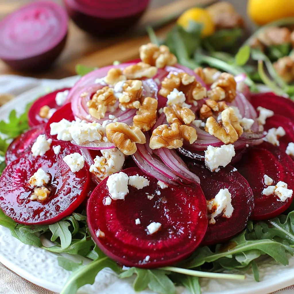 - 3 medium-sized beets - 4 oz feta cheese, crumbled - 2 cups arugula or mixed salad greens - 1/4 cup walnuts, toasted and roughly chopped - 1/4 cup red onion, thinly sliced - 3 tablespoons olive oil - 2 tablespoons balsamic vinegar - 1 tablespoon honey - Salt and black pepper to taste When I make Fresh Beet Feta Salad, I love using fresh, colorful ingredients. The beets are the star of the show. I choose medium-sized beets for the best taste and texture. They roast well and become sweet and tender. I use feta cheese for a salty kick. Crumbled feta adds a creamy touch that balances the beets. For greens, I prefer arugula. Its peppery taste lifts the salad. Mixed salad greens work too, for extra crunch. I always add walnuts for a nice crunch. Toasted walnuts bring out the flavor and add richness. Red onion gives the salad a sharp taste. I slice it thinly, so it blends well with the other ingredients. To dress the salad, I mix olive oil, balsamic vinegar, and honey. This dressing is simple yet bright. It adds depth to the salad. Don't forget salt and black pepper for flavor. Adjust to your taste, and enjoy! {{ingredient_image_1}} Roasting Beets First, preheat your oven to 400°F (200°C). Wash and dry the beets. Wrap each beet in aluminum foil. Place them on a baking sheet. Roast them for 45-60 minutes. They should be fork-tender when done. Cooling and Peeling Once cooked, take the beets out of the oven. Let them cool slightly. Use your hands or a paper towel to peel off the skin. It should come off easily. Slicing Techniques Now, slice the beets into thin rounds or half-moons. This will help them blend well in the salad. Whisking the Dressing In a large bowl, combine olive oil, balsamic vinegar, honey, salt, and black pepper. Whisk these ingredients together until you achieve a smooth mixture. Adjusting Seasoning Taste your dressing and adjust the seasoning if needed. You want it to be just right. Combining Greens and Onions In a separate bowl, mix the arugula or mixed greens with sliced red onion. Drizzle a bit of the dressing over the greens. Toss gently to coat every leaf. Layering Ingredients On a serving platter, place the dressed greens. Next, arrange the beet slices on top. Sprinkle the crumbled feta and chopped walnuts over everything. Final Touches Drizzle more dressing over the salad if you like. Finish with a sprinkle of black pepper for extra flavor. Enjoy your fresh beet feta salad! How to Select Fresh Beets When picking beets, choose ones that feel firm and heavy. Look for smooth skin with no soft spots. The leaves should be fresh and green, showing the beet is young. Smaller beets are often sweeter and more tender. Alternative Cooking Methods While roasting beets is popular, you can boil or steam them too. Boiling takes about 30 minutes. Just place them in water and simmer until tender. Steaming is quicker and keeps more nutrients. Use a steamer basket over simmering water for about 20 minutes. Serving Suggestions For a rustic look, serve your salad on a large wooden platter. If you want a more refined touch, use individual bowls. This allows each guest to enjoy their own portion. Garnishing Ideas Add extra chopped walnuts for crunch and a sprinkle of feta for color. You can also use fresh herbs like parsley or dill to brighten the dish. A few edible flowers can add a beautiful touch as well. Best Accompaniments for Beet Feta Salad This salad pairs well with grilled chicken or fish. It also goes great with quinoa or lentils for more protein. Serve it next to a warm crusty bread for a complete meal. Recommended Dressings The dressing made from olive oil and balsamic vinegar is perfect. You can also try lemon juice for a zesty twist. A creamy dressing like tahini or yogurt adds richness and balance. Pro Tips Use Fresh Beets: Fresh, unblemished beets will yield the best flavor and texture. Look for beets that are firm and vibrant in color. Toast Your Walnuts: Toasting walnuts enhances their flavor and adds a delightful crunch to your salad. Simply place them in a dry skillet over medium heat for a few minutes. Adjust the Dressing: Feel free to tweak the dressing ingredients to suit your taste. Add more honey for sweetness or a splash of lemon juice for acidity. Serve Fresh: For the best taste and texture, serve the salad immediately after assembling. This ensures the greens remain crisp and vibrant. {{image_2}} Vegan Alternatives You can make a vegan version of this salad by swapping feta cheese for a plant-based option. Try using crumbled tofu or cashew cheese. These alternatives will give you a similar creamy texture without dairy. Nut-Free Options If you have nut allergies, simply leave out the walnuts. You can replace them with seeds like pumpkin or sunflower seeds. They add crunch and flavor without any nuts. Other Cheeses to Use Feta cheese brings a tangy taste to the salad. If you want a different flavor, try goat cheese, blue cheese, or even ricotta. Each cheese gives a unique twist to your Beet Feta Salad. Different Types of Greens While arugula is a favorite, you can use other greens. Spinach, kale, or mixed salad greens work well too. Each green adds its own flavor and texture, allowing you to customize your salad. Summer Freshness In summer, use fresh herbs like basil or mint for a refreshing touch. You can also add ripe tomatoes or cucumbers to enhance the lightness of the dish. Winter Heartiness For winter, add roasted root vegetables like carrots or sweet potatoes. These ingredients will add warmth and richness to your salad, making it hearty and satisfying. - Storing Leftovers in the Fridge: After enjoying your Fresh Beet Feta Salad, store leftovers in an airtight container. This keeps the salad fresh for about three days. Make sure to keep the dressing separate. This helps prevent the greens from wilting. - How to Keep Ingredients Fresh: If you have extra beets, wrap them in a damp cloth and place them in the fridge. Store the feta cheese in its brine or in a covered container. Keep walnuts in a cool, dark place to maintain their crunch. - Making Ahead of Time: You can roast the beets a day in advance. Once cooled, slice them and store them in the fridge. Prepare the dressing ahead too. This saves time on busy days! - Ideal Serving Timeframes: Serve the salad within 24 hours for the best taste. The flavors blend well, but the greens stay crispest within that time. Enjoy it fresh for a vibrant meal! Can I use canned beets instead of fresh? Yes, you can use canned beets. They are ready to eat. Just rinse them well. Fresh beets give a better flavor and texture. How do I know when beets are fully cooked? Beets are cooked when they are fork-tender. Insert a fork or knife into the beet. If it goes in easily, they are done. Can I use a different type of vinegar? Absolutely! You can try apple cider vinegar or red wine vinegar. Each will add its own unique flavor. What are the health benefits of beets? Beets are rich in vitamins and minerals. They are high in fiber. Beets may help lower blood pressure and improve stamina. How many calories are in the Fresh Beet Feta Salad? This salad has about 200 calories per serving. The calories come from beets, feta, and walnuts. What goes well with Beet Feta Salad? Grilled chicken or fish pairs well. You can also serve it with crusty bread. A light soup can be a nice side. How to serve for a crowd? Make a big bowl of salad. Arrange it on a large platter. Let guests serve themselves for a fun, casual vibe. In this blog post, we explored the delightful Fresh Beet Feta Salad. We covered key ingredients like beets, feta cheese, and walnuts. You learned how to prepare, dress, and assemble this tasty dish step by step. I shared helpful tips on cooking, presentation, and variations for different diets. We also discussed proper storage and answered common questions. This salad is not just delicious; it's healthy, too. Enjoy making it your own, and remember, the joy of cooking comes from experimenting with flavors!