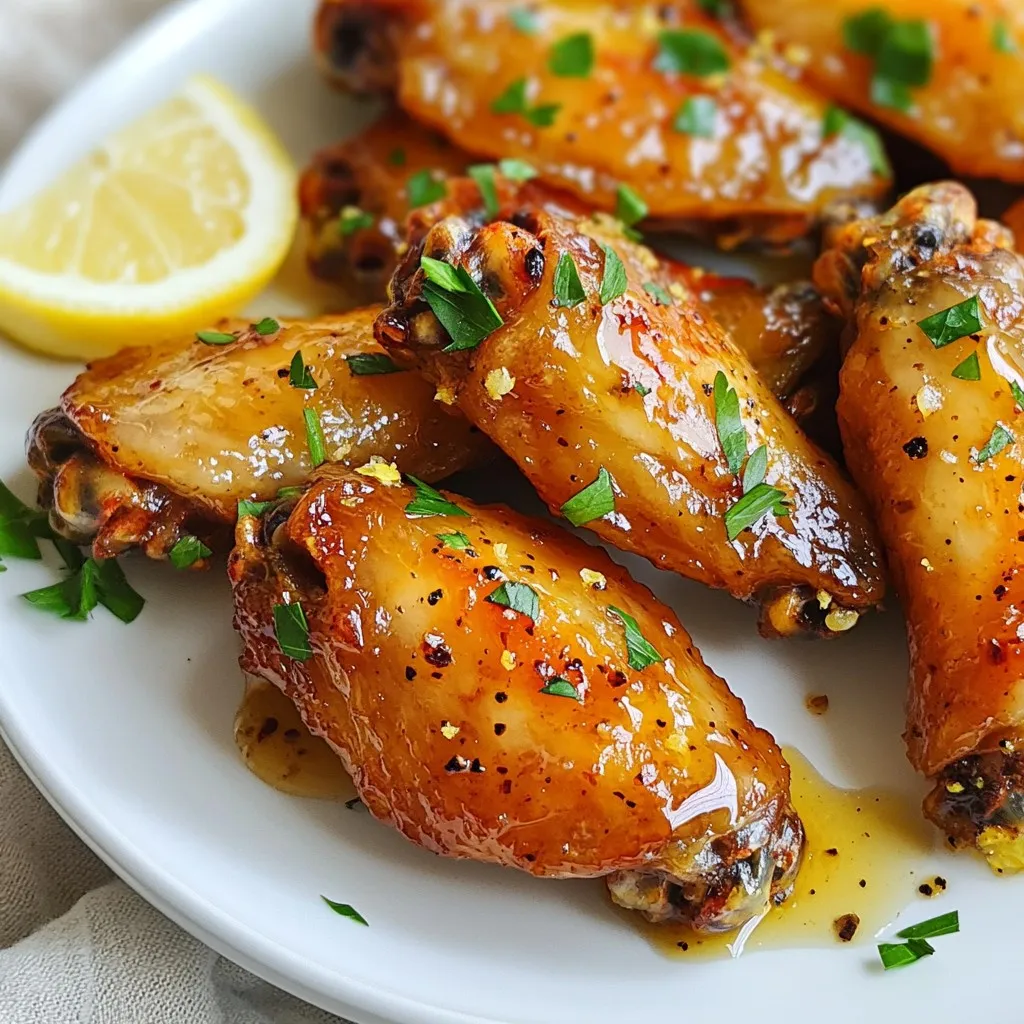 To make tasty honey lemon pepper wings, you need the following main ingredients: - 2 pounds chicken wings - 1/4 cup honey - 2 tablespoons lemon juice (freshly squeezed) - 1 tablespoon lemon zest - 1 teaspoon black pepper - 1 teaspoon garlic powder - 1 teaspoon onion powder - 1/2 teaspoon smoked paprika - Salt to taste These ingredients work together to make the wings sweet, tangy, and spicy. The honey adds a lovely sweetness, while the lemon juice gives a fresh kick. Black pepper and the spices bring warmth and depth to every bite. You can enhance your wings with garnishes and sauces. Here are some great options: - Fresh parsley, chopped (for garnish) - Ranch dressing - Blue cheese dressing - Celery sticks Adding a sprinkle of fresh parsley makes the dish look fancy. Dipping sauces like ranch or blue cheese can take the flavor to the next level. Celery sticks are a crunchy side that pairs well with wings. Using fresh and high-quality ingredients is key. Fresh chicken wings cook up juicy and tender. Fresh lemon juice and zest give the best flavor. Cheap or old spices won't have the same taste. When you use quality ingredients, you get a meal that tastes great and feels special. So, choose wisely at the store and treat yourself! {{ingredient_image_1}} To start, you must prep the chicken wings. First, take out 2 pounds of chicken wings. Then, pat them dry with paper towels. This helps remove excess moisture. Dry wings will get crispier when cooked. Next, let’s marinate the wings. In a large bowl, mix 1/4 cup of honey, 2 tablespoons of lemon juice, and 1 tablespoon of lemon zest. Add 1 teaspoon of black pepper, garlic powder, and onion powder. Don’t forget 1/2 teaspoon of smoked paprika and salt. Whisk all of these ingredients well. Now, add the dry chicken wings to the bowl. Make sure every wing is coated in the marinade. Cover the bowl and place it in the fridge. Let it marinate for at least 30 minutes to an hour. This step infuses great flavor into the wings. Now, it’s time to bake the wings. First, preheat your oven to 400°F (200°C). Line a baking sheet with parchment paper. Place a wire rack on top of the sheet. This rack helps air circulate around the wings. Lay the marinated wings on the rack in a single layer. Bake for 30 to 35 minutes. Flip the wings halfway for even cooking. When they are golden and crispy, they are ready. Enjoy the tasty wings right away! To get your wings crispy, start with dry skin. Pat the chicken wings with paper towels before marinating. This helps remove extra moisture. Next, use a wire rack for baking. The rack allows hot air to circulate. This method cooks the wings evenly and crispier. Flipping them halfway through baking also helps. Bake them at 400°F (200°C) for 30-35 minutes. One common mistake is not marinating long enough. Marinate your wings for at least 30 minutes. This lets the flavors blend into the meat. Another mistake is overcrowding the baking sheet. Wings need space to crisp up. If they are too close, they can steam instead of bake. Lastly, do not skip the salt. It enhances all the flavors in your wings. You can easily change the flavor of your wings. Want more spice? Add cayenne pepper or hot sauce to the marinade. For a smoky taste, increase the smoked paprika. You can also mix in herbs like thyme or rosemary. If you love sweetness, add more honey or some brown sugar. Get creative with your flavors to suit your taste! Pro Tips Pat Dry for Crispiness: Make sure to thoroughly dry the chicken wings before marinating. This step is crucial for achieving a crispy texture when baked. Use Fresh Ingredients: For the best flavor, opt for freshly squeezed lemon juice and freshly grated lemon zest. The brightness of fresh ingredients can elevate the dish. Let Them Marinate: Allow the wings to marinate for at least 30 minutes, but for even better flavor, consider marinating them overnight in the refrigerator. Monitor Cooking Time: Keep an eye on the wings as they bake. Ovens can vary, so check for doneness and adjust the cooking time as needed to prevent overcooking. {{image_2}} You can make spicy honey lemon pepper wings by adding heat. Use 1 to 2 teaspoons of cayenne pepper or hot sauce. Mix it in with the marinade. The heat will balance nicely with the sweet honey and tangy lemon. These wings pack a punch and are perfect for those who love spice. For grilled honey lemon pepper wings, marinate the wings as usual. Heat your grill to medium-high. Place the wings on the grill and cook for 15-20 minutes. Turn them often to avoid burning. The smoky flavor from the grill will add depth to your dish. Don’t forget to baste with extra marinade for more flavor. You can use an air fryer for a quicker option. Preheat the air fryer to 380°F (193°C). Place the wings in a single layer and cook for 25-30 minutes. Shake the basket halfway through for even cooking. For deep frying, heat oil in a large pot to 350°F (175°C). Fry the wings in batches for 8-10 minutes. They will turn out crispy and delicious! To store leftover honey lemon pepper wings, let them cool first. Place them in an airtight container. You can keep them in the fridge for up to three days. Use parchment paper between layers for easier access. This helps keep the wings from sticking together. When reheating wings, I recommend using the oven. Preheat your oven to 350°F (175°C). Place the wings on a baking sheet. Heat them for about 10 to 15 minutes. This keeps the wings crispy. You can also use an air fryer for a quick and crisp result. Set it to 350°F and cook for about 5 to 7 minutes. If you want to freeze the wings, do this before cooking. Place the marinated wings in a freezer bag. Remove as much air as possible to prevent freezer burn. You can freeze them for up to three months. When ready to cook, thaw them in the fridge overnight. Then bake as normal for a tasty treat! If you don’t have fresh lemon juice, you can use bottled lemon juice. Just keep in mind, fresh juice adds the best flavor. If you want, you can mix in a bit of lemon zest. This gives you a nice lemon taste, even if it’s not fresh. Yes, you can use frozen chicken wings. Just make sure to thaw them first. You can leave them in the fridge overnight or use cold water. Once thawed, dry them well with paper towels before marinating. This helps them cook better and get crispy. To check if the wings are done, look for a few signs. The skin should be golden and crispy. You can also check the internal temperature. It should reach at least 165°F (74°C). If you have a meat thermometer, this is the best way to tell. If you don’t, cut one wing open to see if the meat is no longer pink. You learned how to make delicious honey lemon pepper wings. We covered every step, from quality ingredients to cooking methods and storage tips. Remember, crispy wings start with proper prep and marination. You can spice things up or try grilling them for a new twist. Don’t worry about leftover wings; store them well for another tasty meal. Enjoy the process and have fun customizing your flavors. Now, it’s time to gather your ingredients and start creating your own flavor-filled wings!