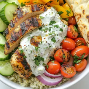 You need 1 lb of boneless, skinless chicken thighs. This cut stays juicy when cooked. For the marinade, gather these ingredients: - 3 tablespoons olive oil - 2 teaspoons dried oregano - 1 teaspoon garlic powder - 1 teaspoon onion powder - 1 teaspoon smoked paprika - Salt and pepper to taste Mix these ingredients well to coat the chicken. Letting it marinate adds deep flavor. For the base, use 1 cup of cooked quinoa. Quinoa is light and healthy. Add fresh veggies for crunch and color: - 1 cup cherry tomatoes, halved - 1 cucumber, diced - 1 red onion, thinly sliced These veggies brighten the bowl. They also offer freshness against the savory chicken. Tzatziki brings creaminess and zest. You need: - 1 cup Greek yogurt - 2 cloves garlic, minced - 1 tablespoon lemon juice - 1/4 teaspoon dried dill - A pinch of salt Mix these well to create a smooth, tangy sauce. This sauce elevates the flavors of the bowl. Enjoy the freshness and flavor of these ingredients as they come together! {{ingredient_image_1}} Mixing Marinade Ingredients Start by mixing 3 tablespoons of olive oil, 2 teaspoons of dried oregano, 1 teaspoon of garlic powder, 1 teaspoon of onion powder, and 1 teaspoon of smoked paprika. Add salt and pepper to your taste. This mix gives the chicken great flavor. Properly Coating the Chicken Take 1 pound of boneless, skinless chicken thighs and add them to the marinade. Ensure every piece is well coated. This helps the chicken absorb all those tasty flavors. Recommended Marination Time Cover the bowl and let it marinate. Aim for at least 30 minutes. If you have more time, marinating overnight in the fridge works best. This makes the chicken even juicier. Grilling Technique Preheat your grill or skillet on medium-high heat. Once hot, place the marinated chicken on it. Cook for 6 to 7 minutes on each side. This gives a nice char and locks in moisture. Checking for Doneness The chicken is done when it reaches an internal temperature of 165&deg;F (75&deg;C). Use a meat thermometer to check. After cooking, let it rest for a few minutes before slicing. This helps keep the juices inside. Mixing and Combining Ingredients In a small bowl, combine 1 cup of Greek yogurt, 2 minced garlic cloves, 1 tablespoon of lemon juice, and 1/4 teaspoon of dried dill. Add a pinch of salt. Mix until smooth and set aside. Tips for Flavor Enhancement For extra flavor, let the tzatziki sit for a bit. This allows the ingredients to blend well. You can also add fresh herbs if you like. Layering Ingredients Effectively Grab your serving bowls. Start with a base of 1 cup of cooked quinoa or rice. Next, add sliced grilled chicken, halved cherry tomatoes, diced cucumber, and thinly sliced red onion. Presentation Tips Make it look pretty! Use a drizzle of tzatziki sauce on top. Finish with freshly chopped parsley for a pop of color. Pairing with Pita Bread Warm up some pita bread. It&rsquo;s great for dipping into the tzatziki or eating with the bowls. Ideal Accompaniments You can serve Greek Chicken Gyro Bowls with a side of olives or a fresh salad. These add a nice touch to your meal. Enjoy! Choosing the Right Cut I love using boneless, skinless chicken thighs for this dish. They are juicy and full of flavor. Thighs stay tender during cooking, unlike chicken breasts, which can dry out. You can also try chicken breasts if you prefer them. Additional Marinade Tips For the best flavor, marinate the chicken for at least 30 minutes. For even more taste, let it sit overnight in the fridge. This helps the spices soak in deeply. Use a good-quality olive oil for a richer flavor. Don't skip on salt; it enhances every bite. Enhancing Flavor with Herbs Tzatziki is a star in this bowl. To make it extra tasty, add fresh herbs like mint or dill. They add freshness and a nice twist. You can also mix in some chopped cucumber for extra crunch. Alternative Ingredients to Try If you want to change things up, use Greek yogurt for creaminess. Swap lemon juice for some apple cider vinegar for a zing. You can even add a touch of honey for a sweet note. Each change offers a new flavor. Using Different Grains Quinoa is a great base for these bowls, but it&rsquo;s not the only option. You can use brown rice, farro, or even couscous. Each grain brings its own texture and taste. So, feel free to experiment with what you have. Flavoring Options for Base To make the grains more flavorful, cook them in broth instead of water. You can add herbs or spices to the cooking water too. A bay leaf or some garlic can make a simple grain taste amazing. This small step makes a big difference! Pro Tips Marination Time: For the best flavor, marinate the chicken for at least 2 hours or overnight if possible. This allows the spices to penetrate the meat deeply. Perfectly Grilled Chicken: Ensure your grill or skillet is preheated properly. This helps achieve a nice sear and keeps the chicken juicy inside. Tzatziki Freshness: Make the tzatziki sauce ahead of time and let it chill in the refrigerator for at least 30 minutes. This allows the flavors to meld beautifully. Serving Suggestions: Consider adding feta cheese and olives to your bowls for an extra touch of authentic Greek flavor. {{image_2}} You can easily make this dish vegetarian. Use plant-based proteins like tofu or tempeh instead of chicken. These options absorb flavors well and offer a nice texture. To adapt the marinade for these proteins, swap the chicken with tofu. Blend olive oil, oregano, garlic powder, onion powder, and smoked paprika. Marinate tofu for at least 30 minutes. This gives it a tasty punch. The beauty of gyro bowls lies in the toppings. You can choose unique vegetables to add more flavor. Try roasted bell peppers, zucchini, or even artichokes. These choices add color and taste. You can also introduce different sauces. While tzatziki is a classic, consider tahini or a spicy harissa sauce. These options bring a fresh twist to the dish. Adding spices can change the flavor profile of your gyro bowl. Try cumin for a warm, earthy taste or coriander for a citrusy note. These spices add depth and interest to your meal. Explore global influences to enhance the recipe. For a Middle Eastern touch, add sumac or za'atar. For an Indian flair, mix in curry powder. These spices can transform your gyro bowl into a new dish. Best Practices for Refrigeration After enjoying your Greek Chicken Gyro Bowls, store leftovers in an airtight container. Keep the chicken, grains, and veggies separate if possible. This keeps everything fresh. Refrigerate within two hours of serving. Use leftovers within three days for the best taste. Freezing Tips and Duration You can freeze the chicken and grains together. Use freezer-safe bags or containers. Make sure to remove as much air as possible. They stay good in the freezer for up to three months. When you&rsquo;re ready to eat, thaw in the fridge overnight. Ensuring Chicken and Grains Stay Moist To reheat, you want to keep everything moist. Add a splash of water or broth to your chicken and grains. This helps steam them as they heat. Cover them with a lid or use a damp paper towel. Best Methods for Reheating The microwave is quick and easy. Heat in short 30-second bursts, stirring in between. You can also use the oven. Preheat to 350&deg;F (175&deg;C) and cover with foil. Heat for about 15-20 minutes. This keeps everything warm and tasty. A Greek Chicken Gyro Bowl is a tasty dish inspired by the classic gyro. It uses marinated grilled chicken thighs as the star. The bowl includes fresh ingredients like quinoa, cherry tomatoes, cucumbers, and red onions. A creamy tzatziki sauce made from Greek yogurt adds flavor and moisture. You can serve it all over a bed of quinoa or rice. Each bite gives you a mix of flavors and textures that make it special. Yes, you can use chicken breasts if you prefer. However, chicken thighs tend to be juicier and more flavorful. They also hold up better during cooking. If you use breasts, watch the cooking time closely. They can dry out if overcooked. You may need to adjust the marination time for breasts since they are leaner. You should marinate the chicken for at least 30 minutes. This allows the flavors to soak in. For the best taste, marinate it overnight in the fridge. Longer marination helps the spices penetrate deeper, creating a more robust flavor. You can serve Greek Chicken Gyro Bowls with warm pita bread. It complements the meal well. A side of Greek salad adds freshness and crunch. You might also enjoy a light white wine or sparkling water with lemon. These drinks enhance the meal's flavors and make it feel special. In this post, I covered how to make a Greek Chicken Gyro Bowl. We explored the main ingredients, including chicken, quinoa, and tzatziki sauce. I detailed each step for marinating, cooking, and assembling your dish. You also learned tips for perfecting flavors and storage options for leftovers. With these simple steps, you can create a tasty meal that is both healthy and fun. Enjoy making this dish your own by adding unique ingredients and flavors. Happy cooking!