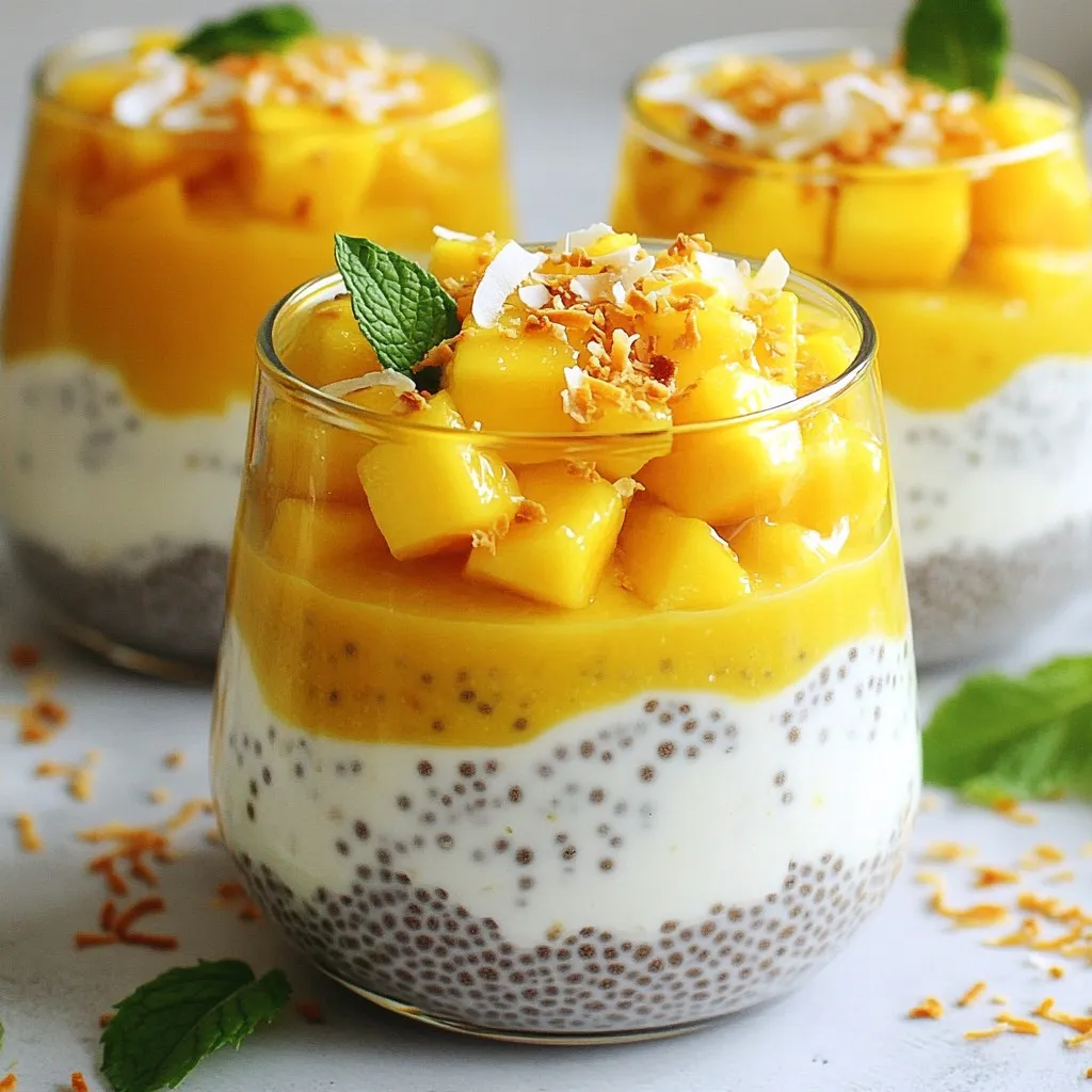 - 1 cup coconut milk (canned or carton) - 1/4 cup chia seeds - 2 tablespoons maple syrup (or honey) - 1 ripe mango, diced - 1/2 teaspoon vanilla extract - Pinch of sea salt - Toasted coconut flakes (for garnish) - Fresh mint leaves (for garnish) Each serving has about: - Calories: 210 - Protein: 4g - Carbs: 30g - Fiber: 10g - Sugars: 8g - Fat: 9g Coconut milk provides healthy fats. These fats support heart health and boost energy. Chia seeds are rich in omega-3s. They help with brain function and reduce inflammation. Mangoes are high in vitamins A and C. These vitamins aid your immune system. Maple syrup offers a natural sweet taste. It contains antioxidants that fight free radicals. Mint leaves add flavor and can help with digestion. Toasted coconut flakes bring extra texture and taste. This pudding is not just tasty; it’s good for you too! {{ingredient_image_1}} First, gather your ingredients. You need coconut milk, chia seeds, maple syrup, vanilla extract, and a pinch of sea salt. In a mixing bowl, whisk together the coconut milk and chia seeds. Add the maple syrup, vanilla extract, and sea salt. Mix until everything is well combined. Cover the bowl with plastic wrap. Place it in the fridge for at least 4 hours or overnight. This waiting time helps the chia seeds swell and form a thick pudding. Once your pudding is set, it’s time for the mango. Dice your ripe mango into small pieces. Grab your serving dishes or jars. Place a layer of mango pieces at the bottom of each jar. This adds a nice fruity base that pairs well with the pudding. Now, take the chia pudding from the fridge. Stir it well to get an even texture. Spoon the pudding over the mango layer until the jars are half full. Add more diced mango on top for extra flavor. Finally, sprinkle some toasted coconut flakes for a crunchy touch. To finish, garnish with fresh mint leaves for a burst of color and freshness. Enjoy your mango coconut chia pudding! To make the best chia pudding, start with a good mix. Use a bowl for whisking. Combine the coconut milk, chia seeds, maple syrup, vanilla, and salt. Stir well to avoid clumps. Cover the bowl tightly. Refrigerate it for at least four hours. If you can, let it sit overnight. This step helps the seeds swell and thicken the pudding. When ready, stir again to ensure a smooth texture. You can swap ingredients easily. If you don't have coconut milk, use almond or soy milk. For sweetening, maple syrup works well, but honey is a nice substitute. If you want a sugar-free option, use a sugar alternative like stevia. You can also change the fruit. Any ripe fruit like bananas or berries can replace mango. Just make sure they are sweet and fresh. Make this pudding your own! Add spices like cinnamon or nutmeg for warmth. You can mix in a little cocoa powder for a chocolate twist. Want a nutty flavor? Stir in some almond or peanut butter. For a tropical kick, add lime or orange zest. You can even blend in some fresh fruit into the base for extra flavor. The options are endless! Pro Tips Chia Seed Soaking: Allow the chia seeds to soak for at least 4 hours or overnight for the best texture. This will ensure they absorb the liquid and create a creamy consistency. Mango Ripeness: Choose a ripe mango for optimal sweetness and flavor. A ripe mango should yield slightly when pressed and have a fruity aroma. Coconut Milk Variation: You can use either canned or carton coconut milk, but canned coconut milk will yield a richer and creamier pudding. Serving Suggestions: For a creative twist, try adding other fruits like pineapple or banana, or even a sprinkle of lime zest for a zesty kick. {{image_2}} You can switch up the mango in this pudding. Use other tropical fruits. Pineapple, papaya, and kiwi work great. They add fun flavors and colors. Try mixing fruits for a colorful treat. Just chop them small, like the mango. Layer them under the pudding like with the mango. This keeps it fresh and exciting! This chia pudding is already dairy-free. Coconut milk makes it rich and creamy. For a vegan twist, stick to maple syrup. It adds sweetness without any animal products. You can also use agave syrup as a sweetener. Both options keep your pudding tasty and vegan-friendly. Sweetness can change the whole pudding. While maple syrup brings a nice flavor, you can try honey if you’re not vegan. Coconut sugar is another great choice. It gives a mild sweetness with a hint of caramel. You can also use stevia for a sugar-free option. Adjust the amount to fit your taste, and enjoy! Store leftover pudding in an airtight container. This keeps it fresh and tasty. Place it in the fridge right away. It will stay good for up to four days. Always stir it before serving again. The chia seeds may settle, but a quick mix helps. To make meal prep easy, divide the pudding into jars. This way, you grab a jar when you want a snack. You can layer the mango and pudding in advance. Just hold off on the toppings until you serve. This keeps the coconut flakes crispy and fresh. Canned coconut milk lasts a long time. It can stay good for years if unopened. Once opened, use it within a week. Chia seeds also have a long shelf life, often up to two years. Keep them in a cool, dark place for best results. Diced mango stays fresh in the fridge for about two days. Mango Coconut Chia Pudding lasts up to five days in the fridge. After that, the taste and texture may change. Always check for any off smells or signs of spoilage before eating. Yes, you can make this pudding ahead of time. It needs at least four hours to set, but overnight is best. This makes it perfect for busy mornings or snacks. Just store it in the fridge in a covered container. You can serve this pudding in jars or bowls. I like to layer diced mango at the bottom. Then, add the chia pudding on top. Finish with more mango, toasted coconut flakes, and fresh mint leaves. You can also add nuts or seeds for extra crunch. Mango Coconut Chia Pudding is a tasty and healthy treat. We covered the best ingredients and their benefits. You learned how to prepare, layer, and garnish your pudding. Tips on perfecting your pudding and ways to personalize it were shared too. Remember, you can store leftovers and prep ahead to save time. Enjoy your tasty creation today and explore all the fun flavor options!
