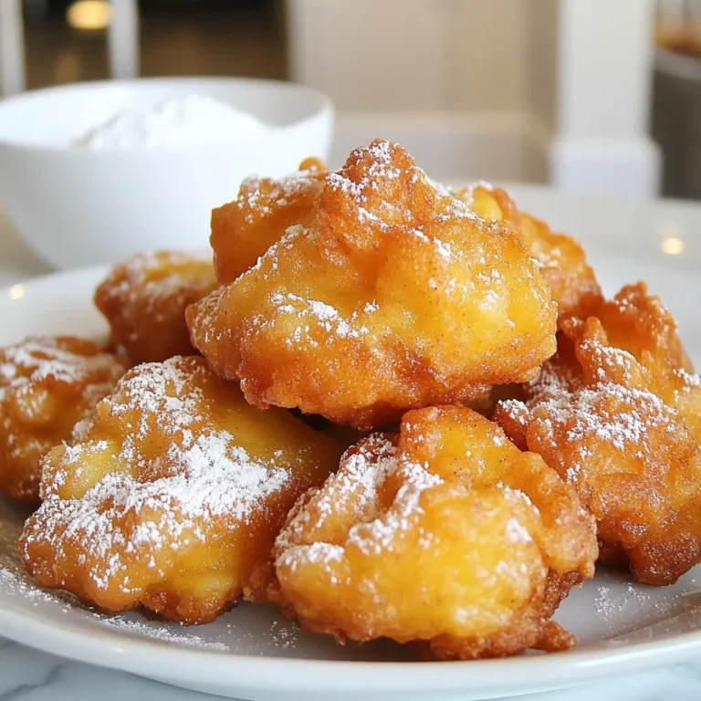 To make cinnamon apple fritters, gather these ingredients: - 2 large apples, peeled, cored, and diced - 1 cup all-purpose flour - 1/2 cup granulated sugar - 1 teaspoon baking powder - 1 teaspoon ground cinnamon - 1/4 teaspoon salt - 1/2 cup milk - 1 large egg - 1 teaspoon vanilla extract - Vegetable oil (for frying) - Powdered sugar (for dusting) Using fresh apples is key. Look for crisp and juicy varieties. I recommend Granny Smith or Honeycrisp apples for their tartness. They hold up well during frying. Use high-quality all-purpose flour for the best texture. Also, choose a good vanilla extract. Pure vanilla makes a noticeable difference in flavor. You can swap the apples for pears if you want a different taste. For a gluten-free option, use a gluten-free all-purpose flour blend. If you need a dairy-free version, almond or oat milk works well in place of regular milk. For added sweetness, consider using brown sugar instead of granulated sugar. {{ingredient_image_1}} Start by peeling, coring, and dicing two large apples. I love using sweet apples like Fuji or Honeycrisp. In a medium bowl, mix the diced apples with 2 tablespoons of granulated sugar. Let them sit for about 10 minutes. This helps the apples release their natural juices. The juices will add flavor to your fritters. In another bowl, whisk together 1 cup of all-purpose flour, 1/2 cup of sugar, 1 teaspoon of baking powder, 1 teaspoon of ground cinnamon, and 1/4 teaspoon of salt. This mix gives your fritters a nice rise and flavor. In a separate bowl, combine 1/2 cup of milk, 1 large egg, and 1 teaspoon of vanilla extract. Whisk until smooth. Pour the wet ingredients into the dry mix. Stir gently until just combined. Now, fold in the diced apples and their juices. Heat about 2 inches of vegetable oil in a deep skillet or fryer over medium heat. The oil should reach 350°F (175°C). Use a spoon or small ice cream scoop to drop spoonfuls of the batter into the hot oil. Be careful not to overcrowd the pan. Fry the fritters until golden brown, about 3-4 minutes on each side. Once done, remove the fritters and let them drain on a paper towel-lined plate. Once the fritters cool slightly, dust them with powdered sugar. They look beautiful and taste great! You can also serve them warm with a scoop of vanilla ice cream or a drizzle of caramel sauce. These treats are perfect for any time of day! To fry your fritters just right, heat the oil to 350°F (175°C). Use a thermometer for accuracy. If the oil is too cool, your fritters will soak up oil and become greasy. If it's too hot, they will burn. Drop a small spoonful of batter into the oil to check. It should sizzle and float. Fry in small batches to avoid crowding. This helps them cook evenly and stay crisp. One common mistake is not letting your apples sit long enough. This step allows the apples to release their juices. If you skip this, your fritters may turn out too wet. Another mistake is adding too much batter to the oil. This can lower the oil temperature. Lastly, don’t skip the dusting of powdered sugar. It adds sweetness and looks great! To make your fritters even more special, try adding a pinch of nutmeg along with the cinnamon. You can also mix in some chopped nuts for a crunchy texture. Want a fun twist? Add a splash of lemon juice to the apples for a bright flavor. For a richer taste, drizzle caramel sauce over the fritters before serving. These small changes can elevate your Cinnamon Apple Fritters to a whole new level! Pro Tips Use Firm Apples: Choose crisp varieties like Granny Smith or Honeycrisp for the best texture and flavor in your fritters. Check Oil Temperature: Make sure the oil is at 350°F (175°C) before frying; too low and they'll absorb oil, too high and they may burn. Don't Overmix: When combining wet and dry ingredients, mix until just combined to ensure light and fluffy fritters. Keep Warm: If frying in batches, keep finished fritters warm in a low oven while you cook the rest for optimal serving temperature. {{image_2}} You can change the fruit in this recipe for fun. Try using pears for a sweeter taste. They add a nice flavor when mixed with cinnamon. You can also use diced peaches or berries. Each fruit gives a unique twist to the fritters. Just remember to adjust the sugar based on the fruit's sweetness. If you need a gluten-free option, use gluten-free flour. Many brands work well for frying. You can also use almond flour for a nutty flavor. Just make sure to mix it with a starch, like cornstarch or tapioca flour. This mix helps keep the texture light and fluffy. You can add spices to change the flavor. Try adding nutmeg or ginger for warmth. A dash of allspice can also be nice. For a fun twist, add a bit of orange zest for brightness. Vanilla extract adds sweetness, but you can also try almond extract for a different taste. Be creative and find what you love! To keep your cinnamon apple fritters fresh, store them in an airtight container. Place a paper towel at the bottom to absorb extra moisture. This helps keep them crisp. Place the container in a cool, dry spot. They stay good for up to two days on the counter. If you want them to last longer, refrigeration is an option. When you're ready to enjoy your fritters again, reheating is key. Preheat your oven to 350°F (175°C). Place the fritters on a baking sheet. Heat them for about 10 minutes. This makes them warm and crispy. Avoid using the microwave, as it can make them soggy. If you want to save some fritters for later, freezing works great. Let them cool completely first. Then, wrap each fritter in plastic wrap. Place the wrapped fritters in a freezer bag. They can stay fresh in the freezer for up to three months. When you're ready to eat them, thaw in the fridge overnight, then reheat as mentioned above. You can tell fritters are done when they turn golden brown. This usually takes about 3 to 4 minutes on each side. Use a slotted spoon to check their color. If they look nice and brown, they are ready to come out. Remember, frying too long can make them dry. Yes, you can make the batter ahead of time. Mix all the dry ingredients and store them in a bowl. Keep the wet ingredients in another bowl. When you are ready to fry, just combine them. This can save you time and make cooking easier. The best apples for fritters are firm and sweet. I like using Granny Smith or Honeycrisp. These apples hold their shape when cooked. They also add a nice sweet and tart flavor. You can experiment with other apples too. Just choose ones that you enjoy eating! Our journey through making apple fritters covered all key points. We learned about essential ingredients, quality, and smart substitutes. You now have a clear step-by-step guide to fritter-making. We discussed tips for perfect frying and common mistakes to avoid. Variations offered creative twists to the classic recipe. You also learned how to store and reheat them properly. In the end, making apple fritters is fun and rewarding. Enjoy sharing your tasty fritters with friends and family.