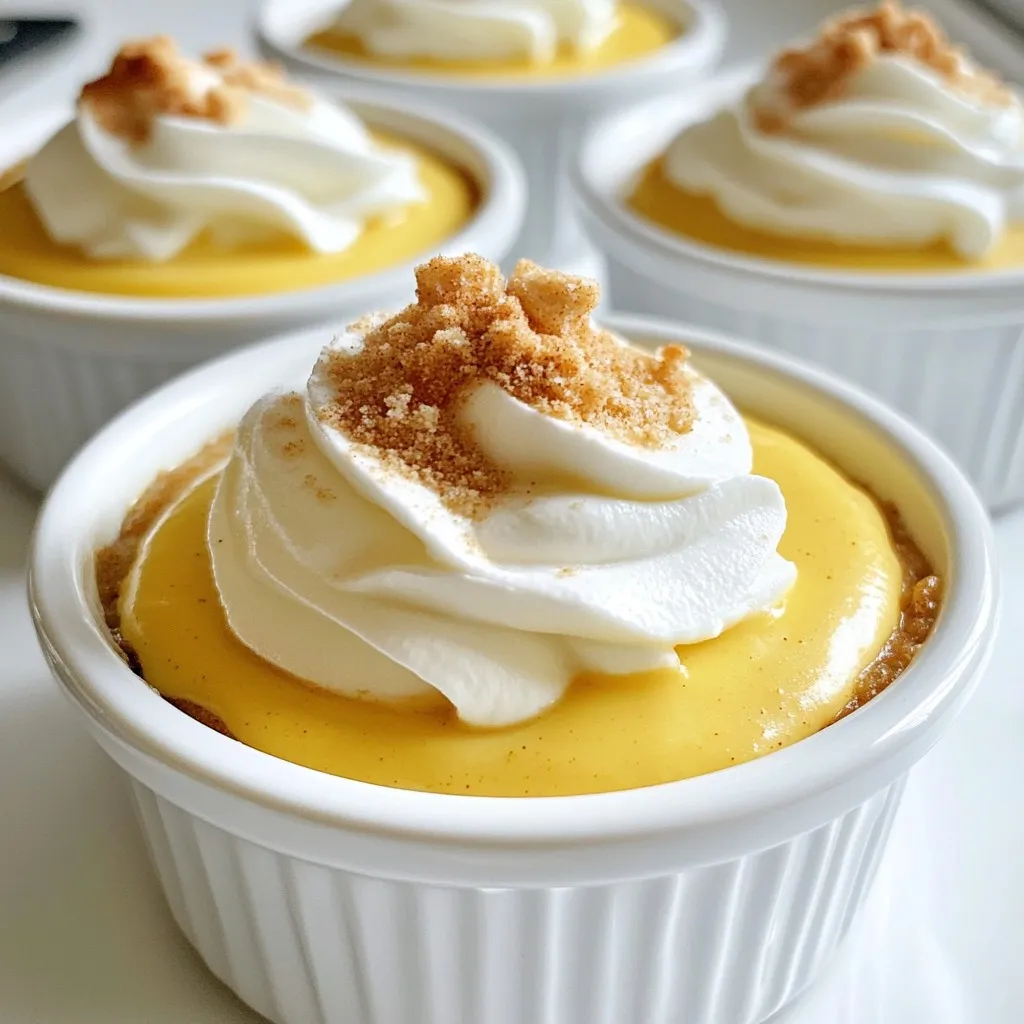 To make a great pumpkin pot de crème, you need the following ingredients: - 1 cup canned pumpkin puree - 1 ½ cups heavy cream - ½ cup whole milk - ½ cup granulated sugar - 4 large egg yolks - 1 teaspoon vanilla extract - 1 teaspoon ground cinnamon - ¼ teaspoon ground nutmeg - ¼ teaspoon ground ginger - ¼ teaspoon salt These ingredients create a rich, smooth dessert. The pumpkin puree gives it a warm, earthy flavor. The heavy cream and milk provide a creamy texture. The sugars and spices bring sweetness and warmth. I love to add a few toppings to my pumpkin pot de crème. Here are some great options: - Whipped cream - Crushed gingersnap cookies - A sprinkle of cinnamon - Chopped nuts These toppings add texture and flavor. They also make your dish look more appealing. Choosing the best ingredients really matters. Here are some tips: - Pumpkin Puree: Use pure pumpkin puree, not pumpkin pie filling. It has no added sugar or spices. - Cream and Milk: Select fresh heavy cream and whole milk for a richer taste. - Spices: Use fresh spices for the best flavor. Ground spices lose their taste over time. - Eggs: Choose large, fresh eggs for the best results. When you use high-quality ingredients, your dessert will taste even better. This ensures a delightful experience with each bite. {{ingredient_image_1}} First, preheat your oven to 325°F (160°C). This step is key for even baking. Next, take four ramekins and place them in a baking dish. The baking dish will hold water during cooking. This water bath helps the pot de crème cook gently and keeps it creamy. In a medium saucepan, mix together one cup of canned pumpkin puree, one and a half cups of heavy cream, and half a cup of whole milk. Heat this mixture on medium heat until it is steaming. Do not let it boil. Stir often to prevent sticking. While this heats, grab a separate bowl. In this bowl, whisk together four large egg yolks, half a cup of granulated sugar, one teaspoon of vanilla extract, one teaspoon of ground cinnamon, a quarter teaspoon of ground nutmeg, a quarter teaspoon of ground ginger, and a quarter teaspoon of salt. Mix until smooth. When the pumpkin mixture is hot, slowly pour it into the egg yolk mix. Whisk constantly to blend. This step is called tempering. It prevents the eggs from scrambling. Now, strain the mixture through a fine sieve. This removes any lumps, making it smooth. Next, evenly pour the mixture into the ramekins. Fill the baking dish with hot water until it reaches halfway up the sides of the ramekins. This bath helps cook the pot de crème evenly. Carefully place the baking dish in the preheated oven. Bake for 30 to 35 minutes. The centers should be just set but still slightly wobbly. Once done, remove the ramekins from the water bath. Let them cool to room temperature. After they cool, refrigerate them for at least two hours. This chilling time helps the flavors deepen. Before serving, add a dollop of whipped cream on top. Sprinkle crushed gingersnap cookies for extra crunch and flavor. Enjoy this tasty treat! To get the best texture for your Pumpkin Pot de Crème, follow these tips: - Use room temperature eggs. Cold eggs can cause lumps. - Whisk gently. Mix the egg yolks and sugar slowly to keep air bubbles out. - Strain the mixture. This step removes lumps and ensures a smooth finish. - Monitor the baking time. Bake until the centers are just set but still wobbly. These steps will give you the creamy, velvety texture you want. Here are some mistakes to watch out for: - Overheating the cream mixture. If it boils, it can curdle your custard. - Not whisking enough. This can lead to uneven cooking and a grainy texture. - Skipping the water bath. This helps cook the custard evenly and prevents cracking. - Not cooling properly. Letting them cool before chilling gives the best results. Avoiding these mistakes will help you achieve a great dessert. To make your Pumpkin Pot de Crème shine, try these serving ideas: - Top with whipped cream. A dollop adds lightness and sweetness. - Add crushed gingersnap cookies. They give a nice crunch and spice. - Garnish with a sprinkle of cinnamon. This enhances the pumpkin flavor. - Serve in a chilled ramekin. Cold dishes taste better and feel fresher. These suggestions will elevate your dessert experience. Pro Tips Use Fresh Spices: Freshly ground spices like cinnamon, nutmeg, and ginger can enhance the flavor profile of your pot de crème significantly compared to pre-ground spices. Prevent Overcooking: Keep an eye on the baking time. The centers should be just set with a slight wobble; overcooking can lead to a grainy texture. Chill Properly: Allow the pot de crème to chill for at least 2 hours in the refrigerator for the best texture and flavor development. Creative Toppings: Experiment with different toppings like caramel sauce, chocolate shavings, or toasted pecans for a unique twist on the classic recipe. {{image_2}} You can easily change the sugar in this recipe. Try using maple syrup or honey for a unique flavor. Both add sweetness and a bit of their own taste. If you want a lower-calorie option, consider using stevia or monk fruit sweetener. For dairy options, coconut milk works well. It gives a creamy texture and a hint of coconut flavor. Almond milk is another choice, but it may make the pot de crème less rich. Want to mix things up? Add chocolate to your pumpkin pot de crème! Just melt dark chocolate and stir it into the mixture. It pairs well with pumpkin flavors. You can also add a splash of espresso for a coffee twist, or a bit of orange zest for citrus brightness. If you don't have some spices, you can swap them out. For instance, use allspice instead of nutmeg. This will give a warm flavor that still fits the dish. In fall, you can add a touch of cranberry sauce for a tart layer. It looks pretty and adds a fun twist. For winter, consider a peppermint extract. Just a few drops can make this dessert festive. You can also experiment with seasonal spices. Try adding cardamom for a unique taste or pecans for crunch. Each idea brings a new life to this classic dessert. To keep your Pumpkin Pot de Crème fresh, cover each ramekin tightly with plastic wrap. Store them in the fridge. This dessert stays good in the fridge for about four days. If you plan to enjoy it later, be sure to keep it chilled. I recommend enjoying Pumpkin Pot de Crème cold. However, if you prefer it warm, use a gentle method. Place the ramekin in a warm water bath for a few minutes. This method heats it slowly, keeping the texture smooth. Avoid using the microwave, as it may cook the custard unevenly. Pumpkin Pot de Crème lasts up to four days in the fridge. If you want to freeze it, do so before adding toppings. Wrap each ramekin tightly. It can stay frozen for up to two months. When ready to eat, move it to the fridge overnight to thaw. Reheat gently if desired, and then top with whipped cream and crushed gingersnaps. Enjoy! Yes, you can make Pumpkin Pot de Crème ahead of time. It’s best to prepare it one to two days in advance. After baking, let it cool to room temperature. Then, cover each ramekin and place it in the fridge. This dessert tastes even better after chilling. The flavors meld well, and the texture firms up nicely. If you don’t have pumpkin puree, you can use butternut squash puree or sweet potato puree. Both options provide a similar taste and texture. You can even make your own puree by roasting and blending the squash or sweet potatoes until smooth. Just ensure the consistency is thick and creamy. The pot de crème is done when the edges are set but the center is slightly wobbly. This usually takes about 30-35 minutes in the oven. You can also check by gently shaking the ramekins. If they jiggle slightly, they are ready. Overbaking can lead to a grainy texture, so keep an eye on them. Absolutely! You can customize the spices to suit your taste. Try adding cardamom for warmth or allspice for depth. You can even mix in some cocoa powder for a chocolate twist. The beauty of this recipe is its flexibility, so feel free to experiment with flavors you love. In this post, we explored how to make Pumpkin Pot de Crème. We covered the key ingredients, step-by-step instructions, and tips for perfect texture. Using quality ingredients makes a huge difference. We discussed fun variations and smart storage ways. Finally, we answered common questions about making and serving this tasty dish. Now, you’re ready to create your own delicious Pumpkin Pot de Crème. Enjoy every creamy bite!