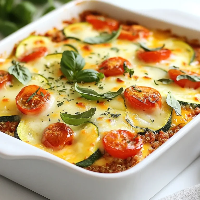 For this tasty dish, you will need: - 1 lb ground turkey - 3 medium zucchinis, sliced - 1 cup cherry tomatoes, halved - 1 cup onion, diced - 2 cloves garlic, minced - 1 cup cooked quinoa - 1 cup shredded mozzarella cheese - 1/2 cup grated parmesan cheese - 2 tablespoons olive oil These ingredients work well together to create a flavorful and filling casserole. Want to switch things up? Here are some fun options: - Cooked spinach or kale for extra greens - Bell peppers for added crunch - Black beans for a protein boost - Different cheese like cheddar for a unique taste Adding these can make the dish your own and keep it exciting. Seasonings bring the casserole to life. You should use: - 1 teaspoon dried oregano - 1 teaspoon dried basil - Salt and pepper to taste These spices add warmth and depth. Feel free to adjust based on your taste. If you like a bit of heat, consider adding crushed red pepper flakes! {{ingredient_image_1}} First, gather all your ingredients. You will need ground turkey, zucchinis, cherry tomatoes, onion, garlic, quinoa, mozzarella cheese, parmesan cheese, olive oil, and seasonings. This will help you stay organized. Preheat your oven to 375°F (190°C). This ensures the casserole cooks evenly. In a large skillet, heat the olive oil over medium heat. Add the diced onion and minced garlic. Sauté until the onion turns soft and clear. This takes about 3 to 4 minutes. Next, add the ground turkey. Break it apart with a spoon. Cook it until it turns brown and is no longer pink. This should take about 5 to 7 minutes. Then, stir in the sliced zucchinis and cherry tomatoes. Add the dried oregano, dried basil, salt, and pepper. Cook for another 5 minutes until the zucchinis soften. In a large bowl, mix the cooked quinoa with the turkey and vegetable mix. Stir until everything blends well. Next, transfer the mixture into a greased 9x13 inch baking dish. Spread the mix evenly. Now, sprinkle mozzarella and parmesan cheese on top. Bake the casserole in the preheated oven for 25 to 30 minutes. You will know it’s done when the cheese is melted and bubbly. After baking, let it cool for a few minutes before serving. Enjoy! To cook ground turkey well, use medium heat in a skillet. Heat olive oil first. Add diced onion and minced garlic. Cook until the onion is clear. Then, add the ground turkey. Break it up with a spoon. Cook it until it turns brown. This takes about 5-7 minutes. Make sure there's no pink meat left. A good cooking tip is to stir often. This helps the turkey cook evenly and stay juicy. When choosing zucchini, look for firm, shiny skin. Avoid zucchinis with soft spots or wrinkles. The smaller ones taste better and have fewer seeds. Try to pick zucchinis that are about 6 to 7 inches long. If they are too big, they may be watery. A great tip is to check the color. Deep green zucchinis are usually fresher. Cheese can change the flavor of your casserole. Mozzarella gives a nice stretch and mild taste. You can mix in cheddar for a sharper flavor. If you like a kick, try pepper jack cheese. For a gourmet touch, add goat cheese or feta. Sprinkle herbs on top for extra flavor. You can even try mixing different cheeses. This makes your dish unique each time! Pro Tips Use Fresh Herbs: Fresh basil and oregano can elevate the flavors of your casserole. Add them just before serving for a burst of freshness. Make It Ahead: This casserole can be prepared a day in advance. Just assemble it and refrigerate, then bake it when you're ready to serve. Customize Your Veggies: Feel free to substitute or add any vegetables you have on hand, such as bell peppers or spinach, for extra nutrition and flavor. Check for Doneness: Ensure the turkey is cooked through and the zucchini is tender before removing it from the oven for the best texture. {{image_2}} To make a tasty vegetarian version, swap ground turkey for lentils or black beans. Both options add protein and fiber. For more flavor, use a mix of mushrooms and bell peppers. They bring a nice texture and taste. You can also add extra veggies like spinach or carrots. This keeps the dish colorful and healthy. If you're watching carbs, try cauliflower rice instead of quinoa. It works well and keeps the casserole light. Zucchini is already low in carbs, so use it freely. You can also skip the cheese or use a low-fat version. This keeps the flavors while helping you stick to your diet. For a kick, add red pepper flakes or diced jalapeños. This brings more heat to your casserole. If you prefer mild flavors, just stick to the herbs like oregano and basil. They give great taste without the spice. You can always serve hot sauce on the side for those who enjoy extra heat. To store leftover turkey zucchini casserole, place it in an airtight container. Make sure to let it cool completely before sealing. You can keep it in the fridge for up to three days. Always label the container with the date, so you know when to eat it. When you’re ready to enjoy the leftovers, preheat your oven to 350°F (175°C). Place the casserole in an oven-safe dish. Cover it with foil to keep it moist. Heat for about 20 minutes or until it is hot all the way through. You can also reheat individual portions in the microwave for about 2-3 minutes. If you want to freeze the casserole, do it before baking. Wrap the dish tightly with plastic wrap and then foil. This helps prevent freezer burn. You can freeze it for up to three months. To thaw, move it to the fridge overnight. Bake it at 375°F (190°C) for about 35-40 minutes after thawing. Check that the center is hot before serving. Yes, you can use other meats. Ground chicken, beef, or pork work well. Each will add a different flavor. If you choose beef, lean ground beef is best. For a lighter option, go with chicken. Just remember to adjust cooking times slightly, if needed. To make this casserole healthier, you can swap a few ingredients. Use lean turkey or chicken. You can reduce the cheese or use low-fat cheese. Adding more veggies is a great idea. Try bell peppers, spinach, or carrots. You can also use brown rice or cauliflower rice instead of quinoa. This casserole pairs well with many sides. A fresh salad adds crunch and color. Try a simple green salad with vinaigrette. Garlic bread or whole-grain rolls are tasty options too. For a light touch, serve it with steamed vegetables like broccoli or green beans. This blog post covered all you need for Turkey Zucchini Casserole. You learned about key ingredients, cooking steps, and tips for perfecting your dish. You also explored variations to suit your taste, from vegetarian to low-carb options. Proper storage and reheating tips ensure your leftovers stay fresh. Remember, cooking is all about finding what works best for you. Enjoy making this healthy casserole and share it with family and friends. Your kitchen creations can lead to great meals!