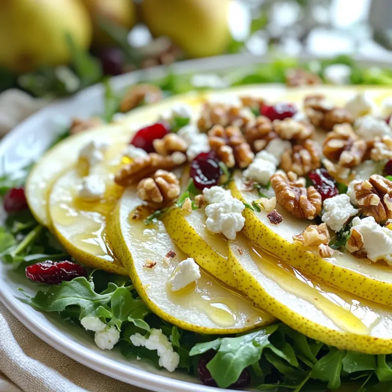 - 2 ripe pears, thinly sliced - 1 cup mixed greens (arugula, spinach, and kale) - 1/2 cup walnuts, toasted - 1/4 cup crumbled goat cheese (or feta) - 1/4 cup dried cranberries - 3 tablespoons olive oil - 2 tablespoons apple cider vinegar - 1 tablespoon honey - Salt and pepper to taste When I choose pears, I look for ones that feel slightly soft. This means they are ripe and sweet. Use mixed greens that are fresh and vibrant. The greens bring color and crunch. For walnuts, toasting them enhances their flavor. Always pick high-quality cheese, whether goat or feta. It should be creamy and rich. Dried cranberries should be plump and sweet, adding a delightful pop of flavor. Use extra virgin olive oil for its rich taste. Opt for organic apple cider vinegar for a cleaner flavor. This salad is not just delicious; it's also good for you. Each serving packs a healthy dose of vitamins and minerals. Pears offer fiber and vitamin C. Greens provide iron and antioxidants. Walnuts add healthy fats, protein, and omega-3s. Goat cheese gives calcium and flavor. Dried cranberries add a touch of natural sweetness. The dressing, made with olive oil and vinegar, is heart-healthy too. Enjoy this salad guilt-free, knowing it's both nourishing and tasty! {{ingredient_image_1}} To make the Pear Walnut Bliss Salad, start by toasting your walnuts. Heat a dry skillet over medium heat. Add the walnuts and stir them for about 3 to 5 minutes. Watch them closely until they turn golden and smell great. This step brings out their rich flavor. Once done, remove them from heat and let them cool. Next, take a large salad bowl. Add mixed greens like arugula, spinach, and kale. Then, slice your ripe pears thinly and toss them into the bowl. Next, add in the toasted walnuts, crumbled goat cheese, and dried cranberries. Each ingredient adds a unique taste and texture. Now, let’s make the dressing. In a small bowl, whisk together 3 tablespoons of olive oil, 2 tablespoons of apple cider vinegar, and 1 tablespoon of honey. Add salt and pepper to taste. This dressing brings everything together with its sweet and tangy flavor. Drizzle the dressing over the salad. Gently toss the salad to coat all the ingredients. Let it sit for about 5 minutes. This allows the flavors to blend beautifully. Toasting walnuts is easy and crucial for flavor. Use a dry skillet for best results. Do not add oil; just the walnuts. Stir them frequently to prevent burning. Keep a close eye, as they can go from perfect to burnt quickly. You want them golden and fragrant. This step enhances their natural taste, making your salad even better. When assembling your salad, think about how it looks. Presenting it well makes it more appealing. Start with the mixed greens as a base. Layer the sliced pears on top for color. Then, sprinkle the toasted walnuts evenly over the salad. Add crumbled goat cheese and cranberries last for a nice touch. For an elegant finish, serve on individual plates or a large platter. Garnish with extra walnuts and pear slices. A drizzle of honey on top adds shine and sweetness. These simple steps make your salad not just tasty but also a feast for the eyes. To make your Pear Walnut Salad look stunning, serve it on individual plates or a large platter. This adds a personal touch. Garnish with extra walnuts and pear slices for an elegant look. A drizzle of honey on top adds sweetness and shine. This simple step makes your salad more inviting and fun. Feel free to mix up the greens. Instead of mixed greens, you can use only arugula or spinach. Both add a fresh taste. If goat cheese isn't your favorite, try feta or blue cheese. Each cheese brings its unique flavor. You can also add other fruits like apples or berries for more variety. For a flavor boost, add a pinch of cinnamon or nutmeg to the dressing. This adds warmth and depth. You can also toss in some sliced red onion for a savory bite. If you want more crunch, consider adding sunflower seeds or pumpkin seeds. These little changes can elevate your salad from good to great! Pro Tips Use Ripe Pears: Ensure your pears are ripe for optimal sweetness and flavor. A ripe pear will yield slightly when pressed and have a fragrant aroma. Toast the Walnuts: Toasting walnuts enhances their flavor and adds a delightful crunch. Keep an eye on them to prevent burning. Make Ahead: You can prepare the salad ingredients ahead of time. Just add the dressing right before serving to keep the greens fresh. Experiment with Cheeses: Feel free to substitute goat cheese with feta or blue cheese for a different flavor profile that pairs well with the sweet and tart notes of the salad. {{image_2}} You can change this salad with the seasons. In spring, try adding fresh strawberries. They add a sweet burst and color. In summer, peaches bring a juicy twist. Autumn is perfect for adding diced apples. They pair well with walnuts. In winter, pomegranate seeds add a pop of flavor and color. Each fruit brings its own taste, making this salad exciting all year. The dressing can change the whole salad. For a creamy touch, use yogurt or ranch dressing. A citrus vinaigrette with orange juice brightens the dish. If you want a bit of spice, try a chipotle vinaigrette. Mixing flavors keeps your taste buds happy. You can even try a balsamic glaze for a sweet and tangy kick. Adding proteins boosts the salad's nutrition. Grilled chicken is a great choice for a hearty meal. You can also try chickpeas for a plant-based option. Tofu or tempeh works well for a vegan twist. If you want more crunch, consider adding seeds like pumpkin or sunflower. These options make the salad filling and healthy. To store leftover salad, place it in an airtight container. This keeps the greens fresh. Make sure to keep the dressing separate. If you mix it all together, the salad gets soggy. You can store it this way for up to three days. The shelf life of the ingredients varies. Fresh pears last about one week in the fridge. Mixed greens stay fresh for about five days if stored properly. Walnuts can last for a month when kept in a cool, dark place. Goat cheese lasts about a week after opening. Dried cranberries can stay fresh for up to a year. I do not recommend freezing this salad. Freezing changes the texture of the greens and pears. However, you can freeze walnuts if you want. Just make sure to thaw them before adding to your salad. Refrigerating is the best way to keep your pear walnut salad fresh and tasty. I recommend using ripe Bartlett or Anjou pears. They are sweet and juicy. Their soft texture blends well with greens. You can also try Bosc pears for a firmer bite. Choose pears that give slightly when you press them. This shows they are ripe and ready to eat. You can prepare some parts ahead, but not all. I suggest slicing the pears just before serving. This keeps them from browning. You can mix the greens, walnuts, cheese, and cranberries earlier. Store them in the fridge. Just add the dressing right before eating. This will keep everything fresh and tasty. Yes, this salad is naturally gluten-free. All the ingredients are safe for gluten-free diets. Just confirm that any packaged items, like the cheese or nuts, are labeled gluten-free. This way, you can enjoy your salad worry-free. In this post, we explored the key ingredients for a delicious pear walnut salad. We discussed quality tips for each ingredient and gave an overview of the nutrition you can gain. I shared step-by-step instructions on how to prepare the salad, along with helpful tips for toasting walnuts and assembly techniques. You learned about presentation suggestions, flavor enhancements, and ways to customize your salad. We also highlighted seasonal variations, alternative dressings, and options for adding extra nutrition. Finally, I provided storage tips to keep your salad fresh. With these insights, you can easily create a tasty, healthy salad that meets your needs. Enjoy the flavors and share this with others!