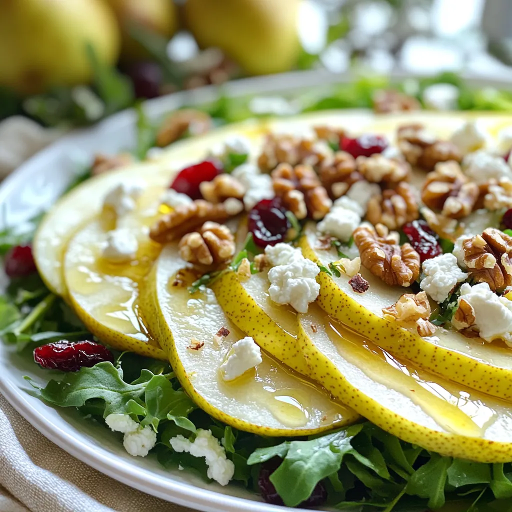 - 2 ripe pears, thinly sliced - 1 cup mixed greens (arugula, spinach, and kale) - 1/2 cup walnuts, toasted - 1/4 cup crumbled goat cheese (or feta) - 1/4 cup dried cranberries - 3 tablespoons olive oil - 2 tablespoons apple cider vinegar - 1 tablespoon honey - Salt and pepper to taste When I choose pears, I look for ones that feel slightly soft. This means they are ripe and sweet. Use mixed greens that are fresh and vibrant. The greens bring color and crunch. For walnuts, toasting them enhances their flavor. Always pick high-quality cheese, whether goat or feta. It should be creamy and rich. Dried cranberries should be plump and sweet, adding a delightful pop of flavor. Use extra virgin olive oil for its rich taste. Opt for organic apple cider vinegar for a cleaner flavor. This salad is not just delicious; it's also good for you. Each serving packs a healthy dose of vitamins and minerals. Pears offer fiber and vitamin C. Greens provide iron and antioxidants. Walnuts add healthy fats, protein, and omega-3s. Goat cheese gives calcium and flavor. Dried cranberries add a touch of natural sweetness. The dressing, made with olive oil and vinegar, is heart-healthy too. Enjoy this salad guilt-free, knowing it's both nourishing and tasty! {{ingredient_image_1}} To make the Pear Walnut Bliss Salad, start by toasting your walnuts. Heat a dry skillet over medium heat. Add the walnuts and stir them for about 3 to 5 minutes. Watch them closely until they turn golden and smell great. This step brings out their rich flavor. Once done, remove them from heat and let them cool. Next, take a large salad bowl. Add mixed greens like arugula, spinach, and kale. Then, slice your ripe pears thinly and toss them into the bowl. Next, add in the toasted walnuts, crumbled goat cheese, and dried cranberries. Each ingredient adds a unique taste and texture. Now, let’s make the dressing. In a small bowl, whisk together 3 tablespoons of olive oil, 2 tablespoons of apple cider vinegar, and 1 tablespoon of honey. Add salt and pepper to taste. This dressing brings everything together with its sweet and tangy flavor. Drizzle the dressing over the salad. Gently toss the salad to coat all the ingredients. Let it sit for about 5 minutes. This allows the flavors to blend beautifully. Toasting walnuts is easy and crucial for flavor. Use a dry skillet for best results. Do not add oil; just the walnuts. Stir them frequently to prevent burning. Keep a close eye, as they can go from perfect to burnt quickly. You want them golden and fragrant. This step enhances their natural taste, making your salad even better. When assembling your salad, think about how it looks. Presenting it well makes it more appealing. Start with the mixed greens as a base. Layer the sliced pears on top for color. Then, sprinkle the toasted walnuts evenly over the salad. Add crumbled goat cheese and cranberries last for a nice touch. For an elegant finish, serve on individual plates or a large platter. Garnish with extra walnuts and pear slices. A drizzle of honey on top adds shine and sweetness. These simple steps make your salad not just tasty but also a feast for the eyes. To make your Pear Walnut Salad look stunning, serve it on individual plates or a large platter. This adds a personal touch. Garnish with extra walnuts and pear slices for an elegant look. A drizzle of honey on top adds sweetness and shine. This simple step makes your salad more inviting and fun. Feel free to mix up the greens. Instead of mixed greens, you can use only arugula or spinach. Both add a fresh taste. If goat cheese isn't your favorite, try feta or blue cheese. Each cheese brings its unique flavor. You can also add other fruits like apples or berries for more variety. For a flavor boost, add a pinch of cinnamon or nutmeg to the dressing. This adds warmth and depth. You can also toss in some sliced red onion for a savory bite. If you want more crunch, consider adding sunflower seeds or pumpkin seeds. These little changes can elevate your salad from good to great! Pro Tips Use Ripe Pears: Ensure your pears are ripe for optimal sweetness and flavor. A ripe pear will yield slightly when pressed and have a fragrant aroma. Toast the Walnuts: Toasting walnuts enhances their flavor and adds a delightful crunch. Keep an eye on them to prevent burning. Make Ahead: You can prepare the salad ingredients ahead of time. Just add the dressing right before serving to keep the greens fresh. Experiment with Cheeses: Feel free to substitute goat cheese with feta or blue cheese for a different flavor profile that pairs well with the sweet and tart notes of the salad. {{image_2}} You can change this salad with the seasons. In spring, try adding fresh strawberries. They add a sweet burst and color. In summer, peaches bring a juicy twist. Autumn is perfect for adding diced apples. They pair well with walnuts. In winter, pomegranate seeds add a pop of flavor and color. Each fruit brings its own taste, making this salad exciting all year. The dressing can change the whole salad. For a creamy touch, use yogurt or ranch dressing. A citrus vinaigrette with orange juice brightens the dish. If you want a bit of spice, try a chipotle vinaigrette. Mixing flavors keeps your taste buds happy. You can even try a balsamic glaze for a sweet and tangy kick. Adding proteins boosts the salad's nutrition. Grilled chicken is a great choice for a hearty meal. You can also try chickpeas for a plant-based option. Tofu or tempeh works well for a vegan twist. If you want more crunch, consider adding seeds like pumpkin or sunflower. These options make the salad filling and healthy. To store leftover salad, place it in an airtight container. This keeps the greens fresh. Make sure to keep the dressing separate. If you mix it all together, the salad gets soggy. You can store it this way for up to three days. The shelf life of the ingredients varies. Fresh pears last about one week in the fridge. Mixed greens stay fresh for about five days if stored properly. Walnuts can last for a month when kept in a cool, dark place. Goat cheese lasts about a week after opening. Dried cranberries can stay fresh for up to a year. I do not recommend freezing this salad. Freezing changes the texture of the greens and pears. However, you can freeze walnuts if you want. Just make sure to thaw them before adding to your salad. Refrigerating is the best way to keep your pear walnut salad fresh and tasty. I recommend using ripe Bartlett or Anjou pears. They are sweet and juicy. Their soft texture blends well with greens. You can also try Bosc pears for a firmer bite. Choose pears that give slightly when you press them. This shows they are ripe and ready to eat. You can prepare some parts ahead, but not all. I suggest slicing the pears just before serving. This keeps them from browning. You can mix the greens, walnuts, cheese, and cranberries earlier. Store them in the fridge. Just add the dressing right before eating. This will keep everything fresh and tasty. Yes, this salad is naturally gluten-free. All the ingredients are safe for gluten-free diets. Just confirm that any packaged items, like the cheese or nuts, are labeled gluten-free. This way, you can enjoy your salad worry-free. In this post, we explored the key ingredients for a delicious pear walnut salad. We discussed quality tips for each ingredient and gave an overview of the nutrition you can gain. I shared step-by-step instructions on how to prepare the salad, along with helpful tips for toasting walnuts and assembly techniques. You learned about presentation suggestions, flavor enhancements, and ways to customize your salad. We also highlighted seasonal variations, alternative dressings, and options for adding extra nutrition. Finally, I provided storage tips to keep your salad fresh. With these insights, you can easily create a tasty, healthy salad that meets your needs. Enjoy the flavors and share this with others!