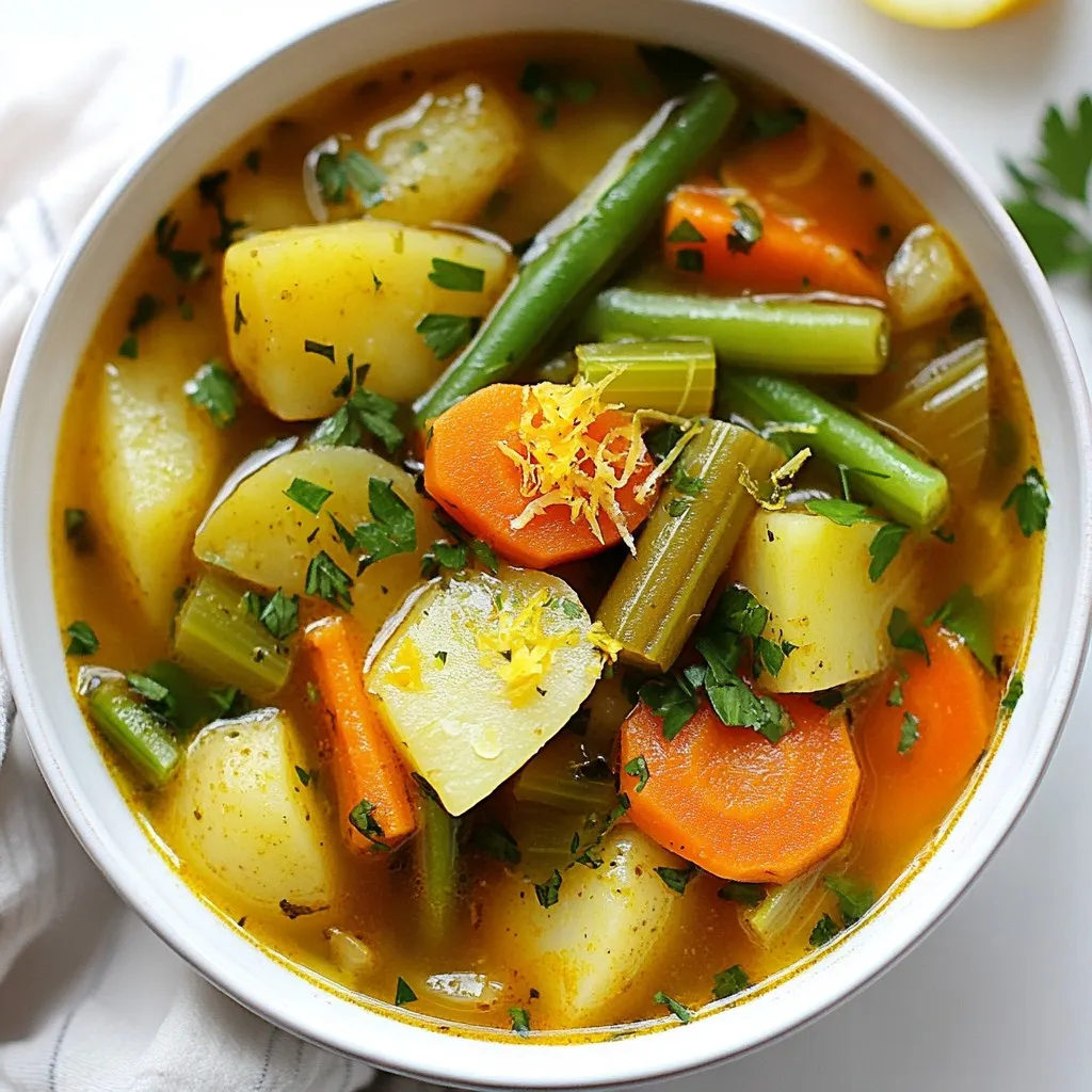 - 3 tablespoons olive oil - 1 large onion, diced - 2 cloves garlic, minced - 4 medium carrots, sliced - 2 medium potatoes, diced - 1 cup parsnips, diced - 1 cup green beans, trimmed and cut into 2-inch pieces - 1 cup celery, sliced - 4 cups vegetable broth - 1 tablespoon tomato paste - 2 teaspoons thyme (fresh or dried) - 1 teaspoon rosemary (fresh or dried) - Salt and pepper to taste - 1 cup frozen peas - Fresh parsley and lemon zest for garnish Gathering fresh ingredients makes this Irish vegetable stew special. I love using vibrant vegetables, as they add color and depth. The olive oil serves as the base for sautéing, while the onion and garlic provide a fragrant start. Carrots and potatoes bring sweetness and heartiness. Parsnips add a unique flavor, while green beans give a nice crunch. Celery adds a lovely aroma, and vegetable broth ties all the flavors together. Tomato paste boosts the stew's richness, while thyme and rosemary add earthy notes. Season with salt and pepper for balance. Frozen peas are a great last-minute addition, offering a pop of color and sweetness. Garnishing with fresh parsley and lemon zest brightens the dish and enhances the flavors. Prepare to enjoy a warm, comforting bowl of this delightful stew! {{ingredient_image_1}} Start by heating 3 tablespoons of olive oil in a large pot over medium heat. Once hot, add the diced onion. You want to sauté the onion for about 5 minutes. It should become soft and translucent. Next, stir in 2 minced cloves of garlic. Cook this mixture for about 1 minute until the garlic smells fragrant. This step builds a nice flavor base for the stew. Now it’s time to add the veggies! Toss in 4 sliced carrots, 2 diced potatoes, 1 cup of diced parsnips, 1 cup of trimmed and cut green beans, and 1 cup of sliced celery. Stir well to combine. Cook this vegetable mixture for about 5 minutes. You want the veggies to slightly soften and mix well together. Pour in 4 cups of vegetable broth and add 1 tablespoon of tomato paste. Stir to dissolve the tomato paste into the broth completely. Season your stew with 2 teaspoons of thyme, 1 teaspoon of rosemary, salt, and pepper to taste. Bring the stew to a gentle boil. Then, reduce the heat to low and cover the pot. Let it simmer for 25 to 30 minutes. This will make the vegetables tender and full of flavor. In the last few minutes of cooking, stir in 1 cup of frozen peas. Cook just until heated through. Adjust the seasoning as needed. To make your Irish vegetable stew even tastier, adjust the seasonings. Start with salt and pepper. A pinch of salt can brighten the dish. If it tastes too bland, add more herbs. Fresh thyme and rosemary work great here. You can also use dried herbs if that's what you have. Feel free to add extra spices for depth. A dash of paprika adds warmth. You might like a bit of cumin for earthiness. For a kick, try red pepper flakes. Just remember to start small and taste as you go. Sautéing vegetables well is key to great flavor. Use medium heat and let the onions cook until they're soft and clear. This takes about five minutes. Don't rush this step; it's where the flavor begins. Add garlic next, cooking just until fragrant. This should only take a minute. To get the perfect stew consistency, keep an eye on your broth. If it looks too thick, add a little water or broth. If it's too thin, let it simmer uncovered for a while. This helps it thicken up nicely. The goal is tender veggies in a rich, flavorful broth. Pro Tips Enhance Flavors: Allow the stew to rest for a few hours or overnight in the refrigerator. This will deepen the flavors as the ingredients meld together. Vegetable Variations: Feel free to substitute any seasonal vegetables you have on hand, such as bell peppers or zucchini, for a unique twist on the classic stew. Thickening the Stew: If you prefer a thicker stew, mash a few of the cooked potatoes against the side of the pot to create a creamy texture without needing additional thickeners. Serving Suggestions: Pair the stew with a side of crusty whole-grain bread or serve it over a bed of fluffy quinoa for a hearty meal. {{image_2}} You can change up your Irish vegetable stew easily. Try different veggies based on what you like or have. Here are some great swaps: - Sweet Potatoes: Use these instead of regular potatoes for a sweet twist. - Turnips: They add a nice bite and flavor. - Bell Peppers: These can bring color and a slight crunch. - Zucchini: A great way to add more texture. For herbs, you can mix it up too. Instead of thyme, try: - Oregano: It adds a warm flavor. - Basil: This gives a fresh taste. - Dill: A unique touch for something different. This stew is easy to adapt for different diets. If you want a vegan option, just check your broth. Most vegetable broths are vegan, but some may have animal products. If you are gluten-free, use a gluten-free broth. The stew is naturally gluten-free, so no worries here. Want to add protein? Here are some ideas: - Chickpeas: They add protein and fiber. - Lentils: These cook nicely in the stew and fill you up. - Tofu: Add cubed firm tofu for a hearty option. Feel free to mix and match these ideas to suit your taste! To store leftover stew in the fridge, first let it cool. Pour the stew into an airtight container. Seal it tightly to keep it fresh. Store it in the fridge for up to three days. When you want to eat it again, just reheat what you need. You can use a pot on the stove or a microwave. Stir well to make sure it heats evenly. If you have more stew than you can eat, freezing is a great option. Use a freezer-safe container or bag for the stew. Leave some space at the top, as the stew will expand when frozen. You can freeze it for up to three months. When you are ready to eat it, move it to the fridge overnight to thaw. Reheat it in a pot on the stove. Stir it frequently so that it heats well. Enjoy your warm, comforting stew! Irish Vegetable Stew lasts about 3 to 5 days in the fridge. To keep it fresh, store it in an airtight container. Let the stew cool before sealing it. If you want to enjoy it later, label the container with the date. This way, you won’t forget when you made it! Yes, you can make Irish Vegetable Stew in a slow cooker. Start by sautéing the onions and garlic in a pan. Then, add them to the slow cooker. Next, add the rest of the ingredients, including the diced vegetables and broth. Cook on low for 6 to 8 hours or on high for about 3 to 4 hours. This method will give the stew a deep flavor. Irish Vegetable Stew pairs nicely with crusty bread. It’s perfect for dipping! You can also serve it with a side salad for a fresh touch. If you want something heartier, try it with mashed potatoes. The creamy texture complements the stew well! This blog post covered making a hearty Irish vegetable stew. You learned about key ingredients and how to prepare your base. We detailed steps to simmer the stew to perfection and shared tips to enhance flavor. You also discovered variations to suit your tastes and dietary needs, plus storage and reheating tips. Remember, cooking should be fun. Experiment with ingredients and enjoy your delicious creation!