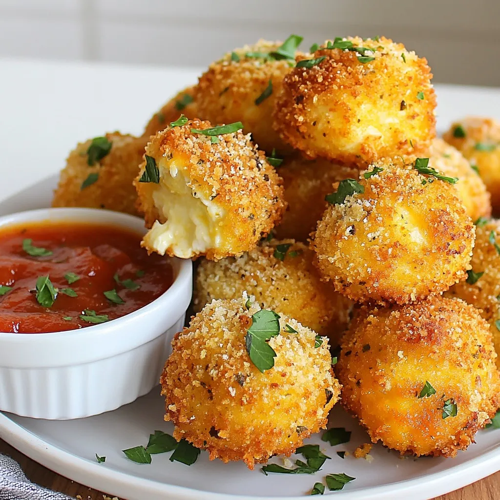 - 1 cup shredded mozzarella cheese - ½ cup grated Parmesan cheese - 1 cup breadcrumbs - 1 large egg, beaten - 1 teaspoon garlic powder - 1 teaspoon Italian seasoning - ½ teaspoon salt - ½ teaspoon black pepper - Fresh parsley, chopped (for garnish) - Marinara sauce (for dipping) To make Cheesy Parmesan Mozzarella Bites, you will need a few simple ingredients. First, gather the cheese. You want one cup of shredded mozzarella cheese. This cheese melts well and adds a nice stretch. Then, grab half a cup of grated Parmesan cheese. This cheese adds a rich and salty flavor. Next, you need the coating. Get one cup of breadcrumbs. They give the bites a nice crunch when baked. Also, beat one large egg. This will help bind the mixture together. Now, for the seasonings. You will need one teaspoon of garlic powder. It gives a nice touch of flavor. Add one teaspoon of Italian seasoning for a blend of herbs. You also need half a teaspoon of salt and half a teaspoon of black pepper to bring out all the flavors. Lastly, you can use fresh parsley for a pop of color and garnish. Marinara sauce makes a great dip on the side. With these ingredients ready, you are set to make tasty bites that everyone will love! {{ingredient_image_1}} - Preheat your oven to 400°F (200°C) and line a baking sheet with parchment paper. - In a mixing bowl, combine 1 cup of shredded mozzarella cheese and ½ cup of grated Parmesan cheese. Mix well until both cheeses blend together. - In another bowl, whisk together 1 large beaten egg, 1 teaspoon of garlic powder, 1 teaspoon of Italian seasoning, ½ teaspoon of salt, and ½ teaspoon of black pepper. - Pour the egg mixture into the cheese mix and stir until all ingredients are well mixed. The mixture should be sticky but hold together. - Using your hands, scoop out tablespoon-sized portions of the cheese mixture and roll them into balls. You should get about 12-15 bites. - Roll each cheese ball in 1 cup of breadcrumbs until fully coated. Place them on the prepared baking sheet. - Bake in the preheated oven for 12-15 minutes. Look for a golden brown and crispy finish. - Remove from the oven and let them cool slightly. Garnish with fresh chopped parsley before serving. - Serve warm with marinara sauce on the side for dipping. - Make sure your cheese mixture is sticky. This helps shape the bites easily. - When coating with breadcrumbs, check for an even layer on all sides. - You can adjust the baking time. Bake longer for crispier bites. - Line your baking sheet with parchment paper. This stops the bites from sticking. - Serve warm with marinara sauce for a tasty dip. - Garnish the bites with fresh herbs like parsley for color and flavor. Pro Tips Cheese Selection: Use a high-quality mozzarella for the best melting effect and flavor. Breadcrumb Coating: For extra crunch, consider using panko breadcrumbs instead of regular breadcrumbs. Spice It Up: Add a pinch of red pepper flakes to the cheese mixture for a spicy kick. Serving Suggestion: Serve with a variety of dipping sauces like pesto or ranch for added flavor options. {{image_2}} You can switch up the cheeses in this recipe. Try using cheddar or gouda for a different taste. These cheeses melt well and add unique flavors. If you need a gluten-free option, use gluten-free breadcrumbs instead. This way, everyone can enjoy the bites. Want to add more taste? Mix in some herbs like oregano or basil. These herbs give the bites a fresh twist. If you like spice, sprinkle in some chili flakes. This will give your bites a nice kick and make them exciting. You can serve these bites with various dipping sauces. Try ranch or pesto for a fun change. If you want a special snack platter, pair these bites with assorted bite-sized snacks. This makes a great sharing dish for parties or family gatherings. You can store Cheesy Parmesan Mozzarella Bites in an airtight container in the fridge. They keep well for about 3-4 days. This way, you can enjoy them as a quick snack or appetizer throughout the week. Just make sure the container is sealed tightly to keep them fresh. For longer storage, freeze the uncooked cheese bites. Simply prepare them and then place them in a single layer on a baking sheet. Once they are frozen solid, transfer them to a freezer bag. This will help prevent them from sticking together. When you're ready to cook them, you can bake them right from frozen. It’s an easy way to have a tasty treat on hand! To reheat cooked bites, the oven is your best friend. Preheat your oven to 350°F (175°C) and place the bites on a baking sheet. This will keep them crispy. If you're in a hurry, you can use the microwave for quick reheating. However, keep in mind that the bites may lose their crispiness this way. Enjoy them warm with marinara sauce for dipping! To make these bites gluten-free, simply use gluten-free breadcrumbs. These are easy to find in stores. You can also make your own using crushed gluten-free crackers or oats. This swap keeps the taste and texture while meeting gluten-free needs. Yes, you can prepare these bites in advance. Form the balls and freeze them before baking. Just place them on a baking sheet and freeze until solid. After that, transfer them to a freezer bag. When you’re ready, bake from frozen, adding a few extra minutes. To kick the heat up, add spices like cayenne pepper or chili powder. You can also mix in diced jalapeños into the cheese blend. This adds a nice spicy kick that balances well with the creamy cheese. Enjoy the extra flavor! In this post, I covered how to make cheesy Parmesan mozzarella bites. You learned about the ingredients, preparation, mixing, and baking steps. I shared tips for perfecting your bites and offered variations for flavor and serving. Remember, these bites can be stored and frozen for later enjoyment. Making them gluten-free or spicier is easy with simple substitutions. I hope you feel inspired to create these delicious snacks and share them with friends. Enjoy the great taste, and have fun experimenting!