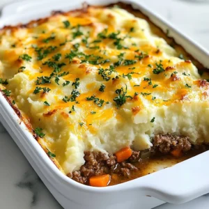 To make a delicious Shepherd's Pie Casserole, gather these ingredients: - 1 lb ground beef or lamb - 1 large onion, diced - 2 carrots, diced - 2 cloves garlic, minced - 1 cup frozen peas - 2 tablespoons tomato paste - 1 tablespoon Worcestershire sauce - 1 teaspoon dried thyme - 1 teaspoon dried rosemary - Salt and pepper to taste - 4 cups mashed potatoes (prepared with butter and milk) - 1 cup shredded cheddar cheese - Fresh parsley for garnish Choosing the right ground meat is key. Beef gives a rich flavor, while lamb adds a unique taste. Diced onion, carrots, and garlic create a savory base. Frozen peas add sweetness and color to the dish. Tomato paste and Worcestershire sauce enhance the flavors. For seasoning, dried thyme and rosemary bring warmth. Salt and pepper balance everything out. The mashed potatoes are creamy and comforting. I like to use butter and milk for the best taste. Finally, shredded cheddar cheese on top adds a golden, bubbly finish. Fresh parsley is perfect for a pop of color. It makes the dish look nice and fresh. With these ingredients, you are ready to create a comforting meal that everyone will love. {{ingredient_image_1}} First, preheat your oven to 400&deg;F (200&deg;C). This step warms the oven for the casserole. Next, in a large skillet, add 1 pound of ground beef or lamb. Cook this over medium heat. Brown the meat while breaking it up with a spatula. If there is too much fat, drain it from the skillet. Now, add 1 large diced onion, 2 diced carrots, and 2 minced garlic cloves to the skillet. Saut&eacute; these for 5 to 7 minutes. You want the vegetables to be tender and fragrant. After that, stir in 1 cup of frozen peas, 2 tablespoons of tomato paste, and 1 tablespoon of Worcestershire sauce. Add 1 teaspoon each of dried thyme and dried rosemary, along with salt and pepper to taste. Cook for another 3 to 5 minutes. This lets all the flavors blend together nicely. Take the meat mixture and transfer it to a greased 9x13 inch casserole dish. Spread it evenly across the bottom. Next, take 4 cups of prepared mashed potatoes and spoon them over the meat. Use a spatula to spread them out smoothly. Finally, sprinkle 1 cup of shredded cheddar cheese on top of the mashed potatoes. This will give it a nice, cheesy crust. Put the casserole in your preheated oven. Bake it for 20 to 25 minutes. Look for bubbly and golden cheese on top. Once it is done, let it cool for a few minutes before serving. Add some fresh parsley on top for a pop of color. Using fresh herbs can make a big difference. Fresh thyme and rosemary give bright flavors. Dried herbs work well too, but fresh adds a pop. If you want more flavor, adjust seasoning to your liking. Taste as you go. Sometimes, a pinch more salt or pepper makes all the difference. You can prep this dish in advance. Cook the meat and veggie mix ahead of time. Store it in the fridge for up to two days. When ready to bake, just top it with mashed potatoes and cheese. If you want to freeze it, do so after assembling. Wrap it tightly. It can last up to three months. Just thaw overnight in the fridge before baking. Serve your casserole in the dish for a rustic look. You can also scoop servings onto plates for a classy touch. A sprinkle of fresh parsley on top adds color and freshness. If you want to impress, drizzle a little olive oil around the edges. It looks great and adds flavor too. Pro Tips Use Fresh Herbs: For an extra layer of flavor, consider using fresh thyme and rosemary instead of dried. Add them towards the end of cooking to preserve their vibrant taste. Customize Your Veggies: Feel free to add other vegetables like corn or bell peppers to the meat mixture based on your preference. This adds color and nutrition. Make-Ahead Option: This casserole can be made ahead of time and refrigerated. Just bake it when you're ready to serve for a quick dinner option. Perfect Mashed Potatoes: For creamy mashed potatoes, ensure they are well-seasoned and include enough butter and milk. This will enhance the overall taste of the casserole. {{image_2}} You can make a tasty vegetarian version of Shepherd&rsquo;s Pie. For meat, use lentils or mushrooms. These options give you a hearty texture. For a vegan option, skip the cheese and use plant-based milk in the mashed potatoes. You can use coconut milk or almond milk for a creamy base. Shepherd&rsquo;s Pie has many styles around the world. In Ireland, they often use lamb and add root veggies. In the UK, you might find it made with beef, known as Cottage Pie. You can also swap in unique ingredients like sweet potatoes or butternut squash for the topping. Each twist adds its own charm. Get creative with flavors! Add a splash of BBQ sauce for a smoky taste. Hot sauce can give it a spicy kick. You can mix in extra veggies like corn or bell peppers for more color and nutrition. These little changes can turn a classic into something new and exciting. To keep your Shepherd&rsquo;s Pie Casserole fresh, store leftovers properly. First, let it cool down. Then, transfer it to an airtight container. This keeps the flavors and moisture locked in. If you do not have an airtight container, cover the dish tightly with plastic wrap or foil. Always label your storage with the date to track freshness. When you want to enjoy your casserole again, reheating is key. The oven is best for this dish. Preheat it to 350&deg;F (175&deg;C). Place the casserole in the oven, covered with foil, for about 20 minutes. This helps keep the top from burning. You can also use a microwave for quick reheating. Just make sure to cover the dish to avoid a dry texture. Stir the casserole halfway through for even warmth. In the fridge, your Shepherd's Pie Casserole lasts about 3 to 4 days. If you want to store it longer, freezing is a great option. Wrap it well in plastic wrap, then foil. This helps prevent freezer burn. It will stay good for up to three months in the freezer. When ready to eat, thaw it overnight in the fridge before reheating. Shepherd's Pie uses ground lamb, while Cottage Pie uses ground beef. Both dishes have a similar look and texture but differ mainly in the meat. This small change makes each pie unique in flavor. Yes, you can. Prepare the casserole up to the baking step. Cover it tightly and store it in the fridge for up to 24 hours. When ready to bake, just pop it in the oven. If you want to store it longer, freeze it instead. This way, you can enjoy it later with no hassle. To get creamy mashed potatoes, use hot milk and butter. Start with well-cooked potatoes. Mash them until smooth, then mix in the hot dairy. Avoid over-mixing; this keeps them fluffy. Season with salt and pepper for added taste. You have options! Ground turkey or chicken can work well. For a plant-based choice, try lentils or mushrooms. These options can still provide great flavor without meat. You can also use tofu or tempeh for a protein-rich dish. We covered the key steps to create a delicious Shepherd&rsquo;s Pie. From choosing the right ingredients to preparing a flavorful filling, every part matters. Remember to enjoy the process, and feel free to customize your pie with unique flavors or variations. Proper storage methods will keep leftovers fresh for later enjoyment. With these tips, you&rsquo;ll create a dish that warms both the heart and the stomach. Happy cooking!