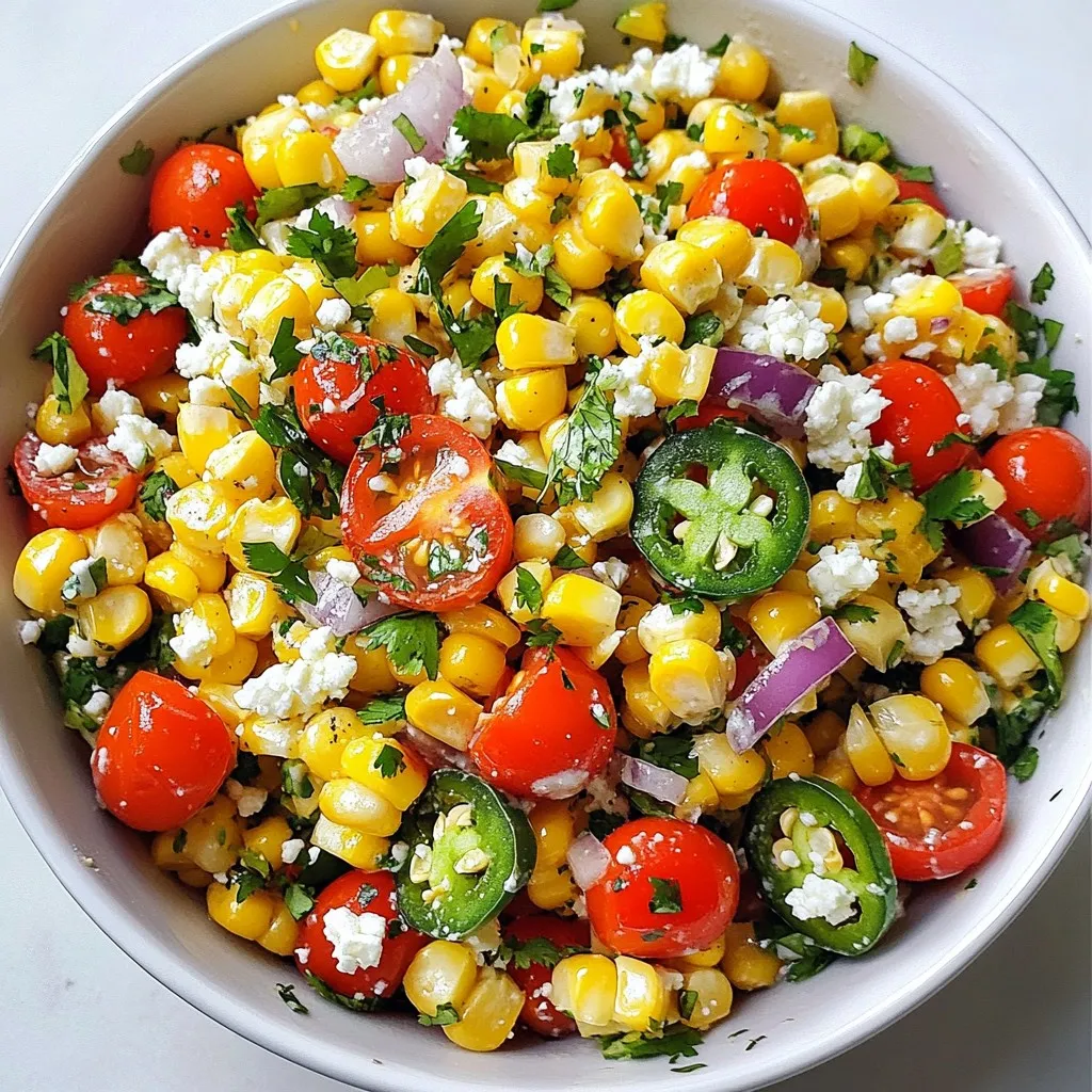 Fresh corn kernels are the star of this dish. I use 2 cups of kernels. You can use sweet summer corn or frozen corn if fresh isn't available. Fresh corn gives a bright taste that's key to this salad. Next, we need colorful veggies. Grab 1 cup of halved cherry tomatoes for sweetness. A bell pepper, any color, adds crunch and flavor. You’ll also need ½ red onion, finely chopped, and 1 jalapeño, seeded and diced. The jalapeño brings a little heat, but you can skip it if you prefer mild flavors. Finally, add ½ cup of chopped cilantro for a fresh kick. The dressing makes this salad pop. Mix the juice of 2 limes with 2 tablespoons of olive oil. Add salt and pepper to taste. For depth, include ½ teaspoon of cumin and ¼ teaspoon of smoked paprika. These spices give the salad a warm, earthy base. Want to make it richer? You can add ½ cup of crumbled feta cheese. It brings a salty flavor that pairs well with the sweet corn. If you want a twist, feel free to customize with your favorite herbs or nuts. {{ingredient_image_1}} First, grab a large mixing bowl. You will need 2 cups of fresh corn kernels. If fresh corn is out of season, use frozen corn instead. Next, cut 1 cup of cherry tomatoes in half. Dice 1 bell pepper of any color, and finely chop ½ of a red onion. Then, take 1 jalapeño, seed it, and dice it. Combine all these veggies in the bowl. Don’t forget to add ½ cup of chopped cilantro for a fresh touch. In a small bowl, whisk together the juice of 2 limes and 2 tablespoons of olive oil. Then, add salt and pepper to taste. For extra flavor, mix in ½ teaspoon of cumin and ¼ teaspoon of smoked paprika. This dressing will brighten up your salad and tie all the flavors together. Now, pour the dressing over your vegetable mixture. Toss everything gently until all the veggies are well coated. If you like, sprinkle ½ cup of crumbled feta cheese on top for extra creaminess. This step adds a nice salty kick and a bit of texture. Let your salad sit for about 15 to 20 minutes. This wait allows the flavors to meld nicely. Serve it chilled or at room temperature. This Fiesta Corn Salad is colorful, fresh, and perfect for any gathering. Enjoy your delicious creation! Fresh corn makes this salad shine. Look for bright yellow kernels. They should feel firm and sweet. If fresh corn is not an option, frozen corn works too. Just thaw it and drain well before using. Want more heat? Add more jalapeño or a dash of hot sauce. For a milder taste, use less jalapeño or skip it altogether. Always taste as you go, so you can get the spice just right for your family. To boost flavor, try adding lime zest along with the lime juice. A sprinkle of fresh herbs like parsley or mint adds freshness. You can also swap smoked paprika for regular paprika for a different taste. Serve this salad chilled for the best flavor. Let it sit for about 15-20 minutes before serving. This time allows the flavors to mix well. For a pop of color, add some extra cherry tomatoes or cilantro on top right before serving. Pro Tips Use Fresh Corn: For the best flavor and texture, use fresh corn kernels when they are in season. If using frozen, make sure they are thawed and drained properly. Customize Your Heat: Adjust the amount of jalapeño to control the spice level of your salad. If you prefer a milder flavor, consider omitting the seeds or using a less spicy pepper. Let It Marinate: Allow the salad to sit for 15-20 minutes before serving. This resting period enhances the flavors as the ingredients meld together. Experiment with Add-ins: Feel free to add other ingredients like black beans, avocado, or corn chips for added texture and flavor. This salad is versatile and can be tailored to your taste. {{image_2}} You can boost the Fiesta Corn Salad by adding proteins. Grilled chicken or shrimp works great. Simply chop cooked chicken or shrimp and mix it in. You can also use black beans for a hearty touch. They add texture and a nice flavor. Tofu is another option if you want a plant-based protein. For a vegan version, skip the feta cheese. Instead, try adding avocado for creaminess. You can also use nutritional yeast to give a cheesy flavor without dairy. Another good choice is to add chickpeas. They add protein and a nice bite to the salad. To change up the flavor, consider adding diced avocado or mango. These fruits add sweetness and creaminess. You can also mix in some corn salsa for a spicy kick. If you like heat, try adding more jalapeños or a dash of hot sauce. Fresh herbs like basil or mint can add a fresh twist too. To keep your Fiesta Corn Salad fresh, place leftovers in an airtight container. Make sure to seal it tightly to lock in flavor. If you use a bowl, cover it with plastic wrap. The salad tastes best when you eat it within three days. I recommend glass or plastic containers with tight lids. These containers keep moisture in and air out. Glass is great for easy reheating too. If you have smaller portions, use smaller containers. This helps prevent waste and keeps flavors fresh. You can enjoy Fiesta Corn Salad cold or at room temperature. If you prefer it warm, heat it gently in a pan. Add a splash of olive oil to help it heat evenly. Avoid using the microwave, as it can make the salad soggy. Always taste before serving again; the flavors may change. Yes, you can use canned corn. It’s quick and easy. Just drain and rinse it first. Fresh corn tastes sweeter, but canned corn works well in a pinch. Fiesta Corn Salad lasts about 3 days in the fridge. The veggies still taste fresh. However, the flavors may change a bit over time. Yes, you can make it ahead. Just prepare it a few hours before serving. Letting it sit helps the flavors blend. It’s best to add cheese right before serving. Yes, Fiesta Corn Salad is gluten-free. All the ingredients are safe for gluten-free diets. Enjoy it without worry! This blog post covered how to make Fiesta Corn Salad with fresh corn and other veggies. You learned to prepare ingredients, make a tasty dressing, and combine everything well. I shared tips on choosing corn and adjusting spice levels, plus ideas for variations and storing leftovers. Fiesta Corn Salad is fun and easy to customize. Whether you prefer it spicy, vegan, or packed with protein, you can adapt it to your taste. Enjoy making and sharing this delicious salad!
