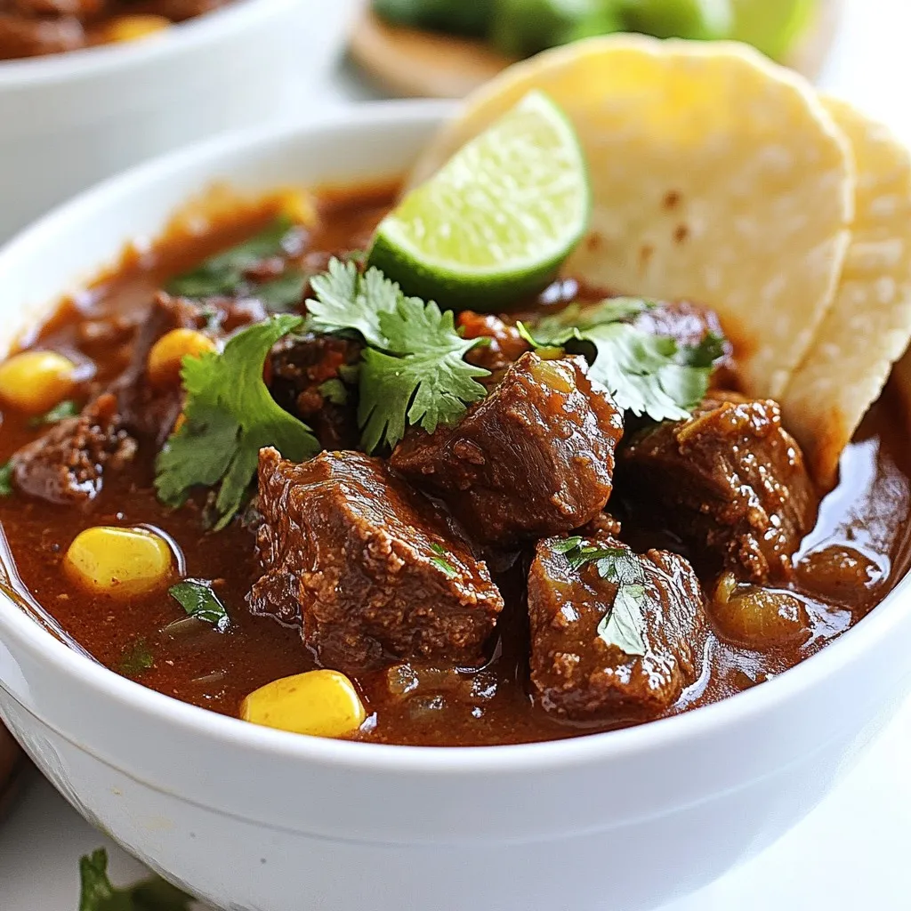 - 2 lbs beef chuck, cut into 1-inch cubes - 4 dried ancho chilies, stemmed and seeds removed - 2 dried guajillo chilies, stemmed and seeds removed - 1 onion, chopped - 4 garlic cloves, minced For this dish, I always choose beef chuck. It has good fat and flavor. The dried chilies give it a rich, deep taste. Ancho chilies are sweet, while guajillo chilies add some heat. - 1 teaspoon ground cumin - 1 teaspoon smoked paprika - 1 teaspoon oregano - Salt and pepper to taste These spices bring warmth and a bit of smokiness to the dish. Adjust the salt and pepper to your liking. I taste as I go to find the right balance. - Fresh cilantro, for garnish - Lime wedges, for serving - Corn tortillas, for serving Fresh cilantro adds a nice brightness. Lime wedges give a zing that cuts through the richness. Warm corn tortillas are perfect for scooping up the beef and sauce. {{ingredient_image_1}} Start by soaking the dried ancho and guajillo chilies. Use hot water for about 15-20 minutes. This softens them, making them easier to blend. Once they are soft, drain the chilies. Place them in a blender with one cup of beef broth, chopped onion, and minced garlic. Blend everything until it becomes a smooth chili paste. This paste is the heart of your dish, bringing rich flavor. Next, take your beef chuck, cut into 1-inch cubes. Season it well with salt and pepper. In a large pot or Dutch oven, heat the olive oil over medium-high heat. Brown the beef cubes in batches. Aim for a golden brown color on all sides. This step adds depth to the flavor. Once browned, remove the beef from the pot and set it aside. Now, it's time to cook the chili Colorado. In the same pot, pour in your chili paste. Cook it for about five minutes. Stir it often until it smells fragrant. Add ground cumin, smoked paprika, and oregano. Mix everything well to combine the spices. Then, return the browned beef to the pot. Pour in the remaining beef broth and bring it to a gentle boil. Reduce the heat to low, cover it, and let it simmer. Cook for 1.5 to 2 hours. This helps the beef become tender and soak up all the flavors. Stir occasionally to prevent sticking. Once done, taste and adjust the seasoning with more salt and pepper if needed. If the sauce is too thick, add a bit more beef broth. Serve hot, garnished with fresh cilantro and lime wedges, and enjoy with warm corn tortillas. Adjusting the seasoning is key. Taste your dish as it cooks. If it needs more salt or spice, add it gradually. This helps you find the right balance. To make a smooth chili paste, soak the dried ancho and guajillo chilies in hot water for 15-20 minutes. This softens them. After soaking, blend them with onion, garlic, and a cup of beef broth. Blend until it is silky and smooth. This paste is the heart of your flavor. Browning the beef is crucial. Use a large pot and heat olive oil over medium-high heat. Season the beef with salt and pepper. Cook in batches to avoid crowding. This helps the beef brown evenly. If you put too much in at once, it may steam instead of brown. To avoid sticking in the pot, stir occasionally. If you notice it sticking, lower the heat slightly. The goal is to create a nice fond on the bottom of the pot. This adds depth to the flavor when you add your chili paste. The sauce should be rich and thick. If it is too thick, add more beef broth. Stir it in until you get the right consistency. This keeps your dish saucy and perfect for tortillas. When to add more beef broth? If the sauce begins to dry out during cooking, check it. If it looks too thick, pour in some broth. You want the beef to simmer gently in a flavorful sauce. This makes it tender and delicious. Pro Tips Chili Soaking: Make sure to soak the dried chilies until they are fully softened for a smoother sauce. Beef Browning: Browning the beef in batches helps achieve a nice crust and enhances the overall flavor. Adjusting Consistency: If the sauce thickens too much, add small amounts of beef broth gradually to reach your desired consistency. Fresh Garnish: Garnish with fresh cilantro and lime for a burst of freshness that complements the rich flavors. {{image_2}} You can easily swap beef for other proteins. For a lighter taste, use chicken. Chicken thighs work well, as they stay moist during cooking. Just cook them in the same way as beef. Pork is another great option. Use pork shoulder cut into cubes. It will give you a rich flavor similar to beef. If you want a meatless meal, try lentils. Lentils cook quickly and absorb the spices well. Use about 2 cups of cooked lentils. Add them in at the end to heat through. To make your Beef Chile Colorado spicier, add more chilies. You can use hotter varieties like serrano or jalapeño. Just chop them finely and add them to the chili paste. If you want milder flavors, use less of the dried chilies. You can also remove the seeds from the chilies before blending. This will cut down on heat while keeping the flavor. You can swap spices based on what you have. If you lack smoked paprika, regular paprika works too. For a twist, try adding a pinch of cinnamon. It adds depth to the dish. Fresh ingredients give a brighter taste. Use fresh herbs instead of dried, like cilantro or oregano. If you have fresh chilies, they can replace dried ones. Just chop them and mix into the blend. Using these variations, you can make Beef Chile Colorado your own. Adjust the dish based on your taste and what you have on hand. To store leftover Beef Chile Colorado, let it cool first. Place it in an airtight container. Make sure to seal it well. You can keep it in the fridge for up to four days. This way, it stays fresh and tasty for your next meal. If you want to freeze Beef Chile Colorado, use a freezer-safe container. Leave some space at the top for expansion. It can last in the freezer for up to three months. When you are ready to eat it, thaw it in the fridge overnight. This keeps the flavor strong and the texture nice. To reheat, use a pot on low heat. Stir often to prevent sticking. You can also use the microwave. Heat in short bursts, stirring in between. Aim for an internal temperature of 165°F. This ensures it's hot but not overcooked. Enjoy the rich flavors just like the first time! Beef Chile Colorado is a rich and hearty dish from Mexico. The name means "red beef chili." This dish features tender beef simmered in a vibrant chili sauce made from dried chilies. The flavors come from the ancho and guajillo chilies, which add depth and warmth. It has a strong cultural significance in Mexican cuisine. Families often enjoy it during celebrations and gatherings. To make it milder, use fewer chilies or remove the seeds. You can also add a bit of sugar to balance the heat. For a spicier kick, add more guajillo chilies or use hotter chili varieties. Tasting as you go helps you find the right balance for your palate. Yes, you can use a slow cooker for Beef Chile Colorado. After blending the chili paste, brown the beef in a pan. Then, transfer everything into your slow cooker. Add the chili paste, beef broth, and spices. Cook on low for 6 to 8 hours. The beef will turn tender and flavorful, making it perfect for serving. Beef Chile Colorado pairs well with warm corn tortillas. You can also serve it with rice or beans. Adding fresh toppings like chopped cilantro and lime wedges enhances the dish. A side of guacamole or a fresh salad works great too. Enjoy the flavors together for a complete meal. Beef Chile Colorado is a rich, flavorful dish made with beef, chilies, and spices. The steps include preparing a smooth chili paste, browning the beef, and simmering it all for tenderness. You can customize it with swaps for proteins or spice level. Store leftovers properly for delicious meals later. With these tips and tricks, you can create an impressive dish for any gathering. Enjoy your cooking journey, and remember, the best flavors come from your own kitchen!