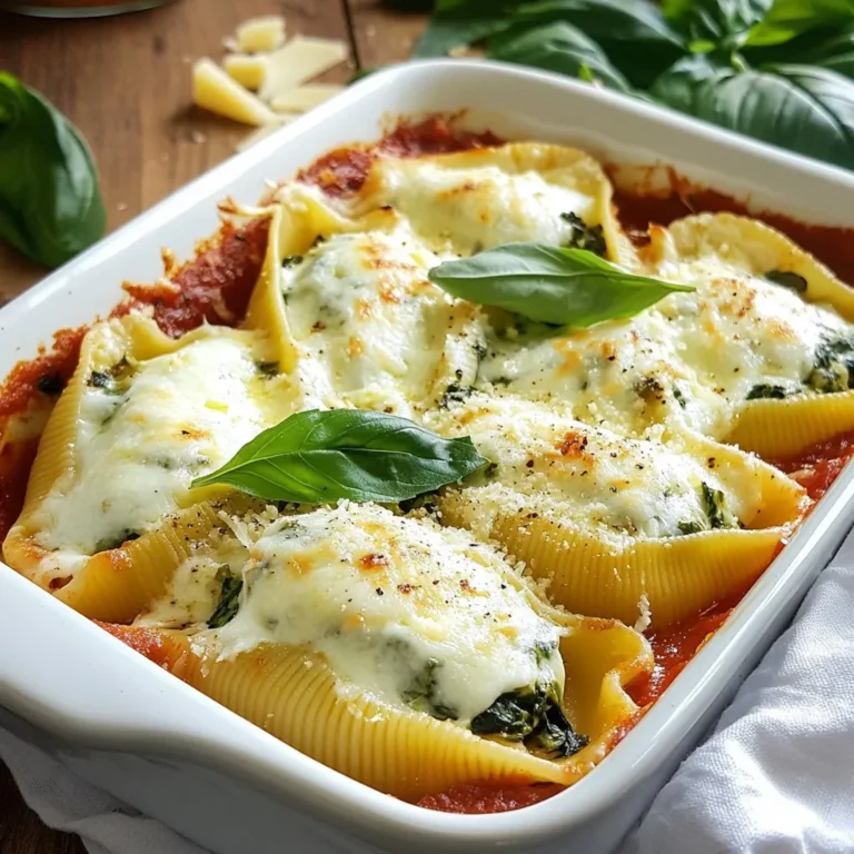 To make Spinach Ricotta Stuffed Shells, gather these items: - 20 jumbo pasta shells - 1 cup ricotta cheese - 1 cup fresh spinach, chopped - 1/2 cup grated Parmesan cheese - 1/2 cup shredded mozzarella cheese - 1 egg - 2 cups marinara sauce - 1 teaspoon garlic powder - 1 teaspoon Italian seasoning - Salt and pepper to taste - Fresh basil leaves for garnish If you need substitutions, here are some ideas: - Use cottage cheese instead of ricotta for a lighter option. - Swap fresh spinach for frozen spinach, but drain it well. - Replace Parmesan with any hard cheese like Pecorino Romano. - Use vegan cheese to make this dish plant-based. - For a gluten-free version, select gluten-free pasta shells. Each serving of these stuffed shells has: - Calories: 360 - Protein: 20g - Carbohydrates: 38g - Fat: 15g - Fiber: 3g - Sodium: 600mg This dish is rich in protein and provides good vitamins from spinach. Enjoy this hearty meal while balancing your diet! {{ingredient_image_1}} First, preheat your oven to 375°F (190°C). While it heats up, take a large pot and fill it with water. Add a good amount of salt to the water. Bring the water to a boil. Once boiling, add the jumbo pasta shells. Cook them according to the package directions until they are al dente. This usually takes around 10-12 minutes. When they are done, drain them and rinse them with cold water. This stops them from cooking more and helps them not stick together. Now it's time to make the filling. In a big mixing bowl, add one cup of ricotta cheese. Next, chop one cup of fresh spinach and toss it in. Add half a cup of grated Parmesan cheese and half a cup of shredded mozzarella cheese. Crack in one egg for binding. Sprinkle in one teaspoon of garlic powder and one teaspoon of Italian seasoning. Finally, add salt and pepper to taste. Mix everything together until it is smooth and well combined. This filling is key for great flavor. Grab your cooked pasta shells. Take one shell and fill it with about two tablespoons of the ricotta-spinach mixture. Be sure to fill them well, but don't overstuff them. Place each filled shell in a greased baking dish with the seam side up. Once you fill all shells, spread half of the marinara sauce evenly over top. Make sure the sauce covers all the shells. If you have extra sauce, add it to ensure they stay moist. Now they are ready for baking! To make stuffed shells, first, choose the right pasta. Jumbo shells work best. Cook them al dente to prevent sogginess. Rinse them in cold water to stop cooking. This keeps them from sticking together. Make sure to fill each shell with enough mixture. About two tablespoons per shell is ideal. Press the filling gently to pack it in well. To guarantee your cheese melts, use fresh cheese, like mozzarella and ricotta. Shredded cheese also melts better than blocks. Spread marinara sauce over the shells before baking. Cover the dish with foil for the first part of baking. This traps steam and helps the cheese melt. Remove the foil in the last minutes. This browns the cheese and adds flavor. Every oven heats differently. Start with the recommended time, but check your dish. If your oven runs hot, check early. If it runs cool, add a few minutes. Use a toothpick to test the shells. If the filling is hot and cheese is bubbly, they’re done. Always trust your instincts and adjust as needed for perfect results. Pro Tips Use Fresh Spinach: Fresh spinach provides a vibrant flavor and better texture compared to frozen spinach. If using frozen, ensure it's thoroughly drained and squeezed dry. Mix Cheeses for Flavor: Combining different types of cheese, like adding feta or a sharp cheddar, can enhance the flavor profile of the filling. Pre-bake the Shells: Consider baking the stuffed shells for a few minutes before adding sauce to get a slightly crispy texture on the pasta. Customize the Sauce: Feel free to add herbs or sautéed vegetables to your marinara sauce for additional depth and flavor. {{image_2}} You can mix up the filling if you want. Try adding cooked ground meat for extra flavor. You can also use different cheeses. For a twist, mix in feta or goat cheese. If you like a kick, add some crushed red pepper flakes. You can even use sautéed mushrooms or artichokes for a unique taste. The key is to keep the filling creamy and rich. If you need a gluten-free meal, swap the pasta. Use gluten-free jumbo shells, which are now easy to find. You can also use zucchini or eggplant slices instead of shells. These veggies hold the filling well and add fresh flavor. Just layer them in a baking dish like you would with pasta. To make this recipe vegan, replace the cheese and egg. Use plant-based ricotta, which is creamy and tasty. You can also use a flaxseed mix instead of the egg. Just mix one tablespoon of ground flaxseed with three tablespoons of water. Let it sit for a few minutes until it thickens. This way, you still get a rich filling without dairy. To store leftovers, let the stuffed shells cool first. Place them in an airtight container. You can keep them in the fridge for up to three days. Make sure to cover them with foil or plastic wrap to keep them fresh. When you’re ready to eat, preheat your oven to 350°F (175°C). Take the stuffed shells out of the fridge. Place them in a baking dish and add a bit of marinara sauce on top. Cover the dish with foil to keep moisture in. Bake for about 20 minutes, or until heated through. You can also use a microwave for faster reheating. Just cover them to avoid drying out. If you want to freeze the stuffed shells, place them in a single layer on a baking sheet. Freeze them for about an hour, then transfer to a freezer-safe bag. They can last up to three months in the freezer. To cook from frozen, bake at 375°F (190°C) for about 45-50 minutes, adding sauce as needed. Enjoy your meals later without much fuss! Spinach Ricotta Stuffed Shells last about 3 to 5 days in the fridge. Store them in an airtight container. Always check for any off smells before reheating. If they look or smell bad, it’s better to toss them. Yes, you can use fresh spinach! Just chop it finely and sauté it for a few minutes. This will help reduce water and keep your filling firm. Fresh spinach adds a nice flavor and vibrant color to your dish. Serve Spinach Ricotta Stuffed Shells with extra marinara sauce on top. Garnish with fresh basil for a pop of flavor and color. You can also add a sprinkle of Parmesan cheese for an extra cheesy touch. Pair with a side salad or garlic bread for a complete meal! This article covered how to make delicious spinach ricotta stuffed shells. We discussed the key ingredients and their substitutions. I shared tips for cooking and variations to suit your needs. You learned how to store leftovers for later. Remember, this dish is versatile and easy to make. You can adjust it based on what you have. Enjoy your cooking, and share these tasty shells with friends and family!
