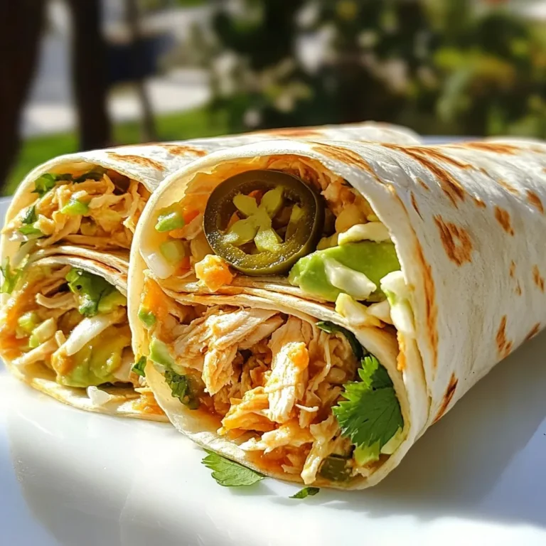 For BBQ Chicken Coleslaw Wraps, gather the following: - 2 cups shredded cooked chicken - 1 cup BBQ sauce (your favorite kind) - 2 cups coleslaw mix (cabbage and carrots) - ½ cup cilantro, chopped - 1 tablespoon apple cider vinegar - 1 teaspoon sugar - Salt and pepper to taste - 4 large flour tortillas - 1 avocado, sliced - ½ cup pickled jalapeños (optional) You can easily swap out some ingredients. Here are a few ideas: - Shredded Chicken: Use rotisserie chicken or grilled turkey. - BBQ Sauce: Try a homemade sauce or use teriyaki sauce for a twist. - Coleslaw Mix: Use shredded broccoli or kale for a different crunch. - Cilantro: If you dislike cilantro, try parsley or green onions. - Flour Tortillas: Corn tortillas or lettuce wraps work well for a lighter option. Choosing the right BBQ sauce can make a big difference. Here are some brands I trust: - Sweet Baby Ray’s: This sauce is sweet and tangy, perfect for chicken. - Stubbs: Great for a smoky flavor with a touch of heat. - Kraft: A classic choice that balances sweetness and spice well. These options will enhance the flavor of your wraps and make your cooking experience enjoyable. {{ingredient_image_1}} To start, take 2 cups of shredded cooked chicken. I prefer using rotisserie chicken for quick prep. In a large bowl, add the chicken. Pour in 1 cup of your favorite BBQ sauce. Mix the chicken and sauce well. You want every piece coated. Set this bowl aside while you prepare the coleslaw. Grab another bowl for the coleslaw. Add 2 cups of coleslaw mix, which includes cabbage and carrots. Next, toss in ½ cup of chopped cilantro. This adds a fresh taste. Now, pour in 1 tablespoon of apple cider vinegar. Add 1 teaspoon of sugar, and season with salt and pepper to taste. Toss everything together until it's well mixed. The slaw should look colorful and inviting. Now it’s time to assemble the wraps. Lay a large flour tortilla flat on a clean surface. Take a generous amount of the BBQ chicken mixture and place it in the center. Make sure it’s not too much or the wrap will spill. Next, add a scoop of the coleslaw mixture on top of the chicken. For extra creaminess, add a few slices of avocado. If you like heat, toss in some pickled jalapeños. Gently fold the sides of the tortilla inward. Then, roll the tortilla from the bottom up tightly. This keeps all the yummy stuff inside. Repeat this process with the remaining tortillas. If you want, you can grill each wrap for 2-3 minutes on each side. This adds a nice crunch. Finally, slice each wrap in half and serve with extra BBQ sauce on the side for dipping. Enjoy! To make the best BBQ Chicken Coleslaw Wraps, choose fresh ingredients. Use cooked chicken that is juicy and tender. Mix the chicken with your favorite BBQ sauce until every piece is coated. This makes sure each bite has great flavor. When making coleslaw, chop the cilantro finely. This way, you get its bright flavor in every bite. Use fresh cabbage and carrots for crunch. Toss the slaw well with vinegar, sugar, salt, and pepper. This adds a nice balance of flavors. Don’t overfill your tortilla. A little goes a long way. Keep the filling centered and fold the sides in neatly. This helps the wrap stay together. If you want a crispy texture, grill the wraps for a few minutes on each side. One common mistake is using dry chicken. Always use juicy, shredded chicken for the best taste. Another mistake is not mixing the coleslaw well. If the dressing doesn’t coat the slaw, it may taste bland. Avoid overloading the tortilla. Too much filling can make it hard to wrap. If you struggle, try smaller amounts. Lastly, don’t forget to season the chicken and slaw. A pinch of salt and pepper can make a big difference. To boost the flavor, add spices to the BBQ sauce. A pinch of smoked paprika or chili powder works well. For a fresh twist, try squeezing lime juice over the slaw. This gives it a zesty kick. For presentation, slice the wraps into halves or quarters. Arrange them on a plate with some extra BBQ sauce for dipping. Garnish with cilantro leaves or avocado slices. This makes your dish look colorful and inviting. Pro Tips Choose the Right BBQ Sauce: Select a BBQ sauce that complements your taste preference, whether it’s sweet, tangy, or spicy, to enhance the overall flavor of the wraps. Prep Ahead: You can prepare the BBQ chicken and coleslaw a day in advance. This saves time and allows the flavors to meld beautifully. Customize Your Fillings: Feel free to add other ingredients such as diced bell peppers or corn to the coleslaw for extra crunch and flavor. Keep It Warm: If serving a crowd, wrap the finished wraps in aluminum foil and place them in a warm oven to keep them warm until ready to serve. {{image_2}} You can make BBQ Chicken Coleslaw Wraps healthier. For a low-carb option, use large lettuce leaves instead of tortillas. Romaine or iceberg works well. If you need a gluten-free wrap, look for gluten-free tortillas. They are soft and easy to use. You can switch up the protein in this recipe. If you like pulled pork, use it instead of chicken. Just mix it with the BBQ sauce. For a plant-based option, try tofu. Press and cube the tofu, then sauté it before adding BBQ sauce. Both options taste great and make the wraps unique. You can adjust the coleslaw to fit your diet. If you want a creamy slaw, add a bit of mayo or Greek yogurt. For a spicy kick, mix in some chopped jalapeños or sriracha. You can also use different veggies, like bell peppers or radishes. This lets you create a slaw that fits your taste. To keep your BBQ chicken coleslaw wraps fresh, store them in an airtight container. This helps keep moisture out. If you have extra BBQ chicken or coleslaw, store those in separate containers. They will last longer this way. Always let your wraps cool down before sealing them tight. This prevents sogginess. When reheating, I recommend using a skillet. Heat the skillet over medium heat. Place the wrap in the skillet and cover it. Heat for about 3-4 minutes on each side. This warms the wrap evenly and keeps it crispy. You can also use a microwave for quick reheating. Just cover the wrap with a damp paper towel. Heat for 30 seconds to 1 minute. Check if it's warm enough before eating. If you want to freeze your wraps, wrap each one in plastic wrap. Then place them in a freezer-safe bag. This keeps them fresh for up to three months. When you are ready to eat, thaw in the fridge overnight. Reheat as mentioned above for the best taste. Avoid freezing the coleslaw separately since it can lose its crunch. Yes, you can make these wraps ahead of time. Prepare the chicken and coleslaw mix first. Store them separately in the fridge for up to two days. When ready to eat, just assemble the wraps. This keeps the tortillas fresh and prevents them from getting soggy. I like using large flour tortillas for these wraps. They are soft and flexible, which makes rolling easy. You can also try whole wheat or spinach tortillas for added flavor and color. If you're gluten-free, use corn tortillas or gluten-free wraps. To make BBQ Chicken Coleslaw Wraps vegan, swap the chicken for shredded jackfruit or tofu. Use vegan BBQ sauce to keep the flavors intact. For the coleslaw, stick with the same ingredients, ensuring the vinegar and sugar are vegan-friendly. This gives you a tasty and plant-based meal. This article covered all you need to know about BBQ Chicken Coleslaw Wraps. You learned about key ingredients, helpful tips, and ways to customize the dish. I shared methods for preparing the chicken and coleslaw, plus storage tips for leftovers. In the end, feel free to experiment with your wrap. Mix flavors, try new proteins, or adapt ingredients to suit your taste. Enjoy creating your unique BBQ wraps!
