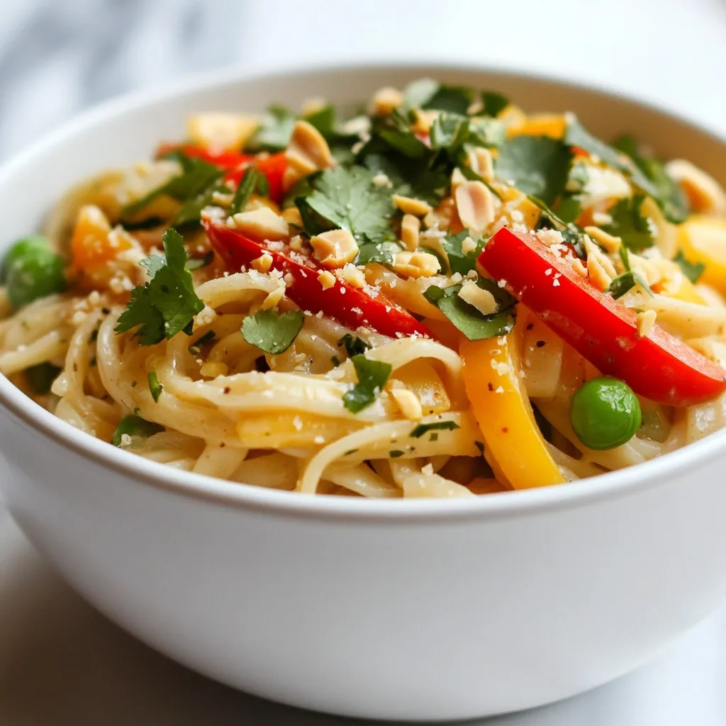- 8 oz rice noodles - 1 can (13.5 oz) coconut milk - 2 tablespoons red curry paste - 1 tablespoon soy sauce - 1 tablespoon lime juice - 1 tablespoon brown sugar - 1 cup bell peppers (sliced, mix of red and yellow) - 1 cup snap peas - 1 cup bean sprouts - 2 tablespoons vegetable oil - 3 green onions (sliced) - Fresh cilantro (for garnish) - Crushed peanuts (for garnish) - Salt to taste Gather these ingredients before you start cooking. The rice noodles give a nice base. Coconut milk adds creaminess. Red curry paste brings the heat, while soy sauce and lime juice balance the flavors. Brown sugar adds a hint of sweetness. I like to use a mix of bell peppers for color and crunch. Snap peas and bean sprouts add freshness and texture. Green onions, cilantro, and crushed peanuts make great garnishes. They help the dish look pretty and taste even better. Make sure to have salt on hand. You might want to adjust the seasoning at the end. Having everything ready will make your cooking smooth and fun! {{ingredient_image_1}} To start, bring a pot of water to a boil. Add 8 oz of rice noodles to the pot. Cook them until they are al dente, which usually takes about 4 to 6 minutes. Stir them often to prevent sticking. Once cooked, drain the noodles in a colander and set them aside. This step is key for a perfect texture. Next, take a large pan and heat 2 tablespoons of vegetable oil over medium heat. When the oil is hot, add 2 tablespoons of red curry paste. Sauté this for 1 to 2 minutes until it smells amazing. Then, pour in a can of coconut milk. Add 1 tablespoon of soy sauce, 1 tablespoon of lime juice, and 1 tablespoon of brown sugar. Stir everything well and let it simmer gently. This mix creates a rich, flavorful base. Now, it’s time to add some color! Toss in 1 cup of sliced bell peppers and 1 cup of snap peas. Cook these for about 3 to 4 minutes. You want them to be tender but still crisp. After that, add the drained rice noodles and 1 cup of bean sprouts to the pan. Mix everything together so the noodles soak up the sauce. Cook for another 2 to 3 minutes until everything is hot. Taste and add salt if needed. Enjoy the bright flavors in this dish! To make your spicy coconut noodles just right, tweak the curry paste. Start with two tablespoons. If you want more heat, add a bit more. The red curry paste gives depth and warmth. Balance the flavors with brown sugar. This sweet touch helps calm the spice. You can adjust the sugar based on your taste. Just remember, a little goes a long way! Keep your veggies crisp! When you add bell peppers and snap peas, avoid overcooking. Just three to four minutes on medium heat is enough. This way, they stay bright and crunchy. For even noodle distribution, toss the noodles well in the sauce and veggies. Use tongs to mix everything gently. This ensures each bite has flavor and texture. Garnishing makes your dish pop. Use fresh cilantro and crushed peanuts on top. They add color and crunch. For serving, a bowl works best. It keeps the noodles cozy and warm. You can also add a lime wedge for that zesty finish. Pro Tips Use Fresh Ingredients: Fresh vegetables like bell peppers and snap peas will enhance the flavor and crunch of your dish. Adjust the Spice Level: Feel free to add more red curry paste or even chili flakes if you prefer your noodles spicier! Garnish Generously: The toppings of cilantro and crushed peanuts not only add flavor but also texture—don't skip them! Meal Prep Friendly: This dish can be made in advance; just reheat gently to avoid overcooking the vegetables. {{image_2}} You can make Spicy Coconut Noodles even better by adding protein. Tofu is a great choice. It soaks up the flavors well. Shrimp also works nicely. Both options add texture and taste. To cook tofu, cut it into cubes. Sauté it for about 5-6 minutes before adding the coconut milk. For shrimp, add them after the bell peppers. Cook until they turn pink, around 3-4 minutes. Adjust your cooking times to ensure the protein is cooked through. If you want to keep it vegetarian or vegan, you can easily substitute some ingredients. Use plant-based soy sauce for a vegan-friendly option. Make sure to pick a red curry paste that is vegan. Some brands may add fish sauce. You can also add more veggies. Try carrots, zucchini, or broccoli. These add color and nutrients. They will keep your dish both tasty and colorful. Different regions have their own takes on coconut noodles. You can explore various curry pastes. Green curry paste gives a fresh kick. Yellow curry paste offers a mild flavor. You can also change the vegetables. In Thailand, you might see bok choy or Thai basil. In India, try adding spinach or peas. These changes give you new flavors and experiences. Enjoy experimenting with what you have at home! To store leftovers of your spicy coconut noodles, place them in an airtight container. Make sure to cool them to room temperature first. This helps keep the noodles fresh and safe to eat later. The dish stays good in the fridge for about 3 to 4 days. When you are ready to eat, just reheat it on the stove or in the microwave. If you want to freeze your spicy coconut noodles, start by cooling them down completely. Then, transfer them to a freezer-safe container. You can also use freezer bags to save space. Try to remove as much air as possible to prevent freezer burn. The noodles can last up to 2 months in the freezer. When you are ready to enjoy them again, take them out and let them thaw in the fridge overnight. Reheat them gently in a pan or microwave. If the noodles seem dry, add a splash of coconut milk or water. This keeps the texture nice and creamy. You can try several noodle types instead of rice noodles. Here are some options: - Soba noodles: These are made from buckwheat. They add a nutty taste. - Udon noodles: Thick and chewy, these work well in the dish. - Zucchini noodles: For a low-carb option, use spiralized zucchini. - Egg noodles: These add richness but are not gluten-free. Each of these noodles brings a unique flavor and texture. Adjust cooking times based on the type you choose. Yes, you can make this dish gluten-free! Here are some tips: - Use gluten-free soy sauce: Regular soy sauce contains gluten. - Opt for rice noodles: As they are already gluten-free. - Check curry paste: Some brands may have gluten, so read labels. These swaps keep the flavors intact while ensuring gluten-free enjoyment. The spice level can vary based on your taste. Here’s a simple scale: - 1-2: Mild, use less red curry paste. - 5: Medium spice, use the recipe as is. - 8-10: Very spicy, add more red curry paste or extra chili. Adjust the red curry paste to find your perfect heat level. Enjoy the journey! You learned how to make a delicious curry with rice noodles. The recipe uses simple ingredients like coconut milk and fresh vegetables. You can adjust flavors, add proteins, and make it vegan or vegetarian. Proper storage keeps leftovers fresh longer. With these tips, you can cook a dish that impresses everyone. Enjoy your cooking journey, and don’t hesitate to experiment with flavors! Your kitchen adventures can lead to new favorites.
