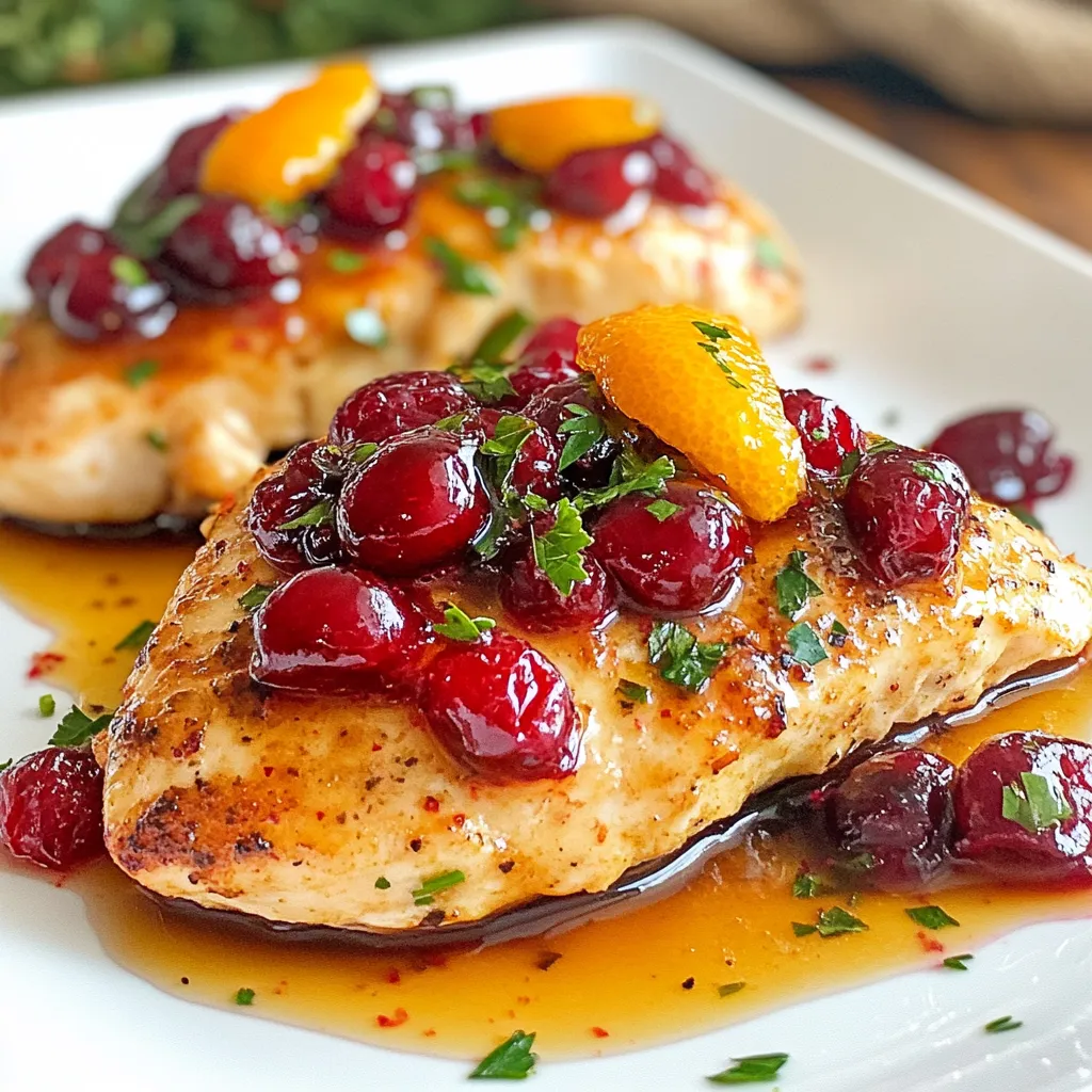 - 4 chicken breasts - 1 cup fresh cranberries - 1/2 cup orange juice - Zest of 1 orange - 2 tablespoons honey - 1 tablespoon olive oil - 2 cloves garlic, minced - 1 teaspoon fresh thyme leaves (or 1/2 teaspoon dried thyme) - Salt and pepper to taste For this recipe, the main ingredients shine. The chicken breasts are the hearty base. Fresh cranberries add a tart burst. Orange juice brings brightness. The zest adds depth. Honey adds sweetness. Olive oil helps to sear the chicken. Garlic gives it a nice kick. Thyme adds a touch of earthiness. Salt and pepper enhance all the flavors. - Additional herbs - Spices for extra heat - Other fruits for the sauce You can customize this dish to suit your taste. Add more herbs like rosemary or sage. If you like heat, consider red pepper flakes. Want to mix it up? Try adding chopped apples or pears to the sauce. These small changes can make your dish unique and exciting. {{ingredient_image_1}} To start, gather your ingredients for the sauce. In a medium saucepan, mix: - 1 cup fresh cranberries - 1/2 cup orange juice - Zest of 1 orange - 2 tablespoons honey - 2 cloves garlic, minced - 1 teaspoon fresh thyme leaves - Salt and pepper to taste Turn the heat to medium and bring this mix to a simmer. Stir occasionally. You will cook the sauce for about 10 minutes. The cranberries will burst, and the sauce will thicken. If you want a thicker sauce, let it cook a bit longer. You can also mash some cranberries with a spoon for a smoother texture. While the sauce is cooking, take 4 chicken breasts and season them with salt and pepper. Heat 1 tablespoon of olive oil in a large oven-safe skillet over medium heat. Once hot, add the chicken. Sear the chicken for 4-5 minutes on each side. You want a nice golden-brown crust. This step adds great flavor and locks in moisture. Now, it’s time to bake! Preheat your oven to 400°F (200°C). After searing, pour the cranberry sauce over the chicken in the skillet. Make sure each piece is well-coated with the sauce. Transfer the skillet to the oven and bake for 20-25 minutes. The chicken should reach an internal temperature of 165°F (74°C). To check for doneness, you can use a meat thermometer or cut into a piece to see if it’s no longer pink. Enjoy this delicious dish! To get the best flavor in your dish, balance sweetness with acidity. Use fresh cranberries for a tart taste. The orange juice adds a bright note. If you prefer a sweeter sauce, add a bit more honey. Fresh ingredients enhance the dish's flavor. Canned cranberries can work, but they may lack freshness. You can swap chicken for turkey or tofu. Both options work well with the sauce. Tofu provides a tasty, plant-based choice. For gluten-free meals, ensure your chicken broth is gluten-free. If you want a low-carb option, skip honey or use a sugar substitute. Garnish your dish with freshly chopped parsley. It adds color and freshness to the plate. Serve the chicken over rice or quinoa to soak up the sauce. Plating with whole cranberries can make it visually appealing. Pair it with a side salad for a complete meal. Pro Tips Use Fresh Ingredients: Fresh cranberries and freshly squeezed orange juice will enhance the flavor of your dish significantly. Don't Overcook the Chicken: To ensure the chicken remains juicy, use a meat thermometer to check for an internal temperature of 165°F (74°C). Add Depth with Spices: Consider adding a pinch of cinnamon or allspice to the cranberry sauce for an extra layer of flavor. Rest the Chicken: Allowing the chicken to rest for a few minutes after baking helps the juices redistribute for a more tender bite. {{image_2}} You can add new flavors to your festive cranberry orange chicken. Try adding different fruits. Apples or pears can give a sweet touch. You might also try cherries for a tart kick. Each fruit brings its own taste. Spices and herbs can change the dish too. For a warm flavor, add cinnamon or nutmeg. These spices work well with cranberries. You can also experiment with fresh herbs like rosemary or sage. They add depth to the dish. Pairing side dishes with your cranberry orange chicken can enhance your meal. Roasted Brussels sprouts or green beans bring color and crunch. They balance the sweet chicken well. You can serve a fresh salad with mixed greens and nuts. A simple vinaigrette will keep it light. For appetizers, consider a cheese platter. Soft cheeses with crackers can start your meal perfectly. To keep your Festive Cranberry Orange Chicken fresh, store it properly. Place leftovers in an airtight container. For the best taste, put them in the fridge. They can stay fresh for up to four days. If you want to keep them longer, consider freezing them. In the freezer, they last about three months. Just label your container with the date to track freshness. When it's time to enjoy your leftovers, you want them warm without drying out. The best way is to use the oven. Preheat it to 350°F (175°C). Place the chicken in a baking dish, cover with foil, and heat for about 15-20 minutes. This keeps the chicken moist. If you have leftover cranberry sauce, you can warm it on the stove. Just heat it gently until it bubbles. You can also add it to new dishes. Try it over rice or mixed into a salad for a fresh twist. Enjoy your festive flavors in new ways! If you want to swap out honey, try using maple syrup or agave nectar. Both options bring sweetness and a unique flavor. You can also use brown sugar dissolved in a bit of warm water. Adjust the amount based on your taste. Remember, honey is sweet, so start with less and add more if needed. Yes, you can make this dish ahead of time. You can prepare the cranberry sauce a day before and store it in the fridge. Just warm it up before pouring it on the chicken. You can also season and sear the chicken in advance. Then, bake it just before serving for fresh flavors. To check if the chicken is cooked, use a meat thermometer. The inside should reach 165°F (74°C). If you don’t have a thermometer, look for clear juices when you cut into it. The meat should not look pink. This means it is ready to serve. This blog shared a delicious recipe for cranberry orange chicken. You learned about key ingredients, cooking steps, and tips to make it your own. Customizations, like herbs and spices, add your personal touch. With proper storage and reheating methods, leftovers remain enjoyable. Remember, cooking is about creativity. Experimenting can lead to wonderful flavors. Enjoy your kitchen time and make this dish yours!
