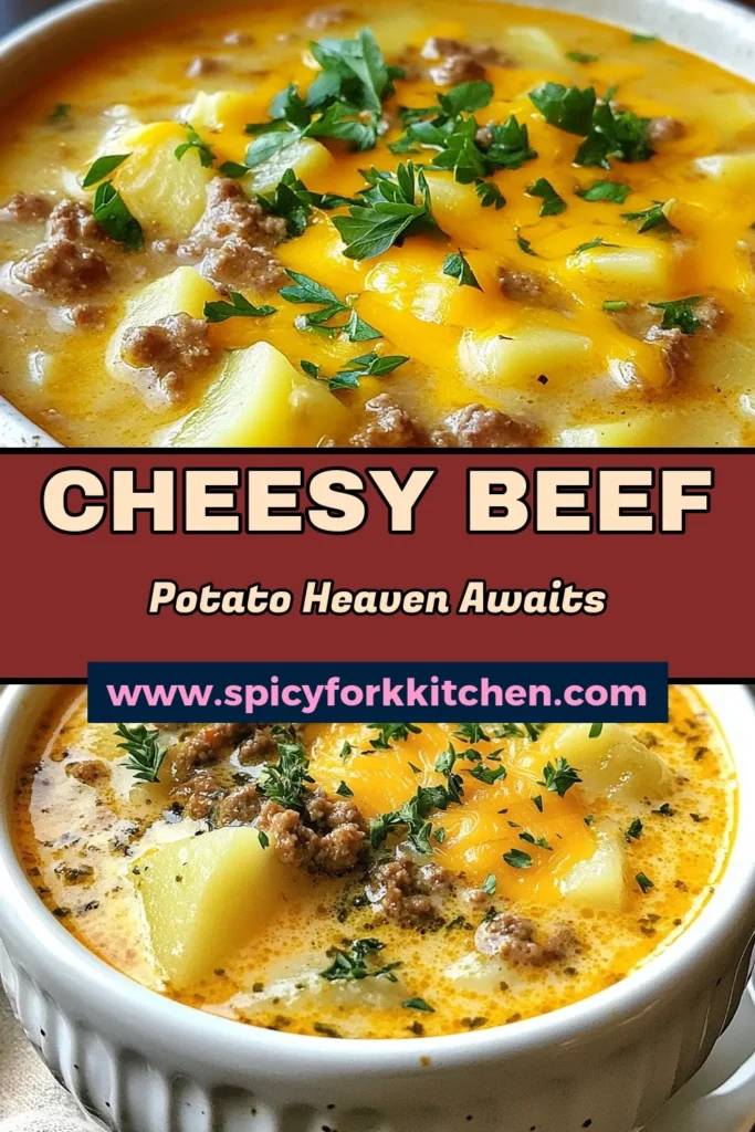 Warm up with this delicious cheesy beef potato soup, a perfect comfort food soup recipe for chilly nights. This hearty beef soup recipe combines ground beef, creamy potatoes, and sharp cheddar for a satisfying meal. In just 40 minutes, you can whip up this easy cheesy soup recipe that will become a family favorite. Don't forget to save this creamy potato beef soup for your next meal plan! #CheesyBeefPotatoSoup #ComfortFood #EasySoupRecipe #HeartyBeefSoup
