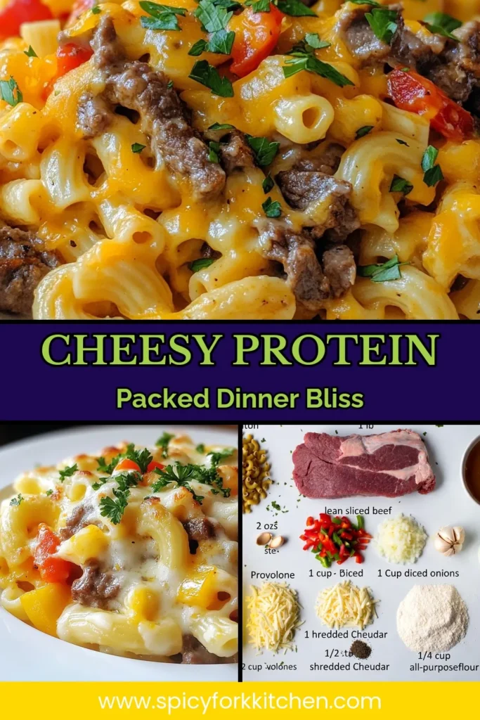 Indulge in a delicious twist on comfort food with this Protein Philly Cheesesteak Mac and Cheese! This hearty beef mac and cheese recipe blends classic flavors into a healthy mac and cheese dish everyone will love. With elbow macaroni tossed in a creamy cheese sauce and topped with sautéed peppers and onions, this baked cheesesteak mac and cheese is perfect for dinner. Try this protein mac and cheese today and add a tasty flair to your meals! #MacAndCheese #Cheesesteak #HealthyRecipes #DinnerIdeas