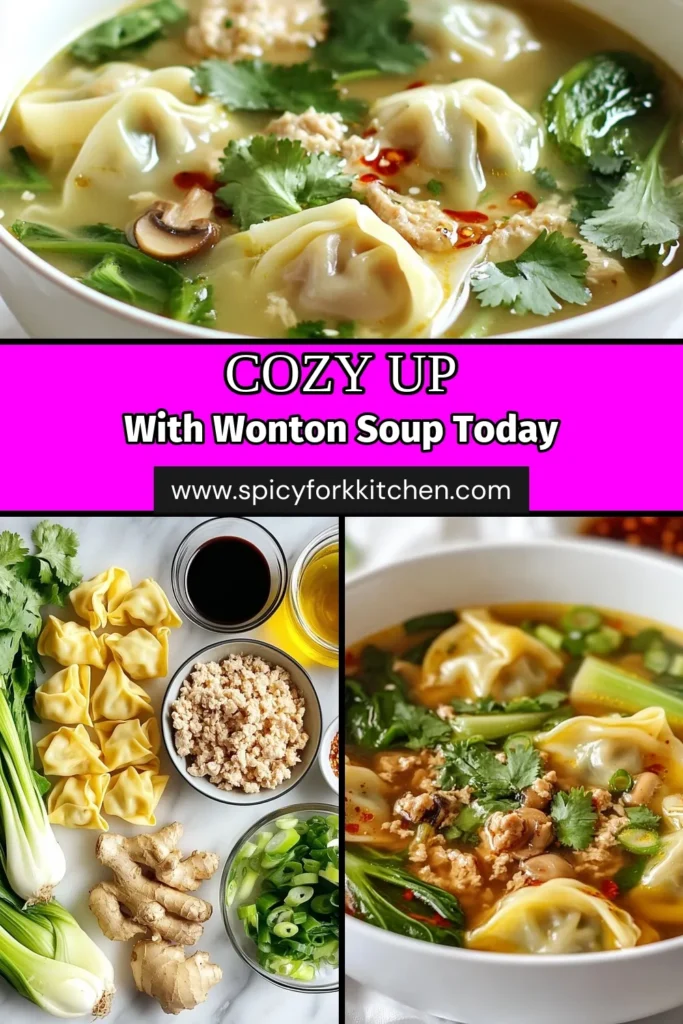 Warm up with this delicious homemade wonton soup recipe that's as comforting as it is easy to make. Using store-bought wonton wrappers, ground chicken, and fresh veggies, this cozy soup recipe comes together in just 30 minutes. Perfect for busy weeknights, this chicken broth soup is a must-try in your collection of easy Asian recipes. Save this recipe for your next meal and enjoy the warmth of homemade goodness! #WontonSoup #HomemadeWontons #CozySoupRecipes #EasyAsianRecipes