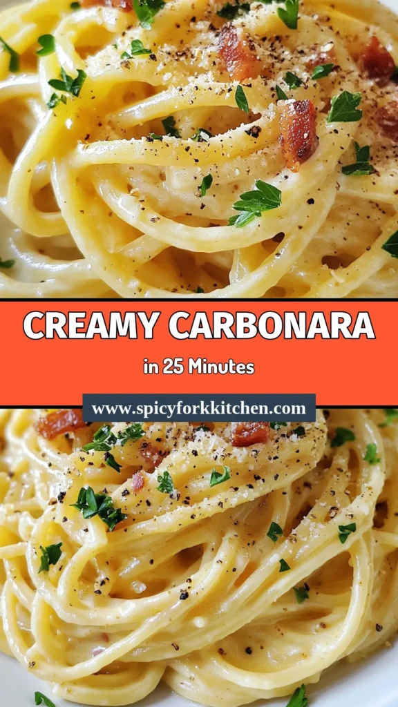 Discover the ultimate creamy carbonara recipe that brings the flavors of Italy to your kitchen! This easy carbonara pasta dish features spaghetti carbonara with pancetta, drizzled with a homemade carbonara sauce that’s rich and delicious. Perfect for weeknight dinners, this recipe takes just 25 minutes to prepare. Follow the steps for a mouthwatering experience! Save this authentic Italian carbonara recipe now! #CreamyCarbonara #ItalianRecipes #PastaLovers #EasyDinnerIdeas