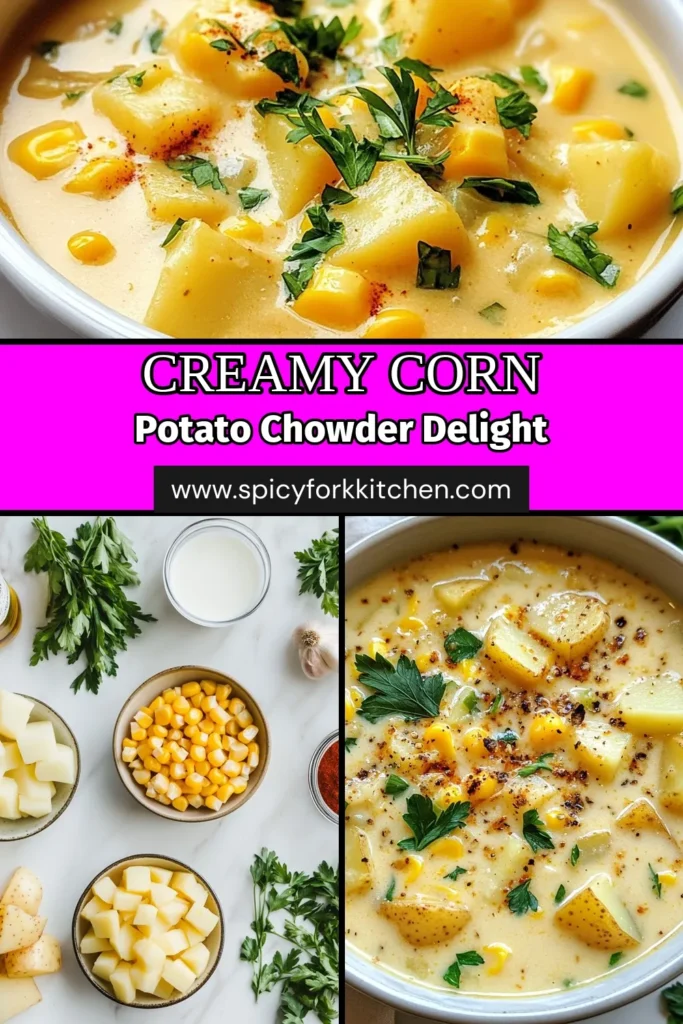 Indulge in this creamy and healthy potato corn chowder that's perfect for any day. This easy corn chowder recipe is dairy-free and packed with flavor from Yukon Gold potatoes and fresh corn. It’s not just a delicious soup, but a nutritious option among healthy soup recipes. Make your own comforting creamy vegetable chowder today! Don't forget to save this recipe for later! #PotatoCornChowder #DairyFreeRecipes #HealthyEating #SoupLovers