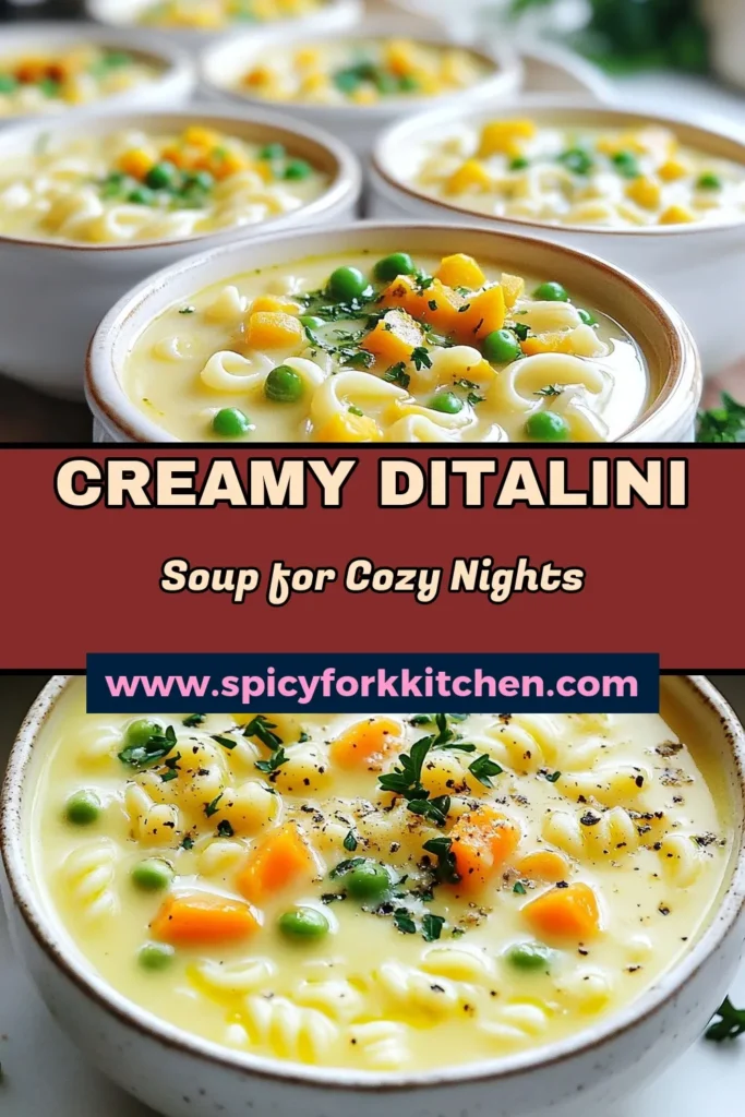 Warm up your winter with this cozy creamy ditalini soup, the ultimate comforting soup recipe! Made with tender ditalini pasta and rich heavy cream, this ditalini pasta soup recipe combines fresh vegetables for a creamy, flavorful meal. This easy creamy soup recipe is perfect for chilly nights, and it's ready in just 30 minutes! Try it today and share your cozy moments! #DitaliniPasta #CozySoup #CreamySoup #WinterRecipes