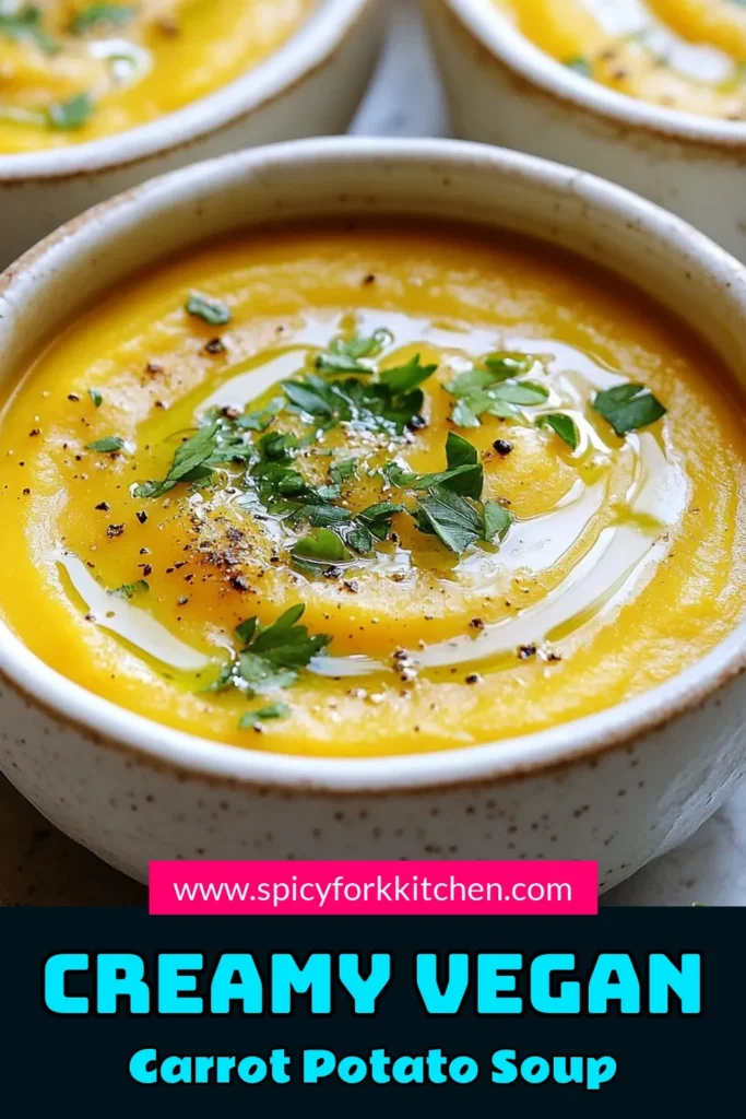 Looking for a delicious and nutritious meal? Try this Vegan Carrot Potato Soup, a wholesome healthy vegetable soup recipe that's perfect for any occasion. It's an easy vegan soup that combines the goodness of carrots and potatoes into a creamy vegan soup that everyone will love. With homemade vegetable broth soup, this recipe guarantees comfort in every bowl. Save this recipe for your next meal and enjoy! #VeganRecipes #HealthySoup #ComfortFood #EasyDinners