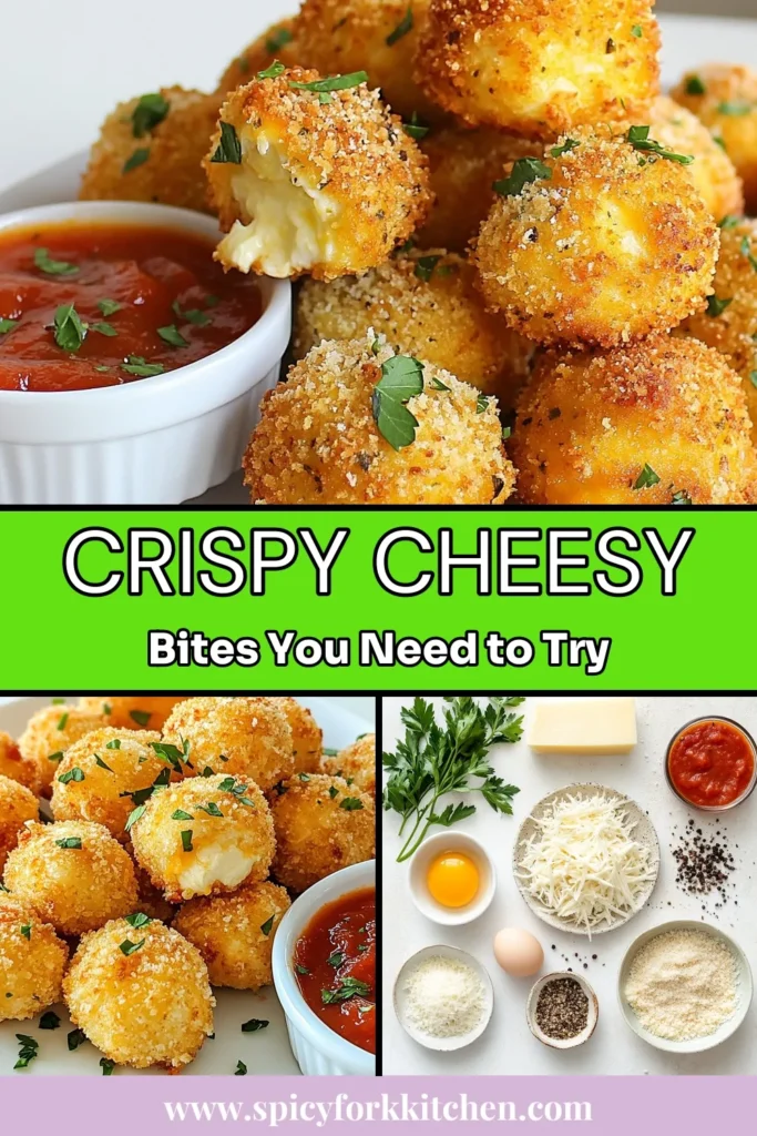 Indulge in these Cheesy Mozzarella Bites, a delightful snack that combines gooey mozzarella and savory Parmesan for the perfect crispy cheese appetizers. This baked cheese balls recipe is not only easy to make but also pairs beautifully with an easy marinara dipping sauce. Ideal for parties or game day, these Parmesan cheese snacks are guaranteed to impress. Save the recipe and try it today! #CheesyMozzarellaBites #CrispyCheeseAppetizers #ParmesanCheeseSnacks #BakedCheeseBalls