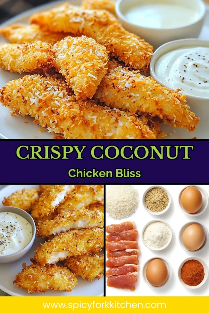 Indulge in these Crispy Coconut Chicken Strips, a delicious twist on a classic fried chicken strips recipe. This easy chicken finger recipe features tender chicken coated in a crunchy panko coconut layer, perfect for dipping. With minimal prep time and irresistible flavor, it's ideal for weeknight dinners or entertaining guests. Try this coconut chicken recipe and elevate your meals today! Save this recipe for later. #CoconutChicken #EasyRecipes #ChickenFingers #FriedChicken