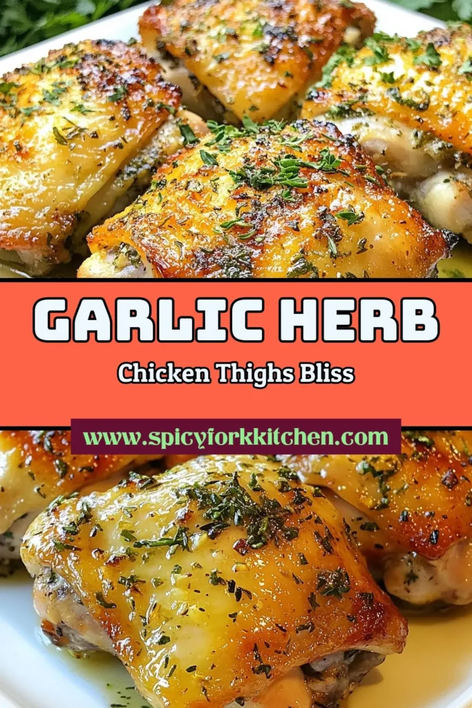 Discover the mouthwatering flavors of garlic herb roasted chicken thighs with this easy chicken thigh recipe. Perfectly juicy and crispy, these oven roasted chicken thighs are seasoned with a flavorful chicken thigh marinade that features garlic, thyme, and lemon. Ready in under an hour, this dish is sure to impress! Try it today and elevate your dinner game. Save this for later! #GarlicHerbChicken #CrispyChickenThighs #EasyRecipes #CookingJoy