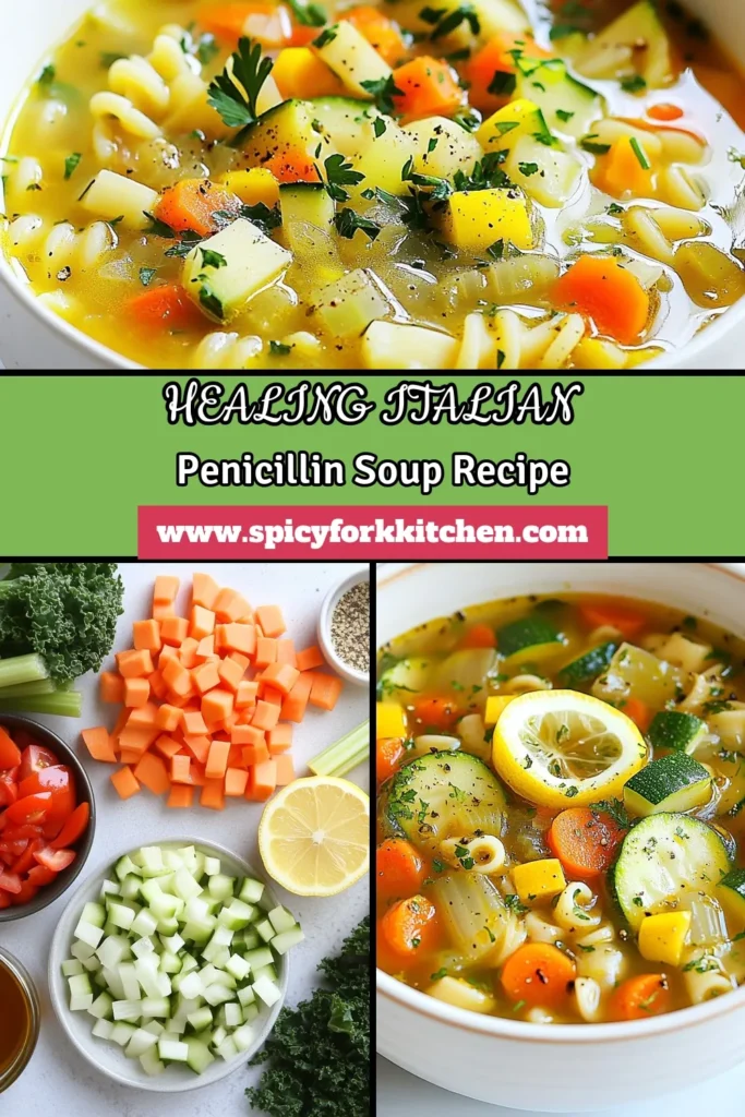 Warm up with this delicious Italian Penicillin Soup, a healthy Italian soup packed with flavor and nutrients. This vegetable broth soup recipe features fresh veggies, whole grain pasta, and kale for a wholesome meal. The addition of lemon brightens the dish, making it perfect for any day. Try this comforting soup today and enjoy a nourishing bowl of goodness! Save this recipe for your next cooking adventure! #ItalianPenicillinSoup #HealthyItalianSoup #WholeGrainPastaSoup #VegetableBrothSoupRecipe
